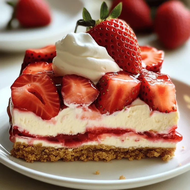 To make the best Strawberry Cheesecake Icebox Cake, you need fresh strawberries. Use about 2 cups of hulled and sliced strawberries. Look for bright red berries that smell sweet. This will make your cake taste amazing. The cream cheese filling is the star of this cake. You need 8 oz of softened cream cheese to start. Mix this with 1/2 cup of powdered sugar and 1 teaspoon of vanilla extract. This combination creates a rich and sweet flavor. Then, whip 1 cup of heavy cream until it holds stiff peaks. Fold the whipped cream into the cream cheese mixture gently. This step keeps the filling light and airy. For the crust, gather 1 cup of graham cracker crumbs and 1/4 cup of melted unsalted butter. Add a small pinch of salt to bring out the flavors. Combine these ingredients in a bowl. This mixture should look like wet sand. Press it firmly into the bottom of your dish. This crust adds a crunchy base to your creamy cake. To make the crust, grab a medium bowl. Mix 1 cup of graham cracker crumbs with 1/4 cup of melted unsalted butter and a pinch of salt. Stir until it feels like wet sand. Next, press this mixture into the bottom of an 8x8-inch dish. Make sure it’s even and packed tight. In a large bowl, use an electric mixer to beat 8 oz of softened cream cheese until smooth. Slowly add in 1/2 cup of powdered sugar and 1 teaspoon of vanilla extract. Mix this until it becomes creamy. In another bowl, whip 1 cup of heavy whipping cream until it forms stiff peaks. Gently fold this whipped cream into the cream cheese mixture until it is smooth. Now it's time to layer. First, spread the sliced fresh strawberries evenly over the crust. Spoon half of the cheesecake filling on top of the strawberries, smoothing it out. Then, add another layer of sliced strawberries. Finally, spoon the rest of the cheesecake filling on top. Smooth it out so it covers the strawberries completely. Cover the dish with plastic wrap and place it in the fridge. Let it chill for at least 4 hours, but overnight is best. This time allows the cake to set properly. When you’re ready to serve, garnish with more fresh strawberries and a dollop of whipped cream for a delightful touch! Whipped cream makes this dessert light and fluffy. Start with chilled heavy cream. Cold cream whips better and faster. Use a clean bowl and beaters for best results. Beat the cream until stiff peaks form. This means the cream holds its shape well. Fold the whipped cream gently into the cream cheese mix. This way, you keep it airy and light. The texture of your icebox cake is key. Make sure the cream cheese is soft. Soft cream cheese blends smoothly with the sugar and vanilla. Mix until there are no lumps. When you layer the cake, smooth out each layer well. This helps every bite taste even and rich. Let it chill in the fridge for at least four hours. Overnight is best to get that perfect set. When ready to serve, slice the cake into squares. Place each piece on a dessert plate. Garnish with whole strawberries and whipped cream. This adds a nice touch and looks pretty. You can also drizzle some strawberry sauce on top for extra flavor. Enjoy your delicious treat with family and friends! {{image_2}} You can switch the strawberries for other berries. Try blueberries, raspberries, or blackberries. Each berry adds a unique taste and color. You can mix different berries too! This gives a fun twist to your cake. Use the same amount of berries as the recipe calls for. The process stays the same, making it easy to explore new flavors. To make this cake gluten-free, swap the graham crackers. Use gluten-free graham crackers or crushed nuts. Almond flour is a great choice as a base. Mix it with melted butter and a pinch of salt. Press this mix into the dish for a tasty crust. This way, everyone can enjoy this dessert without worry. To make a vegan version, replace the cream cheese. Use vegan cream cheese or blended silken tofu. Sweeten with maple syrup or coconut sugar. For the whipped cream, use coconut cream. Chill a can of coconut milk, then whip the solid part. This keeps the cake creamy and delicious. You will still get that delightful cheesecake flavor! To keep your Strawberry Cheesecake Icebox Cake fresh, store it in the fridge. Use an airtight container or cover it tightly with plastic wrap. This helps maintain its creamy texture and prevents it from absorbing other smells in the fridge. If you want to store the cake for a longer time, freezing works well. First, slice the cake into squares. Wrap each piece in plastic wrap, then place them in a freezer-safe bag. Label the bag with the date. You can freeze it for up to three months. In the fridge, the icebox cake lasts about four days. After that, the strawberries may get mushy, and the crust can become soggy. If you freeze it, remember to eat it within three months for the best taste. Always check for any off smells or changes in color before serving. Yes, you can use frozen strawberries. Just thaw them first. Drain excess water before adding them to the cake. They work well, but fresh strawberries taste best. You can keep this icebox cake in the fridge for up to four days. Make sure to cover it tightly with plastic wrap or a lid. This way, it stays fresh and tasty. Absolutely! In fact, making this dessert ahead is a great idea. It needs time to set in the fridge. Prepare it a day in advance for the best flavor and texture. If you want a lighter option, you can use coconut cream or whipped topping. Both will give you a nice texture. Just remember, the flavor might change a bit. This blog post covered how to make a delicious icebox cake. We explored key ingredients like fresh strawberries, the cream cheese mixture, and the crust. I shared easy step-by-step instructions to prepare the cake, along with helpful tips for perfecting it. We also discussed flavor variations and how to store your cake. In closing, this dessert is simple and fun to make. Enjoy the sweet taste and impress your family and friends!