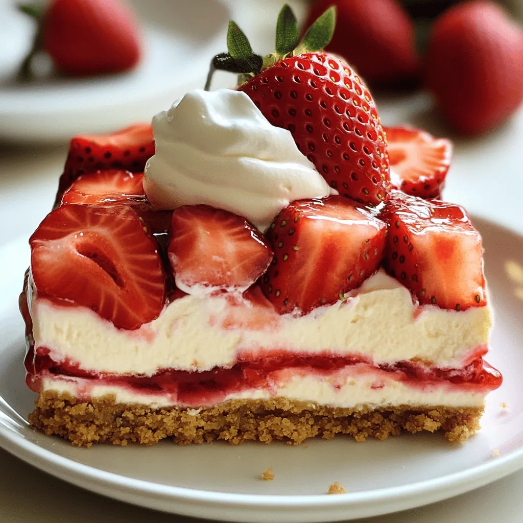 To make the best Strawberry Cheesecake Icebox Cake, you need fresh strawberries. Use about 2 cups of hulled and sliced strawberries. Look for bright red berries that smell sweet. This will make your cake taste amazing. The cream cheese filling is the star of this cake. You need 8 oz of softened cream cheese to start. Mix this with 1/2 cup of powdered sugar and 1 teaspoon of vanilla extract. This combination creates a rich and sweet flavor. Then, whip 1 cup of heavy cream until it holds stiff peaks. Fold the whipped cream into the cream cheese mixture gently. This step keeps the filling light and airy. For the crust, gather 1 cup of graham cracker crumbs and 1/4 cup of melted unsalted butter. Add a small pinch of salt to bring out the flavors. Combine these ingredients in a bowl. This mixture should look like wet sand. Press it firmly into the bottom of your dish. This crust adds a crunchy base to your creamy cake. To make the crust, grab a medium bowl. Mix 1 cup of graham cracker crumbs with 1/4 cup of melted unsalted butter and a pinch of salt. Stir until it feels like wet sand. Next, press this mixture into the bottom of an 8x8-inch dish. Make sure it’s even and packed tight. In a large bowl, use an electric mixer to beat 8 oz of softened cream cheese until smooth. Slowly add in 1/2 cup of powdered sugar and 1 teaspoon of vanilla extract. Mix this until it becomes creamy. In another bowl, whip 1 cup of heavy whipping cream until it forms stiff peaks. Gently fold this whipped cream into the cream cheese mixture until it is smooth. Now it's time to layer. First, spread the sliced fresh strawberries evenly over the crust. Spoon half of the cheesecake filling on top of the strawberries, smoothing it out. Then, add another layer of sliced strawberries. Finally, spoon the rest of the cheesecake filling on top. Smooth it out so it covers the strawberries completely. Cover the dish with plastic wrap and place it in the fridge. Let it chill for at least 4 hours, but overnight is best. This time allows the cake to set properly. When you’re ready to serve, garnish with more fresh strawberries and a dollop of whipped cream for a delightful touch! Whipped cream makes this dessert light and fluffy. Start with chilled heavy cream. Cold cream whips better and faster. Use a clean bowl and beaters for best results. Beat the cream until stiff peaks form. This means the cream holds its shape well. Fold the whipped cream gently into the cream cheese mix. This way, you keep it airy and light. The texture of your icebox cake is key. Make sure the cream cheese is soft. Soft cream cheese blends smoothly with the sugar and vanilla. Mix until there are no lumps. When you layer the cake, smooth out each layer well. This helps every bite taste even and rich. Let it chill in the fridge for at least four hours. Overnight is best to get that perfect set. When ready to serve, slice the cake into squares. Place each piece on a dessert plate. Garnish with whole strawberries and whipped cream. This adds a nice touch and looks pretty. You can also drizzle some strawberry sauce on top for extra flavor. Enjoy your delicious treat with family and friends! {{image_2}} You can switch the strawberries for other berries. Try blueberries, raspberries, or blackberries. Each berry adds a unique taste and color. You can mix different berries too! This gives a fun twist to your cake. Use the same amount of berries as the recipe calls for. The process stays the same, making it easy to explore new flavors. To make this cake gluten-free, swap the graham crackers. Use gluten-free graham crackers or crushed nuts. Almond flour is a great choice as a base. Mix it with melted butter and a pinch of salt. Press this mix into the dish for a tasty crust. This way, everyone can enjoy this dessert without worry. To make a vegan version, replace the cream cheese. Use vegan cream cheese or blended silken tofu. Sweeten with maple syrup or coconut sugar. For the whipped cream, use coconut cream. Chill a can of coconut milk, then whip the solid part. This keeps the cake creamy and delicious. You will still get that delightful cheesecake flavor! To keep your Strawberry Cheesecake Icebox Cake fresh, store it in the fridge. Use an airtight container or cover it tightly with plastic wrap. This helps maintain its creamy texture and prevents it from absorbing other smells in the fridge. If you want to store the cake for a longer time, freezing works well. First, slice the cake into squares. Wrap each piece in plastic wrap, then place them in a freezer-safe bag. Label the bag with the date. You can freeze it for up to three months. In the fridge, the icebox cake lasts about four days. After that, the strawberries may get mushy, and the crust can become soggy. If you freeze it, remember to eat it within three months for the best taste. Always check for any off smells or changes in color before serving. Yes, you can use frozen strawberries. Just thaw them first. Drain excess water before adding them to the cake. They work well, but fresh strawberries taste best. You can keep this icebox cake in the fridge for up to four days. Make sure to cover it tightly with plastic wrap or a lid. This way, it stays fresh and tasty. Absolutely! In fact, making this dessert ahead is a great idea. It needs time to set in the fridge. Prepare it a day in advance for the best flavor and texture. If you want a lighter option, you can use coconut cream or whipped topping. Both will give you a nice texture. Just remember, the flavor might change a bit. This blog post covered how to make a delicious icebox cake. We explored key ingredients like fresh strawberries, the cream cheese mixture, and the crust. I shared easy step-by-step instructions to prepare the cake, along with helpful tips for perfecting it. We also discussed flavor variations and how to store your cake. In closing, this dessert is simple and fun to make. Enjoy the sweet taste and impress your family and friends!