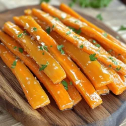 - 6 medium-sized carrots, cut into thin strips - 2 tablespoons olive oil - 3 tablespoons pure maple syrup - 1 teaspoon garlic powder - 1 teaspoon smoked paprika - Salt and pepper to taste - Fresh parsley, finely chopped (for garnish) Carrots are the star of this dish. They give a sweet taste and bright color. I like to use medium-sized carrots so they cut easily into strips. Next, we need olive oil. This oil helps the carrots crisp up nicely in the oven. You can also use other oils, but olive oil adds a great flavor. Maple syrup is my secret weapon. It brings a sweet, rich taste that pairs well with the carrots. Use pure maple syrup for the best flavor. Garlic powder adds a savory kick. It balances the sweetness of the syrup. Smoked paprika gives a hint of smokiness that makes these fries special. Don’t forget salt and pepper! They enhance all the flavors. Just use them to your liking. Lastly, fresh parsley is a lovely touch. It adds color and freshness when you serve the fries. These ingredients come together to make a tasty and healthy snack. You will love the sweet and savory flavors! - Preparing the Baking Sheet: First, grab a baking sheet. Line it with parchment paper. This helps the fries not stick to the sheet. It also makes for easy cleanup. - Preheating the Oven: Now, turn on your oven to 425°F (220°C). This is the right temperature for crispy fries. Let it heat while you prepare the carrots. - Combining Carrot Strips with Coating: In a large bowl, add the carrot strips. Pour in the olive oil and maple syrup. Then, sprinkle the garlic powder, smoked paprika, salt, and pepper. Toss everything together. Make sure each carrot strip gets coated well. This mix gives the fries a sweet and savory flavor. - Spreading on Baking Sheet: Take the coated carrot strips. Spread them out on your prepared baking sheet. Place them in a single layer. This step is key. If they overlap, they won’t cook evenly. - Baking Process and Flipping: Place the baking sheet in the oven. Bake for 20-25 minutes. Halfway through, take them out and flip the fries. This helps them brown on both sides. When they look golden and caramelized, they are ready. To get crispy carrot fries, follow these steps. First, cut the carrots into thin strips. This helps them cook evenly. Next, spread the carrot fries in a single layer on your baking sheet. Avoid overcrowding. If the fries touch, they will steam instead of bake. For even baking, flip the fries halfway through cooking. This ensures all sides get nice and crispy. You may need to adjust the cooking time based on your oven. If you like them extra crispy, add a few more minutes. To make your maple glazed carrot fries pop, add some seasonings. Garlic powder is a great start. It gives a savory touch. Smoked paprika adds a nice, smoky flavor. You can also sprinkle salt and pepper to taste. If you want a kick, add a pinch of cayenne pepper. This heat balances the sweet maple syrup. Don’t be afraid to experiment. Each spice can change the flavor profile, making it unique. Garnishing makes a dish look appealing. After baking, sprinkle fresh parsley on top. This adds color and freshness. For serving, consider using a fun platter or bowl. You can pair these fries with a dip. A yogurt-based dip or ranch works well. This adds a creamy element to the sweet fries. Enjoy your beautiful, tasty, and healthy snack! {{image_2}} Using Different Vegetables You can switch carrots for other veggies. Try sweet potatoes, parsnips, or zucchini. Each veggie will give a unique taste and texture. Cut them into thin strips, just like the carrots. This change keeps the snack fresh and exciting. Varying Sweeteners Maple syrup is sweet and rich, but you can use other sweeteners. Honey or agave nectar works well too. If you want less sugar, use a sugar substitute like stevia. Each option will change the flavor a bit, so try them out! Savory vs. Sweet Profiles You can make your fries sweet or savory. For a sweeter taste, add more maple syrup. If you like savory, skip the sweeteners and add more spices. Try chili powder or cumin for a kick. This way, you can enjoy different flavors every time. Adding Herbs and Spices Fresh herbs and spices can elevate your carrot fries. Try rosemary or thyme for a fragrant twist. If you want heat, add cayenne pepper or red pepper flakes. Mix and match to find your favorite flavor combination! Air Fryer Instructions Using an air fryer is a quick and easy method. Coat the carrot strips as before. Place them in the air fryer basket in a single layer. Cook at 400°F (200°C) for about 15 minutes. Shake the basket halfway through for even cooking. Grilling Option Grilling adds a smoky flavor to your fries. Toss the carrot strips with your glaze. Then, place them on a grill basket. Grill over medium heat for about 10-15 minutes. Turn them often to avoid burning. Enjoy the charred goodness! Store your leftover carrot fries in the fridge. Place them in an airtight container. This keeps them fresh for up to three days. If you have a lot, divide them into smaller portions. This makes it easy to grab a quick snack. To reheat, use the oven or an air fryer. Preheat your oven to 350°F (175°C). Spread the fries on a baking sheet. Bake them for about 10 minutes. This helps keep them crispy. If using an air fryer, set it to 350°F (175°C) for 5-7 minutes. You can freeze carrot fries before cooking. Just cut and coat them, then lay them flat on a tray. Freeze until solid, then transfer to a freezer bag. For freezing after cooking, let them cool first. Then, place them in an airtight container. They can last up to three months. Yes, you can use baby carrots. They will work well in this recipe. Just cut them into thin strips. This will help them cook evenly, just like regular carrots. You can tell the fries are done when they turn golden brown. They should also be soft on the inside. If they are crispy on the edges, that's a good sign too. Check them around 20 minutes into baking. Flip them halfway for even cooking. These carrot fries pair well with many dishes. You can serve them with grilled chicken or fish. They also go well with a fresh salad. For a dip, try ranch or garlic sauce. Yes, carrot fries are healthier than regular fries. Carrots have more vitamins and less fat. They are lower in calories too. Plus, they have natural sweetness from the maple syrup. Yes, this recipe is already vegan-friendly. It uses plant-based ingredients like carrots and maple syrup. Just ensure your olive oil is vegan. You can enjoy these tasty fries without any animal products. In this article, we explored how to make delicious maple glazed carrot fries. We covered the key ingredients like carrots, olive oil, and spices, along with step-by-step instructions for perfect baking. I shared tips for the best texture and flavor, as well as variations and storage info. With this recipe, you can enjoy a tasty snack that is easy to make and customize. Try it out and impress your family with your cooking skills while enjoying these healthy fries!