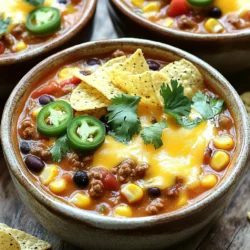 - 1 lb ground beef (or turkey) - 1 medium onion, diced - 2 cloves garlic, minced - 1 can (15 oz) black beans, rinsed and drained - 1 can (15 oz) corn, drained - 1 can (10 oz) diced tomatoes with green chilies - 2 cups beef broth - 1 cup cheddar cheese, shredded - 1 cup Monterey Jack cheese, shredded - ½ cup sour cream - Tortilla chips, for topping The heart of this soup lies in its main ingredients. Ground beef or turkey brings a savory depth. I love using turkey for a leaner option. Onions and garlic add layers of flavor. The black beans and corn give it a hearty texture. The diced tomatoes with green chilies bring a touch of zest. Beef broth ties everything together, creating a rich base. Finally, the cheeses melt in beautifully, making each bowl creamy and inviting. - 1 packet taco seasoning In this recipe, taco seasoning is a game-changer. It adds spice without extra effort. The mix usually includes cumin, chili powder, and paprika. Garlic and onion already work their magic, enhancing the overall taste. These spices create a warm flavor profile that pairs perfectly with the other ingredients. - Sliced jalapeños - Fresh cilantro - Tortilla chips for serving Toppings add fun and crunch. Sliced jalapeños can bring heat. Fresh cilantro gives a burst of freshness. Tortilla chips are a must for a satisfying crunch. Feel free to mix and match the toppings. They make each bowl uniquely yours. First, heat a skillet over medium heat. Add the ground beef and diced onion. Cook until the beef is browned and the onion is soft, which takes about 5 to 7 minutes. Then, add minced garlic and sauté for one more minute. This step gives your soup a great base flavor. After that, drain any excess fat from the skillet. This keeps the soup from being too greasy. Next, transfer the beef mixture to your slow cooker. Add the following ingredients: - 1 can (15 oz) black beans, rinsed and drained - 1 can (15 oz) corn, drained - 1 can (10 oz) diced tomatoes with green chilies - 2 cups beef broth - 1 packet taco seasoning Stir everything together well. This mix is what makes the soup hearty and flavorful. Now it’s time to set up your slow cooker. Cover it and set it to cook on low for 5 hours or high for 3 hours. This slow cooking lets all the flavors blend perfectly. About 30 minutes before serving, stir in 1 cup of shredded cheddar cheese and 1 cup of Monterey Jack cheese. Wait until the cheese melts and gets creamy. Just before serving, mix in ½ cup of sour cream for extra creaminess. Now, your loaded nacho soup is almost ready to enjoy! To get the best cheese melt, add cheese towards the end. I recommend stirring in cheese about 30 minutes before serving. This allows the cheese to get creamy without overcooking. Consider using a mix of cheddar and Monterey Jack cheese. Cheddar gives a nice sharp taste, while Monterey Jack adds a smooth texture. You can also try pepper jack for a spicy kick! Fresh spices make a big difference in flavor. I love using fresh garlic and onion in this soup. They add depth and warmth. You can also enhance the soup with fresh herbs like cilantro. Adding a splash of lime juice can brighten the dish. If you like it spicy, consider adding diced jalapeños or a dash of hot sauce. These little tweaks can really boost the taste! For sides, serve this soup with tortilla chips for crunch. Pair it with a nice cold drink like iced tea or a light beer. When serving, use deep bowls to hold all the toppings! Top the soup with crunchy tortilla chips, sliced jalapeños, and fresh cilantro. This makes for a colorful and tasty presentation that everyone will love. {{image_2}} You can mix up the meat in this soup. Ground turkey works great if you want a lighter option. If you prefer a plant-based dish, try using lentils or mushrooms as a meat alternative. They add a nice texture. For those needing dairy-free or gluten-free options, check labels on your ingredients. Use vegan cheese for a dairy-free twist. Corn tortillas can replace traditional chips for a gluten-free option. Want more spice? Add chopped jalapeños or a splash of hot sauce to the slow cooker. You can also try adding a pinch of smoked paprika for a rich flavor. If you enjoy different tastes, use a taco seasoning mix that has a bit of heat. To make this soup fully vegetarian, skip the meat and use vegetable broth instead of beef broth. You can still add black beans and corn for protein. For extra protein, mix in chickpeas or quinoa. These alternatives keep the soup hearty and filling. Store any leftover loaded nacho soup in an airtight container. This keeps it fresh and tasty. You can refrigerate the soup for up to three days. Make sure to let it cool before sealing it. Always check for any signs of spoilage before eating. To freeze loaded nacho soup, use freezer-safe containers. Leave some space at the top for expansion. The soup can last in the freezer for about three months. When you’re ready to eat, move it to the fridge to thaw overnight. For a quicker method, you can use the microwave on the defrost setting. To keep the flavor and texture, avoid adding sour cream or cheese before freezing. Add these ingredients when you reheat the soup. When reheating, do it slowly on the stove. This helps to keep the soup creamy and delicious. Stir well as it warms up. To add heat, try using sliced jalapeños. You can also add hot sauce or red pepper flakes. Another option is to use spicy taco seasoning instead of regular. For a fresh taste, mix in chopped fresh chilies right before serving. This way, you can adjust the spice to your liking. Yes, you can cook this soup on the stovetop. Start by browning the ground beef and onion in a large pot. Drain the fat, then add garlic. Next, stir in the black beans, corn, diced tomatoes, beef broth, and taco seasoning. Let it simmer for about 30 minutes on low heat. Add the cheeses and sour cream just before serving. Absolutely! You can prepare the soup a day ahead. Just follow the recipe up to the cooking step. Store it in the fridge overnight. When you’re ready to eat, reheat it on the stove or in the slow cooker. Add cheese and sour cream before serving for the best taste. This blog post outlined how to make a delicious loaded nacho soup. We discussed main ingredients, spices, and optional toppings. I shared step-by-step instructions for cooking and tips for getting the best flavor. You can also try different variations and learn how to store your leftovers. In the end, making this soup is easy and fun. Enjoy your tasty creation and feel free to customize it any way you like!
