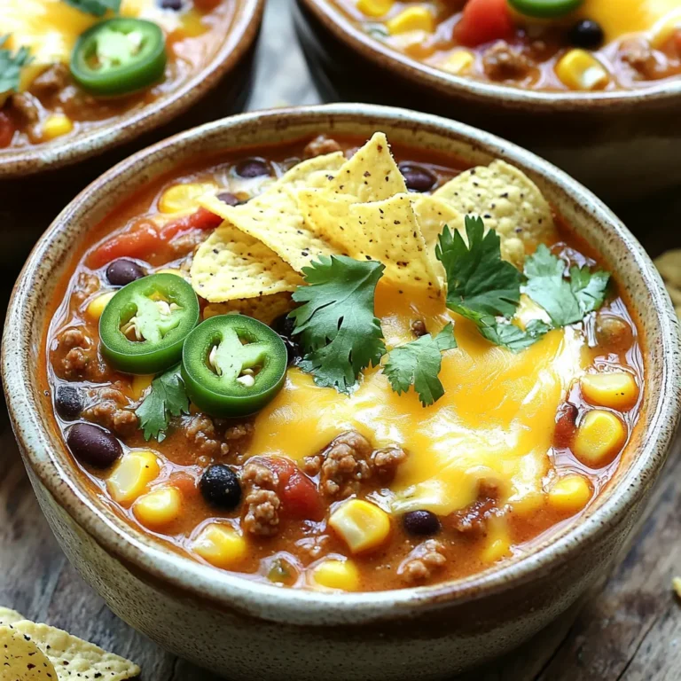 - 1 lb ground beef (or turkey) - 1 medium onion, diced - 2 cloves garlic, minced - 1 can (15 oz) black beans, rinsed and drained - 1 can (15 oz) corn, drained - 1 can (10 oz) diced tomatoes with green chilies - 2 cups beef broth - 1 cup cheddar cheese, shredded - 1 cup Monterey Jack cheese, shredded - ½ cup sour cream - Tortilla chips, for topping The heart of this soup lies in its main ingredients. Ground beef or turkey brings a savory depth. I love using turkey for a leaner option. Onions and garlic add layers of flavor. The black beans and corn give it a hearty texture. The diced tomatoes with green chilies bring a touch of zest. Beef broth ties everything together, creating a rich base. Finally, the cheeses melt in beautifully, making each bowl creamy and inviting. - 1 packet taco seasoning In this recipe, taco seasoning is a game-changer. It adds spice without extra effort. The mix usually includes cumin, chili powder, and paprika. Garlic and onion already work their magic, enhancing the overall taste. These spices create a warm flavor profile that pairs perfectly with the other ingredients. - Sliced jalapeños - Fresh cilantro - Tortilla chips for serving Toppings add fun and crunch. Sliced jalapeños can bring heat. Fresh cilantro gives a burst of freshness. Tortilla chips are a must for a satisfying crunch. Feel free to mix and match the toppings. They make each bowl uniquely yours. First, heat a skillet over medium heat. Add the ground beef and diced onion. Cook until the beef is browned and the onion is soft, which takes about 5 to 7 minutes. Then, add minced garlic and sauté for one more minute. This step gives your soup a great base flavor. After that, drain any excess fat from the skillet. This keeps the soup from being too greasy. Next, transfer the beef mixture to your slow cooker. Add the following ingredients: - 1 can (15 oz) black beans, rinsed and drained - 1 can (15 oz) corn, drained - 1 can (10 oz) diced tomatoes with green chilies - 2 cups beef broth - 1 packet taco seasoning Stir everything together well. This mix is what makes the soup hearty and flavorful. Now it’s time to set up your slow cooker. Cover it and set it to cook on low for 5 hours or high for 3 hours. This slow cooking lets all the flavors blend perfectly. About 30 minutes before serving, stir in 1 cup of shredded cheddar cheese and 1 cup of Monterey Jack cheese. Wait until the cheese melts and gets creamy. Just before serving, mix in ½ cup of sour cream for extra creaminess. Now, your loaded nacho soup is almost ready to enjoy! To get the best cheese melt, add cheese towards the end. I recommend stirring in cheese about 30 minutes before serving. This allows the cheese to get creamy without overcooking. Consider using a mix of cheddar and Monterey Jack cheese. Cheddar gives a nice sharp taste, while Monterey Jack adds a smooth texture. You can also try pepper jack for a spicy kick! Fresh spices make a big difference in flavor. I love using fresh garlic and onion in this soup. They add depth and warmth. You can also enhance the soup with fresh herbs like cilantro. Adding a splash of lime juice can brighten the dish. If you like it spicy, consider adding diced jalapeños or a dash of hot sauce. These little tweaks can really boost the taste! For sides, serve this soup with tortilla chips for crunch. Pair it with a nice cold drink like iced tea or a light beer. When serving, use deep bowls to hold all the toppings! Top the soup with crunchy tortilla chips, sliced jalapeños, and fresh cilantro. This makes for a colorful and tasty presentation that everyone will love. {{image_2}} You can mix up the meat in this soup. Ground turkey works great if you want a lighter option. If you prefer a plant-based dish, try using lentils or mushrooms as a meat alternative. They add a nice texture. For those needing dairy-free or gluten-free options, check labels on your ingredients. Use vegan cheese for a dairy-free twist. Corn tortillas can replace traditional chips for a gluten-free option. Want more spice? Add chopped jalapeños or a splash of hot sauce to the slow cooker. You can also try adding a pinch of smoked paprika for a rich flavor. If you enjoy different tastes, use a taco seasoning mix that has a bit of heat. To make this soup fully vegetarian, skip the meat and use vegetable broth instead of beef broth. You can still add black beans and corn for protein. For extra protein, mix in chickpeas or quinoa. These alternatives keep the soup hearty and filling. Store any leftover loaded nacho soup in an airtight container. This keeps it fresh and tasty. You can refrigerate the soup for up to three days. Make sure to let it cool before sealing it. Always check for any signs of spoilage before eating. To freeze loaded nacho soup, use freezer-safe containers. Leave some space at the top for expansion. The soup can last in the freezer for about three months. When you’re ready to eat, move it to the fridge to thaw overnight. For a quicker method, you can use the microwave on the defrost setting. To keep the flavor and texture, avoid adding sour cream or cheese before freezing. Add these ingredients when you reheat the soup. When reheating, do it slowly on the stove. This helps to keep the soup creamy and delicious. Stir well as it warms up. To add heat, try using sliced jalapeños. You can also add hot sauce or red pepper flakes. Another option is to use spicy taco seasoning instead of regular. For a fresh taste, mix in chopped fresh chilies right before serving. This way, you can adjust the spice to your liking. Yes, you can cook this soup on the stovetop. Start by browning the ground beef and onion in a large pot. Drain the fat, then add garlic. Next, stir in the black beans, corn, diced tomatoes, beef broth, and taco seasoning. Let it simmer for about 30 minutes on low heat. Add the cheeses and sour cream just before serving. Absolutely! You can prepare the soup a day ahead. Just follow the recipe up to the cooking step. Store it in the fridge overnight. When you’re ready to eat, reheat it on the stove or in the slow cooker. Add cheese and sour cream before serving for the best taste. This blog post outlined how to make a delicious loaded nacho soup. We discussed main ingredients, spices, and optional toppings. I shared step-by-step instructions for cooking and tips for getting the best flavor. You can also try different variations and learn how to store your leftovers. In the end, making this soup is easy and fun. Enjoy your tasty creation and feel free to customize it any way you like!