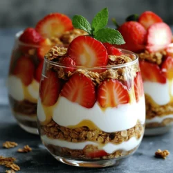 - 2 cups Greek yogurt (plain or vanilla) - 1 cup cream cheese, softened - 1/4 cup honey or maple syrup - 1 teaspoon vanilla extract To make strawberry cheesecake yogurt parfaits, start with Greek yogurt. You can use either plain or vanilla yogurt. Next, you need cream cheese. Soften it first for easy mixing. Add honey or maple syrup for sweetness. One teaspoon of vanilla extract adds a lovely flavor. These four ingredients work together to form a creamy base. - 1 cup fresh strawberries, hulled and sliced - 1/2 cup granola (your choice) - Fresh mint leaves for garnish (optional) For toppings, fresh strawberries are a must. They add color and taste. You can slice them for easy layering. Granola adds a nice crunch. Choose your favorite kind for extra flavor. Lastly, fresh mint leaves can make the parfaits pop. They are optional but look great. These toppings not only enhance taste but also make your parfaits eye-catching. To start, gather your ingredients. In a mixing bowl, combine 1 cup of softened cream cheese, 2 cups of Greek yogurt, 1/4 cup of honey, and 1 teaspoon of vanilla extract. Next, use a hand mixer to beat the mixture. Mix until it is smooth and creamy. This step is key for a great texture. Make sure there are no lumps. Now, let’s focus on the strawberries. Take 1 cup of fresh strawberries, hull them, and slice them. In a separate bowl, toss them with a teaspoon of honey. This adds a nice sweetness. When choosing strawberries, look for ones that are bright red and firm. They should have a sweet smell. Avoid any that are soft or moldy. For layering, grab your serving glasses or bowls. Start with a layer of the cheesecake mixture at the bottom. Spoon a layer of the sliced strawberries over this layer. Continue layering in this order. Repeat until you reach the top of the glass. Finish with a final layer of cheesecake mixture. Top with a few sliced strawberries for a pretty finish. Next, let’s add some crunch. Choose a granola that you love. Sprinkle a layer of granola on top of the strawberries. This adds a satisfying crunch. If you want alternatives, consider using crushed nuts or coconut flakes. Both options add great texture and flavor. Before serving, add a sprig of fresh mint if you like. This gives a nice touch. Place the parfaits in the fridge for at least 30 minutes. Chilling helps the flavors blend together. For a lovely presentation, use clear glasses. This way, everyone can see those beautiful layers. Enjoy your delicious Strawberry Cheesecake Yogurt Parfaits! You can prepare these parfaits in advance. Store the cheesecake mixture and the strawberries separately. This keeps everything fresh. You can mix the layers right before you serve. Keep the cheesecake mix in the fridge for up to three days. Sliced strawberries can last about two days when stored well. Adjust the sweetness to your taste. Try using less honey or maple syrup if you prefer. You can also add a splash of lemon juice for a tart kick. Explore different fruits like blueberries, raspberries, or peaches. Each fruit adds a unique flavor and color. If you want to make it dairy-free, use coconut yogurt instead of Greek yogurt. For a low-carb option, swap honey with a sugar substitute. You can use almond flour for granola or skip it altogether. This way, you can enjoy a tasty treat that fits your diet. {{image_2}} You can easily swap strawberries for other fruits. Berries, peaches, or bananas work well. Each fruit adds its own twist. For berries, use blueberries, raspberries, or blackberries. Just slice peaches or bananas and layer them in the parfait. When adapting, keep the sweetness in mind. You might want to adjust the honey based on the fruit's natural sweetness. Adding lemon or chocolate can change the taste. A bit of lemon zest brightens the whole dish. For chocolate lovers, mix cocoa powder into the yogurt. You can also use chocolate syrup as a drizzle. For infused flavors, try adding vanilla bean or almond extract. These small changes can create a whole new dessert experience. Finding gluten-free granola is easy. Many brands offer great choices. Look for oats that are certified gluten-free. You can also make your own granola. Use oats, nuts, and seeds to create a crunchy layer. This way, you control the ingredients. If you want a full gluten-free recipe, just replace the granola and ensure all ingredients are gluten-free. Enjoy your parfait without worry! To keep your strawberry cheesecake yogurt parfaits fresh, refrigerate them right after making. Place them in an airtight container or cover them tightly. This helps seal in flavor and moisture. You can store parfaits for up to three days in the fridge. Look for signs that your parfaits are no longer fresh. If you see liquid separation, off smells, or a change in color, it’s best to toss them. Enjoy them while they are still tasty! Can you freeze strawberry cheesecake parfaits? Yes, you can! Freezing these parfaits is a great way to save leftovers. However, the texture may change after thawing. To freeze, layer the parfaits in freezer-safe containers and cover them well. You can also freeze the cheesecake mixture and strawberries separately. When you're ready to eat, thaw in the fridge overnight. This keeps the parfaits from getting too watery. You can use plain yogurt or dairy-free yogurt. Both options work well. If you want a creamy texture, look for full-fat yogurt. For a dairy-free choice, use almond or coconut yogurt. These alternatives keep the parfait tasty and rich. You can store these parfaits in the fridge for up to three days. Place them in an airtight container to keep them fresh. After a day or two, the granola may lose its crunch. You can keep the granola separate until serving for added texture. Yes, you can make these parfaits vegan! Use dairy-free cream cheese and yogurt. Replace honey with maple syrup or agave nectar. This way, you keep the sweet flavor without using animal products. Your vegan parfaits will taste just as good! Look for granola that has a mix of oats, nuts, and seeds. Flavors like vanilla or honey add a nice touch. You can also try granola with dried fruits for added sweetness. Choose a crunchy texture to balance the creamy yogurt and cheesecake layers. In this post, we explored how to create delicious strawberry cheesecake parfaits. We covered the key ingredients like Greek yogurt and cream cheese, plus helpful tips for preparation and presentation. Add your favorite toppings, mix it up, and customize to suit your taste or dietary needs. Remember, these parfaits can be made ahead and stored easily. Enjoy these treats as a refreshing dessert or snack. Your culinary creation will impress everyone!
