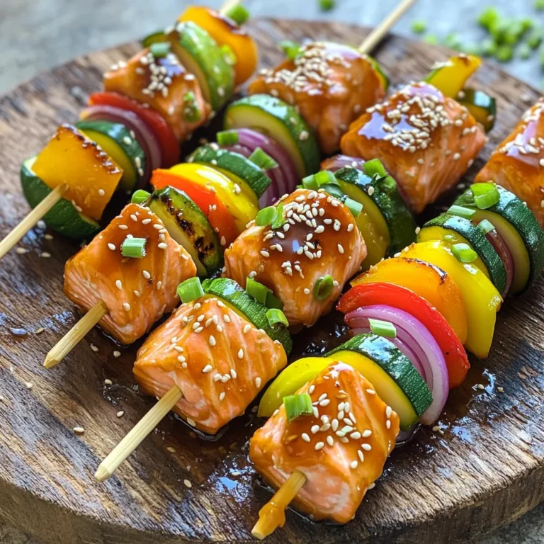 For teriyaki glazed salmon skewers, you need: - 1 lb (450g) salmon fillet, skinless and boneless, cut into 1-inch cubes - 1/4 cup soy sauce (low-sodium if preferred) - 2 tablespoons honey - 1 tablespoon sesame oil - 1 garlic clove, minced - 1 teaspoon fresh ginger, grated - 1 tablespoon rice vinegar Salmon is the star of this dish. Choose good-quality salmon for the best taste. The marinade adds a sweet and savory layer that makes this dish special. To add color and crunch, include these veggies: - 1 bell pepper (red or yellow), cut into 1-inch pieces - 1 small zucchini, sliced into rounds - 1 small red onion, cut into chunks These vegetables not only look great but also soak up the marinade flavors. They balance the richness of the salmon. The marinade is key for flavor. Here’s what makes it shine: - Soy sauce provides umami. - Honey adds sweetness. - Sesame oil gives a nutty taste. - Garlic and ginger add depth. - Rice vinegar brings acidity. Mix these ingredients well. They will coat the salmon and veggies beautifully. Letting them sit in the marinade lets the flavors blend. This step is crucial for a tasty meal. To start, you need to make the teriyaki marinade. Grab a medium bowl and add these simple ingredients: - 1/4 cup soy sauce - 2 tablespoons honey - 1 tablespoon sesame oil - 1 minced garlic clove - 1 teaspoon grated fresh ginger - 1 tablespoon rice vinegar Whisk everything together until it blends well. This is where the magic begins! The soy sauce gives saltiness, while honey adds sweetness. The sesame oil brings a nutty taste, and garlic plus ginger gives a fresh kick. Next, let’s marinate the salmon. Cut your salmon fillet into 1-inch cubes. Place those cubes in the bowl with the marinade. Make sure every piece gets coated. Cover the bowl and refrigerate it for at least 30 minutes. This step is key; it allows the flavors to soak into the salmon. You’ll taste the difference! Now, it’s time to assemble the skewers. Preheat your grill to medium-high heat. Take wooden or metal skewers. If you use wooden ones, soak them in water for 30 minutes first. This helps prevent burning. Thread the salmon cubes onto the skewers, alternating with colorful pieces of bell pepper, zucchini, and red onion. This not only makes the skewers look great but also adds more flavor. Once your skewers are ready, remove them from the marinade. Discard any leftover marinade. Place the skewers on the preheated grill. Grill them for about 3-4 minutes on each side. You want the salmon to be opaque and flaky. This should take about 8-10 minutes in total. After grilling, let the skewers rest for a minute. This helps the juices settle. Enjoy your tasty teriyaki glazed salmon skewers! When marinating salmon, timing is key. I recommend marinating for 30 minutes. This allows the salmon to soak up the flavors of the teriyaki sauce. You can use a glass or ceramic bowl to avoid any reactions with the marinade. Always cover the bowl with plastic wrap to keep the salmon fresh. If you have more time, marinate for up to two hours for even deeper flavor. Grilling gives salmon a smoky flavor that baking cannot match. On the grill, you get delicious char and crispy edges. If you choose to bake, set the oven at 400°F. Place the skewers on a baking sheet lined with foil. Bake for about 12-15 minutes. This method is great if you want a hands-off approach. However, I love the grill for its quick cooking time and fun outdoor vibe. Presentation matters! After grilling, let the skewers rest for a minute. This keeps the salmon moist. Serve the skewers on a large platter. Sprinkle sesame seeds and chopped green onions on top for color. Pair them with steamed rice or a fresh salad for a complete meal. The vibrant colors of the bell peppers and zucchini make the dish eye-catching. Enjoy your beautiful creation! {{image_2}} If you want a change from salmon, try chicken or shrimp. Both proteins work well with teriyaki flavors. For chicken, use boneless thighs cut into cubes. For shrimp, use large, peeled shrimp. Marinate them just like the salmon. Adjust the cooking time based on the protein you choose. To make these skewers vegetarian, use firm tofu. Cut the tofu into cubes and press it to remove excess water. You can also add vegetables like mushrooms, bell peppers, and zucchini. Marinate the tofu the same way. Grill the skewers until the tofu is golden and the veggies are tender. You can switch up the teriyaki marinade for new flavors. Try adding orange juice for a citrus kick. Pineapple juice gives a sweet touch. For a spicy twist, add sriracha or red pepper flakes. Experiment with different herbs like cilantro or basil for a fresh note. This way, you can create many tasty versions of your skewers. To store leftover teriyaki glazed salmon skewers, let them cool first. Place the skewers in an airtight container. This keeps the salmon fresh. You can keep them in the fridge for up to three days. If you have extra marinade, save it for later use. When you want to eat the leftovers, reheating is key. The best way is to use a grill or stovetop. Heat the skewers on medium heat for about five minutes. This helps keep the salmon moist. You can also use a microwave, but be careful. Heat in short bursts to avoid drying out the fish. If you want to save skewers for later, freezing works well. Wrap each skewer tightly in plastic wrap. Then, place them in a freezer bag. Make sure to remove as much air as possible. You can freeze them for up to three months. To eat, thaw in the fridge overnight and reheat. Enjoy the same great flavors! You should marinate the salmon for at least 30 minutes. This time allows the fish to soak up all the rich flavors of the teriyaki marinade. If you have more time, you can marinate it for up to 2 hours. Just remember, longer is better for taste! Yes, you can use frozen salmon. Just be sure to fully thaw it before marinating. Thawing allows the marinade to penetrate better. Place the frozen salmon in the fridge overnight or run it under cold water until thawed. Pat it dry, then cut it into cubes for skewering. If you need a honey substitute, try maple syrup or agave nectar. Both will add sweetness and flavor to your marinade. You can also use brown sugar, but dissolve it in a bit of warm water first. This will help it mix well with the other ingredients. Teriyaki glazed salmon skewers are easy and fun to make. You learned about the key ingredients, marinades, and cooking tips. Preparing these skewers lets you choose flavors you love. You can also switch proteins or make them vegetarian. Proper storage helps keep leftovers fresh. With this guide, you can confidently impress friends and family. Enjoy your delicious skewers!