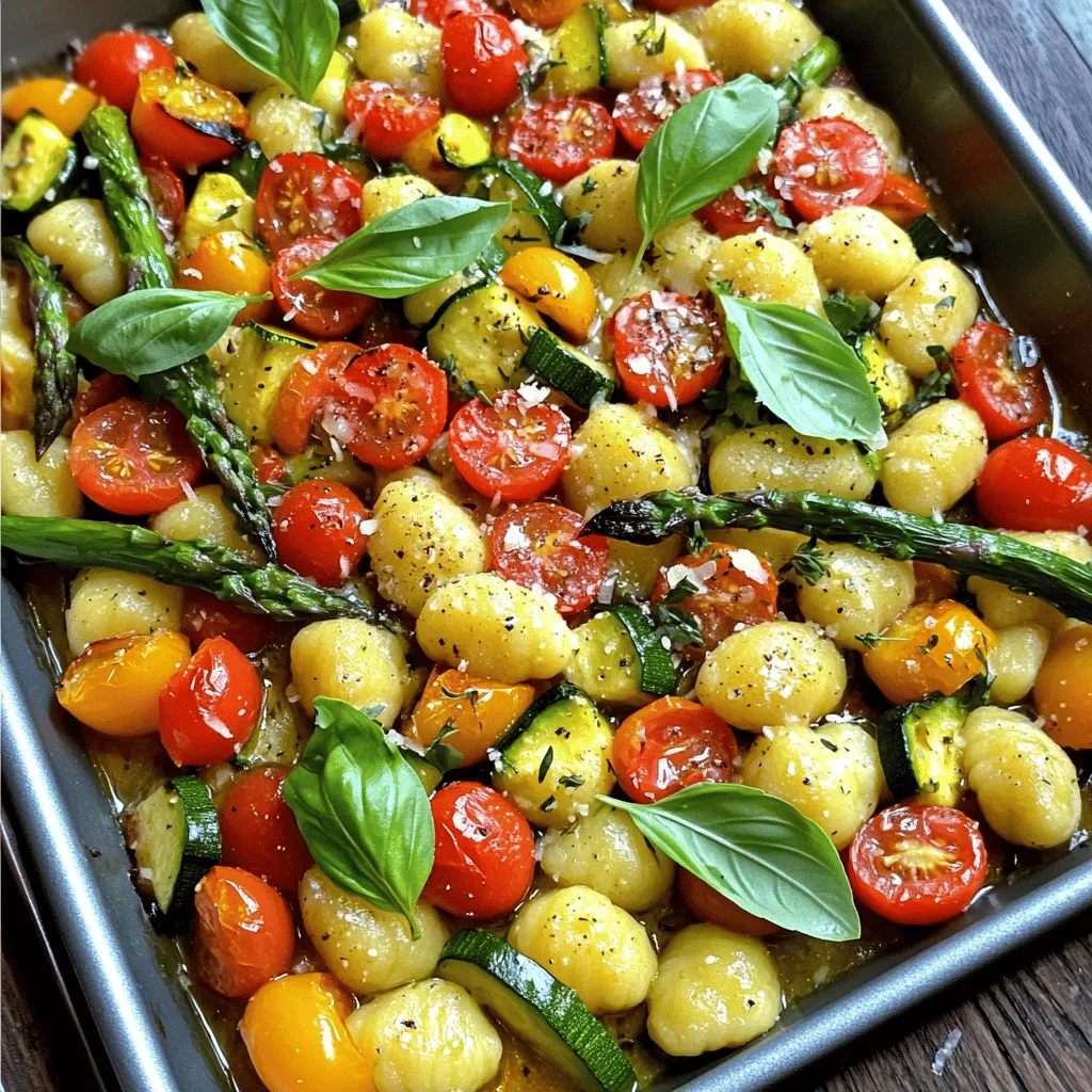 - 1 pound potato gnocchi - 2 cups cherry tomatoes, halved - 1 zucchini, diced - 1 bell pepper, diced (red or yellow) - 1 cup asparagus, trimmed and cut into 2-inch pieces - 4 cloves garlic, minced - 3 tablespoons olive oil - 1 teaspoon dried Italian herbs - 1 teaspoon salt - ½ teaspoon black pepper - Fresh basil leaves for garnish - Grated Parmesan cheese (optional) In this recipe, I use simple, fresh ingredients. The gnocchi acts as a perfect base. I love the soft texture and how they soak up flavors. Cherry tomatoes add sweetness and vibrant color. Zucchini and bell pepper bring crunch and freshness. Asparagus gives a nice, earthy taste. For seasoning, garlic is key. It adds a punch of flavor. Olive oil helps everything bake up nicely, creating a crispy texture. Dried Italian herbs tie it all together. This mix of herbs includes oregano, basil, and thyme. Each herb adds a layer of flavor. Salt and black pepper are basic but essential. They enhance all the other tastes. Finally, fresh basil leaves give a lovely finish. If you want to elevate the dish, sprinkle some grated Parmesan cheese on top. It adds creaminess and pairs well with the veggies. These ingredients come together to create a tasty dish. It’s healthy, colorful, and a delight to share. Enjoy cooking this easy sheet pan meal! - Preheat your oven to 425°F (220°C). This step gets your oven ready for the gnocchi. - Line a large baking sheet with parchment paper. This makes cleanup easy and helps the food not stick. - In a large bowl, combine the potato gnocchi, halved cherry tomatoes, diced zucchini, diced bell pepper, and cut asparagus. Make sure to mix them well. - In a small bowl, mix the minced garlic, olive oil, dried Italian herbs, salt, and black pepper. This garlic herb mixture adds flavor. - Pour this mixture over the veggies and gnocchi. Toss everything together until the gnocchi and vegetables are evenly coated with the herb mixture. - Spread the mixture in a single layer on the prepared baking sheet. Avoid overcrowding to cook evenly. - Bake in the preheated oven for 20-25 minutes. Check for doneness by looking for golden gnocchi and tender vegetables. Stir halfway through for even cooking. - Once cooked, remove from the oven and let cool for a few minutes. - Garnish with fresh basil leaves and sprinkle with grated Parmesan cheese if you want. Serve warm for the best taste. To boost flavor, add fresh herbs. Try rosemary or thyme for a fragrant touch. A sprinkle of red pepper flakes can add heat. You can also drizzle a bit of balsamic glaze before serving. It brings a nice sweetness that pairs well with the veggies. Spreading the ingredients evenly on the baking sheet is key. It helps everything cook properly. If the veggies are too close, they might steam instead of roast. Stirring halfway through cooking ensures even browning. This step makes everything crispier and tastier. Serve the gnocchi directly from the baking sheet for a fun, rustic look. Guests will love this casual style. If you prefer a more formal presentation, transfer it to a large bowl. Drizzle with extra olive oil and lemon juice before serving. This adds a fresh zing to the dish. {{image_2}} You can swap out veggies based on what you have at home. Try using seasonal options like: - Butternut squash for a sweet touch. - Broccoli for a crunchy bite. - Carrots for a pop of color. If you want to add protein, consider tossing in: - Cooked chicken for heartiness. - Chickpeas for a plant-based protein boost. If you need a gluten-free option, look for gluten-free gnocchi. These are often made from rice flour or cauliflower. You can also choose between: - Homemade gnocchi, which lets you control the ingredients. - Store-bought gnocchi, which saves time and effort. For vegan adjustments, skip the Parmesan cheese. Instead, try nutritional yeast for a cheesy flavor. If you are watching carbs, consider: - Zucchini noodles instead of gnocchi. - Cauliflower gnocchi for a lower-carb choice. These variations will keep your dish fresh and exciting! To store leftovers properly, let the Sheet Pan Garlic Herb Veggie Gnocchi cool first. Place it in an airtight container. This keeps the gnocchi and veggies fresh. Make sure to use a container that seals tightly. Glass or BPA-free plastic works best for this. To reheat, the oven is best. Preheat it to 350°F (175°C). Spread the gnocchi on a baking sheet. Heat for about 10-15 minutes. This method keeps the texture and flavor intact. If you use a microwave, place it in a bowl. Add a splash of water to help steam. Heat for 1-2 minutes, stirring halfway. You can freeze Sheet Pan Garlic Herb Veggie Gnocchi. First, let it cool completely. Then, pack it in a freezer-safe bag or container. Squeeze out as much air as you can. To thaw, place it in the fridge overnight. Reheat in the oven or microwave when ready to eat. This keeps the dish tasty and fresh. How long does it take to bake gnocchi? Baking gnocchi takes about 20 to 25 minutes. Keep an eye on them. They should turn golden and soft. Can I use frozen gnocchi for this recipe? Yes, you can use frozen gnocchi. No need to thaw; just add them directly to the bowl with vegetables. What other vegetables can I add? You can add many veggies! Try broccoli, carrots, or even mushrooms. Mix and match to your taste. How to know when the gnocchi is cooked through? Look for a golden color on the gnocchi. They should be soft but not mushy. Can I prepare this dish in advance? Yes, you can prep everything ahead. Just store the mixed ingredients in the fridge. Bake it when you’re ready. What to serve with gnocchi? This dish pairs well with a simple salad or crusty bread. You can also add grilled chicken for extra protein. Pairing wine recommendations for this dish Try a light white wine like Pinot Grigio. It complements the garlic and herbs nicely. This blog post covers a delicious sheet pan garlic herb veggie gnocchi recipe. You learned about the key ingredients, how to prepare and bake them perfectly, and tips for great flavor. I shared ways to modify the dish for your taste, including different veggies and dietary needs. Proper storage and reheating methods help keep leftovers tasty. Enjoy making this simple, flavorful meal that’s perfect for any night. Remember, cooking should be fun and creative, so feel free to experiment!