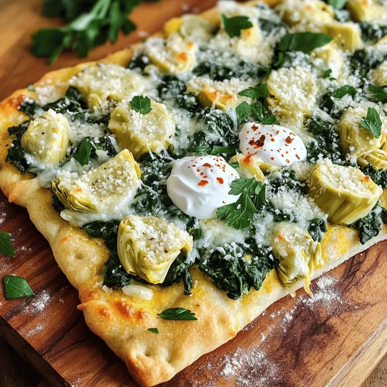 - 1 pre-made flatbread or naan - 1 cup fresh spinach, roughly chopped - 1 cup canned artichoke hearts, drained and chopped - 1 cup cream cheese, softened - 1/2 cup sour cream - 1 cup shredded mozzarella cheese - 1/2 cup grated Parmesan cheese - 1 garlic clove, minced - 1 teaspoon lemon juice - Salt and pepper to taste - Olive oil for brushing - Optional: red pepper flakes for heat These ingredients blend together to create a creamy, cheesy delight. Fresh spinach adds a burst of color and nutrition. The artichokes provide a unique flavor that pairs perfectly with the cheese. You can swap some ingredients to fit your needs. Here are a few ideas: - Use gluten-free flatbread or naan for a gluten-free option. - Replace cream cheese with a vegan cream cheese for a dairy-free version. - Substitute sour cream with a plant-based yogurt if you want it dairy-free. - For a lighter option, you can use Greek yogurt instead of sour cream. These alternatives let everyone enjoy this tasty flatbread. Cheese plays a huge role in this dish. Here are my favorites: - Mozzarella: It melts well and gives that stringy texture we love. - Parmesan: This cheese adds a sharp flavor and crunch on top. - Cream Cheese: It makes the mixture creamy and rich. - Fontina: If you want a twist, try this cheese for extra creaminess. Feel free to mix and match cheeses to find your perfect blend. Each choice enhances the flavor and texture of your flatbread. Start by preheating your oven to 400°F (200°C). This ensures even baking. Next, grab a baking sheet and line it with parchment paper. It makes cleanup easy. Place your pre-made flatbread or naan on the sheet. This will be the base for your cheesy goodness. In a large bowl, mix one cup of softened cream cheese with half a cup of sour cream. Stir until the mix is smooth. Add one minced garlic clove, one teaspoon of lemon juice, and salt and pepper to taste. Mix it well! Now, fold in one cup of roughly chopped fresh spinach and one cup of drained and chopped artichoke hearts. Then, add one cup of shredded mozzarella cheese and half a cup of grated Parmesan cheese. Stir until everything is combined. Spread the spinach-artichoke mixture evenly over the flatbread. Leave a small border around the edges. Sprinkle the remaining Parmesan cheese on top. This gives a nice golden finish. Drizzle a little olive oil over the flatbread. If you like heat, add some red pepper flakes. Bake in your preheated oven for 15 to 20 minutes. You want the edges crispy and the cheese melted and bubbly. Let it cool for a couple of minutes before slicing. Serve and enjoy! To make your flatbread super creamy, use soft cream cheese. Mix it well with sour cream. This blend creates a smooth base. Adding lemon juice brightens the flavor. Stir in the garlic for depth. When you fold in spinach and artichokes, keep it gentle. You want to maintain some texture. To keep your flatbread crispy, use parchment paper on your baking sheet. This helps prevent sticking. Brush a bit of olive oil on the flatbread before adding the toppings. Bake it at 400°F for 15-20 minutes. This high heat gives you that perfect crunch. Check for golden edges to know it’s ready! For more flavor, add salt and pepper to taste. A pinch of red pepper flakes gives a nice kick. You might also try adding herbs like oregano or basil. These fresh notes complement the creamy mix. Experiment with garlic powder or onion powder for more depth. Don't forget to sprinkle extra Parmesan on top for a savory finish! {{image_2}} If you need a gluten-free option, try using gluten-free flatbread or cauliflower crust. Many stores sell gluten-free flatbread. You can also make your own with almond flour or chickpea flour. This way, everyone can enjoy the cheesy goodness without worry. Want to boost your flatbread? Add cooked chicken or crispy bacon. Diced chicken adds protein and makes it heartier. Bacon gives a smoky flavor that everyone loves. Just mix the cooked protein into the spinach-artichoke mixture before spreading it on the flatbread. Get creative with toppings! Try adding sun-dried tomatoes for a tangy kick. Fresh herbs like basil or parsley can brighten the taste. You can also sprinkle some feta cheese for a salty twist. Each topping adds a unique flavor to your cheesy spinach artichoke flatbread. To keep your cheesy spinach artichoke flatbread fresh, let it cool completely. Once cooled, wrap it tightly in plastic wrap or use an airtight container. This helps prevent it from drying out. Store it in the fridge for up to three days. If it’s not wrapped well, it may lose its crispness. When you want to enjoy leftovers, reheating is key. Preheat your oven to 350°F (175°C). Place the flatbread on a baking sheet. Heat it for about 10-15 minutes. This method keeps the edges crispy and melts the cheese again. Avoid the microwave if you can, as it makes the flatbread soggy. Freezing is a great option if you want to save some for later. Wrap the flatbread in plastic wrap, then in aluminum foil. This double wrap protects it from freezer burn. You can freeze it for up to three months. When ready to eat, thaw it in the fridge overnight. Then, reheat it in the oven to restore its texture. Yes, you can use frozen spinach. Just make sure to thaw and drain it well. Frozen spinach works great in this dish, and it saves time. You will still get that nice, rich flavor. You can use Greek yogurt or ricotta cheese as a substitute. Both will give you a creamy texture. They also add a bit of tangy flavor. If you want a dairy-free option, try cashew cream. The flatbread lasts about 3-4 days in the fridge. Just make sure to store it in an airtight container. This keeps it fresh and tasty for your next snack or meal. Yes, you can prepare the spinach-artichoke mixture ahead of time. Just store it in the fridge until you are ready to bake. This makes it easy to whip up a quick meal later. Some great sides include a fresh salad or vegetable sticks. A nice tomato soup also pairs well. These sides balance the richness of the flatbread and add freshness to your meal. You learned how to make Cheesy Spinach Artichoke Flatbread step by step. We covered the best ingredients, tips for texture, and storage ideas. You can enjoy this recipe by customizing it to fit your taste. Now, you have all the tools to impress friends and family. So, roll up your sleeves and create a delicious flatbread that everyone will love!