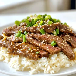 To make Better Than Takeout Garlic Sesame Beef, gather the following ingredients: - 1 lb flank steak, thinly sliced against the grain - 2 tablespoons cornstarch - 2 tablespoons vegetable oil - 4 cloves garlic, minced - 1-inch piece ginger, grated - 1/4 cup low-sodium soy sauce - 2 tablespoons sesame oil - 2 tablespoons brown sugar - 1 tablespoon rice vinegar - 1 tablespoon sesame seeds - 2 green onions, finely chopped - Steamed jasmine rice, for serving Each ingredient plays a key role in building flavor and texture. The flank steak gives a rich taste, while cornstarch helps the beef get crispy. Vegetable oil is ideal for high heat, ensuring a perfect sear. Garlic and ginger add depth, making the dish aromatic and vibrant. Low-sodium soy sauce balances the saltiness and enhances the dish without overpowering it. Sesame oil contributes a nutty flavor, while brown sugar adds a touch of sweetness. Rice vinegar brightens the sauce, making every bite refreshing. Finally, sesame seeds and green onions serve as garnishes. They add a lovely crunch and a pop of color to your plate. Enjoy these ingredients as you create this delicious meal! 1. Marinating with cornstarch: Start by cutting the flank steak into thin slices against the grain. This helps make it tender. In a bowl, toss the slices with 2 tablespoons of cornstarch. This will help create a nice crust when we cook it. Let the beef sit for about 10 minutes. This marinating time is key for flavor. 2. Slicing technique for flank steak: Always slice the flank steak against the grain. This means cutting across the muscle fibers. It makes each bite tender and easy to chew. 1. Searing the beef: Heat 2 tablespoons of vegetable oil in a large skillet or wok over high heat. Once hot, add the marinated beef in a single layer. Sear for 2-3 minutes until browned. This step is important to lock in the juices. Remove the beef from the skillet and set it aside. 2. Making the sauce: In the same skillet, add 4 cloves of minced garlic and a 1-inch piece of grated ginger. Stir-fry for about 30 seconds until fragrant. Then, mix together 1/4 cup of low-sodium soy sauce, 2 tablespoons of sesame oil, 2 tablespoons of brown sugar, and 1 tablespoon of rice vinegar in a small bowl. Pour this mixture into the skillet. Bring it to a gentle boil. 3. Combining ingredients: Return the beef to the skillet and toss it in the sauce. Cook for an additional 2-3 minutes until the beef is heated through. The sauce should thicken slightly at this point. 1. Serving with jasmine rice: Serve the garlic sesame beef hot over a bed of steamed jasmine rice. The rice soaks up the flavors from the sauce. 2. Garnishing options: For a fresh touch, sprinkle sesame seeds and 2 finely chopped green onions on top. You can add more green onions if you like. This adds a nice crunch and color to your dish. - Perfecting the sear on beef: Always start with a hot skillet. Heat the vegetable oil until it shimmers. Add the beef in a single layer. This helps it brown nicely. Do not overcrowd the pan. If the beef steams, it won't sear well. - Balancing flavors in the sauce: Mix the soy sauce, sesame oil, brown sugar, and rice vinegar well. Taste as you go. If it’s too salty, add a touch more sugar. If it’s too sweet, a bit more soy sauce can help. Aim for a nice blend of salty, sweet, and tangy. - Overcooking the beef: Flank steak cooks quickly. Keep an eye on it. Once it’s browned, remove it from the heat. It should be tender, not tough. - Not enough marinade time: Letting the beef sit with cornstarch is key. Ten minutes helps it absorb a bit of flavor. If you have more time, you can let it marinate longer. This makes a big difference in taste. - Adding vegetables: You can stir-fry veggies with the beef. Bell peppers, broccoli, or snap peas add crunch and color. Just toss them in after the garlic and ginger, then add the sauce. - Adjusting spice levels: Want it spicier? Add crushed red pepper flakes or hot sauce. Start with a little and taste. You can always add more, but it’s hard to take heat away. {{image_2}} You can change the cut of beef for this dish. Try using sirloin or ribeye. These cuts have great flavor and tenderness. If you want a vegetarian option, use firm tofu or tempeh. Both soak up the sauce well and add protein. To spice things up, think about adding chili flakes or sriracha. These will give your dish a nice kick. You can also mix in hoisin sauce or oyster sauce for extra richness. Both add depth and enhance the flavor profile. For a gluten-free version, swap out soy sauce for tamari. This keeps the taste while making it safe for gluten-free diets. If you want to lower the sugar, use a sugar substitute like stevia or monk fruit. This way, you can enjoy the dish without the extra sweetness. To keep your leftover garlic sesame beef fresh, store it in the fridge. Use an airtight container. This helps to maintain flavor and texture. Slice the beef thinly and place it in the container. It will stay good for up to three days. For longer storage, freeze the beef. Place it in a freezer-safe bag or container. Remove as much air as you can. It can last up to three months in the freezer. When you're ready to eat, just thaw it in the fridge overnight. For best results, reheat the beef in a skillet. Heat it on medium until warm. This method keeps the beef tender. You can also add a splash of water or broth. It helps to keep the meat moist. If you're short on time, use a microwave. Place the beef in a bowl and cover it. Heat in short bursts to avoid overcooking. Stir in between to ensure even warming. When stored properly, garlic sesame beef lasts up to three days in the fridge. After that, it may spoil. Look for signs like a sour smell or a change in color. If it looks or smells off, toss it out. In the freezer, the beef can last up to three months. After that, it may lose flavor and texture. Always check before eating if it’s been a while. Keeping tabs on your leftovers helps ensure a tasty meal each time! Garlic Sesame Beef is a tasty dish made with flank steak, garlic, and sesame oil. It has a rich flavor from soy sauce and brown sugar. This meal cooks quickly, making it perfect for busy nights. You serve it over jasmine rice, which soaks up the delicious sauce. The sesame seeds and green onions add a nice crunch and fresh taste. Yes, you can use other cuts of beef. Sirloin and ribeye are good options, too. Just make sure to slice them thinly, like flank steak. This helps them cook fast and stay tender. You can even try ground beef if you want a different texture. To add heat, you can use red pepper flakes or chili paste. Start with a small amount and taste as you go. You can also add sliced fresh chili peppers for more flavor. If you want a kick, mix in some Sriracha sauce into the sauce mix. Yes, you can prepare Garlic Sesame Beef in advance. Cook the beef and sauce, then let it cool. Store it in an airtight container in the fridge for up to three days. When you're ready to eat, just reheat it on the stove. Make sure to serve it with fresh rice for the best taste. This blog covered how to make Garlic Sesame Beef with ease. We discussed key ingredients and clear steps to prepare tender flank steak. I shared tips to enhance the dish without common mistakes. You can also try variations for different tastes and diets. Store leftovers properly to enjoy them later. Remember, cooking is about having fun and being creative. You can make this dish your own while satisfying your cravings. Enjoy the process and the flavors!
