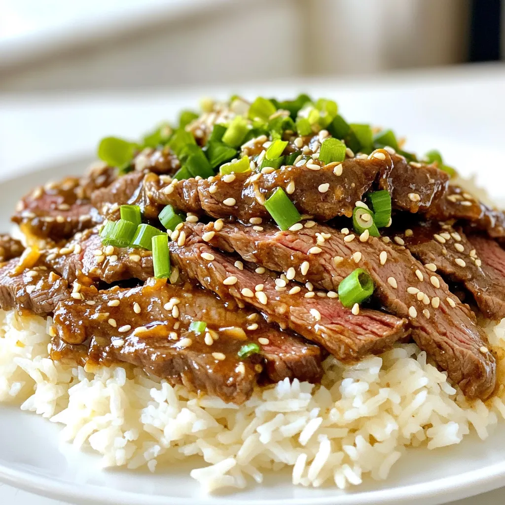 To make Better Than Takeout Garlic Sesame Beef, gather the following ingredients: - 1 lb flank steak, thinly sliced against the grain - 2 tablespoons cornstarch - 2 tablespoons vegetable oil - 4 cloves garlic, minced - 1-inch piece ginger, grated - 1/4 cup low-sodium soy sauce - 2 tablespoons sesame oil - 2 tablespoons brown sugar - 1 tablespoon rice vinegar - 1 tablespoon sesame seeds - 2 green onions, finely chopped - Steamed jasmine rice, for serving Each ingredient plays a key role in building flavor and texture. The flank steak gives a rich taste, while cornstarch helps the beef get crispy. Vegetable oil is ideal for high heat, ensuring a perfect sear. Garlic and ginger add depth, making the dish aromatic and vibrant. Low-sodium soy sauce balances the saltiness and enhances the dish without overpowering it. Sesame oil contributes a nutty flavor, while brown sugar adds a touch of sweetness. Rice vinegar brightens the sauce, making every bite refreshing. Finally, sesame seeds and green onions serve as garnishes. They add a lovely crunch and a pop of color to your plate. Enjoy these ingredients as you create this delicious meal! 1. Marinating with cornstarch: Start by cutting the flank steak into thin slices against the grain. This helps make it tender. In a bowl, toss the slices with 2 tablespoons of cornstarch. This will help create a nice crust when we cook it. Let the beef sit for about 10 minutes. This marinating time is key for flavor. 2. Slicing technique for flank steak: Always slice the flank steak against the grain. This means cutting across the muscle fibers. It makes each bite tender and easy to chew. 1. Searing the beef: Heat 2 tablespoons of vegetable oil in a large skillet or wok over high heat. Once hot, add the marinated beef in a single layer. Sear for 2-3 minutes until browned. This step is important to lock in the juices. Remove the beef from the skillet and set it aside. 2. Making the sauce: In the same skillet, add 4 cloves of minced garlic and a 1-inch piece of grated ginger. Stir-fry for about 30 seconds until fragrant. Then, mix together 1/4 cup of low-sodium soy sauce, 2 tablespoons of sesame oil, 2 tablespoons of brown sugar, and 1 tablespoon of rice vinegar in a small bowl. Pour this mixture into the skillet. Bring it to a gentle boil. 3. Combining ingredients: Return the beef to the skillet and toss it in the sauce. Cook for an additional 2-3 minutes until the beef is heated through. The sauce should thicken slightly at this point. 1. Serving with jasmine rice: Serve the garlic sesame beef hot over a bed of steamed jasmine rice. The rice soaks up the flavors from the sauce. 2. Garnishing options: For a fresh touch, sprinkle sesame seeds and 2 finely chopped green onions on top. You can add more green onions if you like. This adds a nice crunch and color to your dish. - Perfecting the sear on beef: Always start with a hot skillet. Heat the vegetable oil until it shimmers. Add the beef in a single layer. This helps it brown nicely. Do not overcrowd the pan. If the beef steams, it won't sear well. - Balancing flavors in the sauce: Mix the soy sauce, sesame oil, brown sugar, and rice vinegar well. Taste as you go. If it’s too salty, add a touch more sugar. If it’s too sweet, a bit more soy sauce can help. Aim for a nice blend of salty, sweet, and tangy. - Overcooking the beef: Flank steak cooks quickly. Keep an eye on it. Once it’s browned, remove it from the heat. It should be tender, not tough. - Not enough marinade time: Letting the beef sit with cornstarch is key. Ten minutes helps it absorb a bit of flavor. If you have more time, you can let it marinate longer. This makes a big difference in taste. - Adding vegetables: You can stir-fry veggies with the beef. Bell peppers, broccoli, or snap peas add crunch and color. Just toss them in after the garlic and ginger, then add the sauce. - Adjusting spice levels: Want it spicier? Add crushed red pepper flakes or hot sauce. Start with a little and taste. You can always add more, but it’s hard to take heat away. {{image_2}} You can change the cut of beef for this dish. Try using sirloin or ribeye. These cuts have great flavor and tenderness. If you want a vegetarian option, use firm tofu or tempeh. Both soak up the sauce well and add protein. To spice things up, think about adding chili flakes or sriracha. These will give your dish a nice kick. You can also mix in hoisin sauce or oyster sauce for extra richness. Both add depth and enhance the flavor profile. For a gluten-free version, swap out soy sauce for tamari. This keeps the taste while making it safe for gluten-free diets. If you want to lower the sugar, use a sugar substitute like stevia or monk fruit. This way, you can enjoy the dish without the extra sweetness. To keep your leftover garlic sesame beef fresh, store it in the fridge. Use an airtight container. This helps to maintain flavor and texture. Slice the beef thinly and place it in the container. It will stay good for up to three days. For longer storage, freeze the beef. Place it in a freezer-safe bag or container. Remove as much air as you can. It can last up to three months in the freezer. When you're ready to eat, just thaw it in the fridge overnight. For best results, reheat the beef in a skillet. Heat it on medium until warm. This method keeps the beef tender. You can also add a splash of water or broth. It helps to keep the meat moist. If you're short on time, use a microwave. Place the beef in a bowl and cover it. Heat in short bursts to avoid overcooking. Stir in between to ensure even warming. When stored properly, garlic sesame beef lasts up to three days in the fridge. After that, it may spoil. Look for signs like a sour smell or a change in color. If it looks or smells off, toss it out. In the freezer, the beef can last up to three months. After that, it may lose flavor and texture. Always check before eating if it’s been a while. Keeping tabs on your leftovers helps ensure a tasty meal each time! Garlic Sesame Beef is a tasty dish made with flank steak, garlic, and sesame oil. It has a rich flavor from soy sauce and brown sugar. This meal cooks quickly, making it perfect for busy nights. You serve it over jasmine rice, which soaks up the delicious sauce. The sesame seeds and green onions add a nice crunch and fresh taste. Yes, you can use other cuts of beef. Sirloin and ribeye are good options, too. Just make sure to slice them thinly, like flank steak. This helps them cook fast and stay tender. You can even try ground beef if you want a different texture. To add heat, you can use red pepper flakes or chili paste. Start with a small amount and taste as you go. You can also add sliced fresh chili peppers for more flavor. If you want a kick, mix in some Sriracha sauce into the sauce mix. Yes, you can prepare Garlic Sesame Beef in advance. Cook the beef and sauce, then let it cool. Store it in an airtight container in the fridge for up to three days. When you're ready to eat, just reheat it on the stove. Make sure to serve it with fresh rice for the best taste. This blog covered how to make Garlic Sesame Beef with ease. We discussed key ingredients and clear steps to prepare tender flank steak. I shared tips to enhance the dish without common mistakes. You can also try variations for different tastes and diets. Store leftovers properly to enjoy them later. Remember, cooking is about having fun and being creative. You can make this dish your own while satisfying your cravings. Enjoy the process and the flavors!