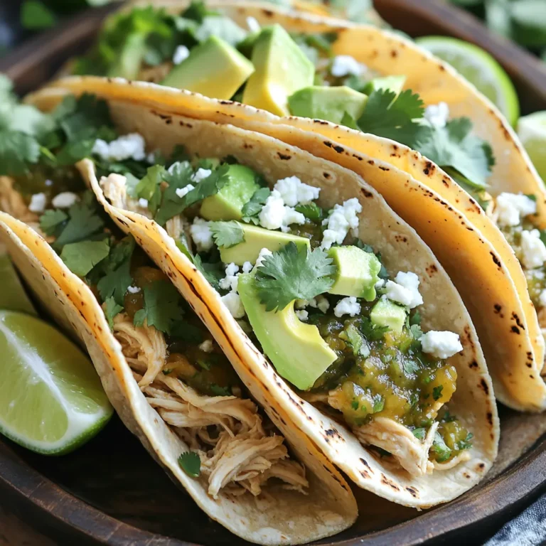 - 2 lbs chicken breasts - 1 cup salsa verde - 1 cup low-sodium chicken broth For this recipe, you need chicken breasts as the main protein. They cook well in the slow cooker and turn tender. Salsa verde adds a vibrant flavor and color. Low-sodium chicken broth helps keep the dish juicy while balancing saltiness. - 1 tablespoon ground cumin - 1 teaspoon garlic powder - 1 teaspoon onion powder - 1 teaspoon smoked paprika These spices are key to creating rich taste. Ground cumin adds warmth, while garlic and onion powders provide depth. Smoked paprika offers a hint of smokiness, enhancing the overall flavor. Together, they make the chicken savory and mouthwatering. - 8 corn tortillas - 1 cup fresh cilantro, chopped - 1 avocado, sliced - 1 cup crumbled queso fresco or feta cheese - Lime wedges For the tacos, corn tortillas are perfect. They hold the filling well and add a nice texture. Fresh cilantro gives a burst of freshness. Sliced avocado adds creaminess, while crumbled cheese offers a salty kick. Lime wedges are essential for a zesty finish. Seasoning the Chicken Start with two pounds of chicken breasts. Place them in your slow cooker. Sprinkle salt, pepper, ground cumin, garlic powder, onion powder, and smoked paprika over the chicken. This mix adds great flavor. Make sure every piece is covered well. Adding Salsa Verde and Broth Now, pour one cup of salsa verde over the seasoned chicken. Next, add one cup of low-sodium chicken broth. This will keep the chicken moist and add more flavor. Make sure the chicken is submerged in the sauce as much as possible. Cooking Time on Low vs. High Cover your slow cooker. You can cook on low for six to eight hours or on high for four hours. Cooking on low gives the chicken a tender texture, but both times work well. Check the chicken to see if it shreds easily with a fork. Shredding the Chicken Once Cooked Once your chicken is cooked, take two forks and shred it right in the slow cooker. Mix the shredded chicken with the salsa verde sauce. This step makes sure every bite is packed with flavor. Warming the Tortillas Grab eight corn tortillas. Heat them in a skillet over medium heat. Warm each side for about thirty seconds. This makes them soft and easy to fold. Adding Chicken and Toppings Now, it’s time to build your tacos. Place a good scoop of shredded chicken onto each tortilla. Top with chopped cilantro, sliced avocado, and crumbled queso fresco. Don’t forget to serve with lime wedges. Squeeze lime juice for extra zest. Enjoy your meal! To make your chicken tender, use fresh chicken breasts. Trim any fat before cooking. Season the meat well with salt, pepper, ground cumin, garlic powder, onion powder, and smoked paprika. This adds great flavor. When cooked, the chicken should shred easily. If it doesn't, it might need more time in the slow cooker. Adjust the spice levels to suit your taste. If you like it spicy, add more salsa verde or a pinch of cayenne pepper. For milder tacos, stick to the recipe. Taste the chicken before serving. You can always add more seasoning. Heat corn tortillas for the best texture. You can warm them in a skillet over medium heat. Heat each side for about 30 seconds. This makes them soft and pliable. You can also wrap them in foil and warm them in the oven. For the best tacos, use fresh corn tortillas. They have a nice flavor and texture. You can also try flour tortillas if you prefer. Just remember, the type of tortilla can change the taste of your taco. Serve your tacos on a rustic platter. This makes them look inviting. Offer lime wedges in a small bowl so guests can squeeze them over the tacos. Adding fresh cilantro on top adds color and taste. For extra flair, sprinkle crumbled queso fresco or feta cheese over the tacos. This adds creaminess and makes them more appealing. A nice presentation can make your meal feel special, even on a busy weeknight. {{image_2}} Variations Using Beef or Pork You can easily swap chicken for beef or pork. Use 2 lbs of beef chuck or pork shoulder. Season it just like the chicken. Cook it in the slow cooker for 8 hours on low or 4 hours on high. Shred it afterward, just as you do with the chicken. The flavors blend well with salsa verde, giving a rich taste. Vegetarian Options with Jackfruit For a meatless version, try using jackfruit. Use 2 cans of young green jackfruit packed in water. Drain and rinse the jackfruit. Add it to the slow cooker with salsa verde and broth. Cook on low for 6-8 hours. Shred the jackfruit with two forks after cooking. It has a similar texture to pulled meat, making it a great option. Unique Toppings Ideas Toppings can change your taco game. Try adding pickled red onions for a tangy crunch. Thinly sliced radishes add a nice bite too. You can also sprinkle some fresh corn or black beans on top for extra flavor and texture. The more toppings, the better the taste! Suggested Salsas and Sides Pair your tacos with different salsas. A mango salsa adds sweetness, while a pico de gallo gives freshness. Serve with a side of Mexican rice or refried beans for a complete meal. Don’t forget some tortilla chips for crunch! Adding Heat with Jalapeños If you like heat, add chopped jalapeños to the slow cooker. You can mix them in with the chicken and salsa verde. For milder heat, remove the seeds first. You can also serve sliced jalapeños on the side for guests to add as they like. Experimenting with Different Herbs Fresh herbs can brighten your tacos. Try adding fresh oregano or thyme to the slow cooker. You can also sprinkle more cilantro on top before serving. Each herb will give your tacos a unique flavor twist. Don’t be afraid to mix and match! - Store any leftover chicken in an airtight container. - Keep it in the fridge for up to three days. - For longer storage, freeze the chicken in freezer-safe bags. - Try to remove as much air as possible from the bags. - Label the bags with the date for easy tracking. - Reheat the chicken in the microwave for quick warming. - Use a skillet on low heat for better texture. - Add a splash of chicken broth to keep it moist. - To keep tortillas fresh, wrap them in a damp paper towel. - Heat them in the microwave for 20-30 seconds. - Cooked chicken lasts three to four days in the fridge. - If frozen, it can stay good for up to four months. - Check for any off smells or discoloration before eating. - If it looks or smells bad, it's best to throw it out. To make your tacos gluten-free, choose corn tortillas. Most corn tortillas are gluten-free. Always read the package to be sure. You should also check the salsa verde ingredients. Some brands add gluten. Look for labels that say "gluten-free" to be safe. Yes, you can use frozen chicken. Just place the frozen chicken in the slow cooker. For frozen chicken, cook on high for about 5-6 hours. If you use low heat, it may take 8-10 hours. Always check that the chicken reaches 165°F before serving. Many sides pair well with these tacos. You can serve them with rice or refried beans. Fresh salads also add a nice crunch. For drinks, try a light beer or fresh lemonade. Dips like guacamole or salsa complement the meal. You can always add chips for an extra crunch! Slow Cooker Salsa Verde Chicken Tacos are simple to make. You need just a few main ingredients, spices, and toppings. Prepare your chicken, let it cook, and then assemble your tacos. Remember, you can customize them with different proteins and toppings. Store any leftovers properly to enjoy later. With these tips, you can make tasty tacos that everyone will love. Enjoy experimenting with flavors and refining your technique for the perfect meal!