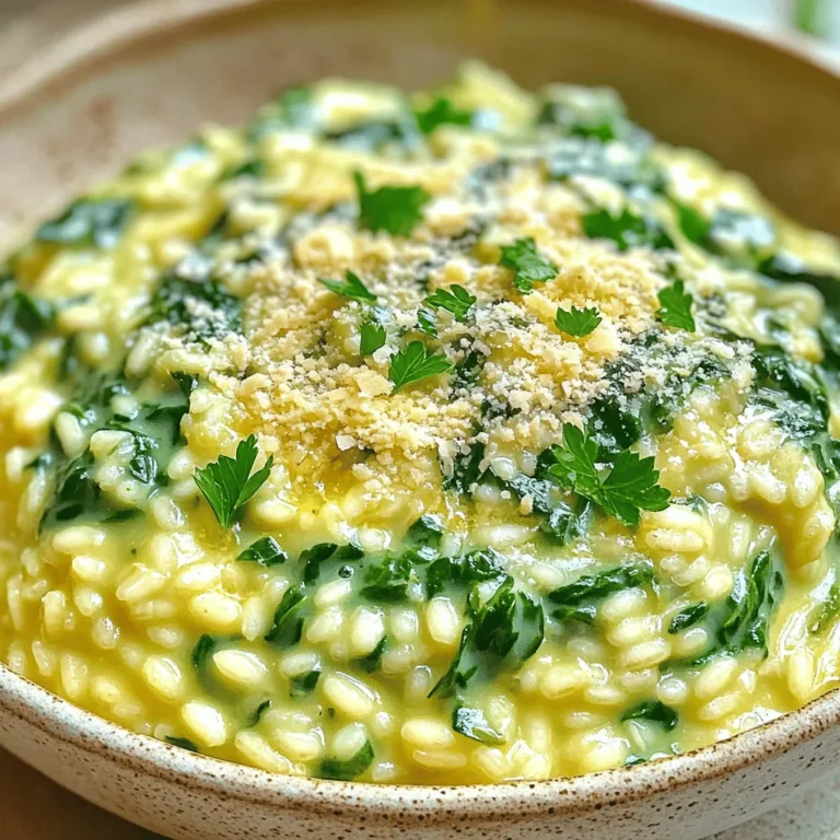 To make Creamy Parmesan Spinach Rice, you will need the following: - 1 cup Arborio rice - 2 cups vegetable broth - 1 cup fresh spinach, chopped - 1 cup heavy cream - 1 cup grated Parmesan cheese - 1 small onion, finely chopped - 2 cloves garlic, minced - 2 tablespoons olive oil - Salt and pepper to taste - A pinch of nutmeg (optional) - Fresh parsley, chopped (for garnish) You can swap ingredients if needed. Use chicken broth instead of vegetable broth for a richer taste. If you do not have Arborio rice, any short-grain rice can work, but it may change the texture. For a lighter version, use half-and-half instead of heavy cream. If you want a dairy-free option, try using a vegan cheese and coconut cream. Fresh spinach can be replaced with kale or Swiss chard. When choosing vegetables, look for vibrant colors. Fresh spinach should have bright green leaves and no yellow spots. For onions, choose firm ones with no soft spots. Garlic should be plump with no signs of sprouting. When picking cheese, look for freshly grated Parmesan. Avoid pre-grated cheese, as it often contains additives that affect taste. Always check the expiration dates on dairy products to ensure freshness. To start, gather all your ingredients. You will need Arborio rice, vegetable broth, fresh spinach, heavy cream, grated Parmesan cheese, onion, garlic, olive oil, salt, pepper, and nutmeg. This dish takes about 30 minutes from start to finish. Prepare your tools like a medium saucepan and a large skillet. Keeping everything ready makes cooking easier and more fun. 1. Warm the broth. In a medium saucepan, heat the vegetable broth over low heat. Keep it warm while you cook the rice. This helps the rice absorb the liquid better. 2. Sauté the onion. In a large skillet, heat two tablespoons of olive oil over medium heat. Add the finely chopped onion. Sauté for about 3-4 minutes until it turns soft and clear. 3. Add garlic. Next, add two minced cloves of garlic to the skillet. Cook for one more minute. The garlic should smell great, but be careful not to burn it. 4. Toast the rice. Stir in one cup of Arborio rice. Mix it well with the onion and garlic. Toast the rice for about two minutes. This step adds a nice flavor to the dish. 5. Add broth slowly. Begin to add the warm vegetable broth one ladle at a time. Stir constantly. Wait until the liquid is mostly gone before adding more. Repeat this for about 18-20 minutes. The rice should be creamy and slightly firm. 6. Mix in cream and cheese. Once the rice is ready, lower the heat. Stir in one cup of heavy cream, one cup of grated Parmesan cheese, and one cup of chopped spinach. Mix until the spinach wilts and the cheese melts into a creamy sauce. 7. Season and adjust. Season the rice with salt, pepper, and a pinch of nutmeg for extra flavor if you like. 8. Let it rest. Remove the skillet from heat. Let the rice sit for a few minutes. This helps it thicken before serving. Serve the creamy Parmesan spinach rice in shallow bowls. For a nice touch, garnish with chopped fresh parsley and an extra sprinkle of Parmesan on top. This dish looks beautiful and tastes amazing. You can enjoy it as a main dish or as a side. It's perfect for family dinners or special occasions. To make your rice creamier, always use Arborio rice. This rice has a high starch content. The starch helps create a rich, creamy texture. As you cook, add warm vegetable broth slowly. Stir often to release more starch. When the rice is almost done, mix in heavy cream. It adds a smooth finish. Finally, fold in grated Parmesan cheese. The cheese adds depth and creaminess. Spices can really boost the flavor of your rice. Try adding a pinch of nutmeg for warmth. It pairs well with cheese and spinach. Fresh ground black pepper adds a nice kick. You can also use garlic powder for extra garlic flavor. If you want some heat, consider red pepper flakes. Just a little goes a long way. Always taste your dish as you go. Adjust the spices to fit your taste. Cooking techniques matter for great rice. Start by sautéing onions and garlic first. This builds a flavorful base. Toast the Arborio rice briefly to enhance its nutty flavor. Stirring constantly helps the rice cook evenly. Add broth one ladle at a time. Wait until the liquid absorbs before adding more. This slow process gives you creamy rice. Once finished, let it sit for a few minutes. This allows the flavors to meld. {{image_2}} You can change the cheese for different flavors. Try using mozzarella for a milder taste. Feta adds a nice tangy kick. If you want a sharper bite, go for aged cheddar. You can also swap spinach for kale or Swiss chard. These greens will work well in the creamy mix. Adding protein makes this dish heartier. Cooked chicken is an easy choice. Just shred it and mix it in at the end. Shrimp also pairs nicely with the creamy rice. Sauté them with the onion for extra flavor. For a smoky twist, try adding bacon or pancetta. To make this dish vegan, swap heavy cream for coconut cream. Use nutritional yeast instead of Parmesan for a cheesy flavor. You can also replace the vegetable broth with water or a homemade veggie stock. Make sure to add more spices to boost taste. This way, everyone can enjoy creamy rice! After you enjoy your creamy Parmesan spinach rice, store any leftovers in an airtight container. Let the rice cool down before sealing it. This helps keep moisture out. If you plan to eat it later, store it in the fridge. It’s best to use it within a few days for the best taste. To reheat the rice, you can use the stove or microwave. If using the stove, add a little vegetable broth or cream to keep it moist. Heat it on low and stir often until warm. In the microwave, place the rice in a bowl, add a splash of liquid, and cover it. Heat in short bursts, stirring in between, until it’s hot. Creamy Parmesan spinach rice lasts about 3 to 4 days in the fridge. If you want to keep it longer, consider freezing it. In the freezer, it can last up to 2 months. Just remember to label the container with the date. When you're ready to eat it, thaw it in the fridge overnight before reheating. Yes, you can use regular rice. However, Arborio rice gives a creamier texture. Regular rice will not absorb the broth the same way. The dish might be less creamy and a bit firmer. If you choose regular rice, adjust the broth amount and cooking time. You can add many healthy items to this dish. Consider these options: - Cooked chicken for protein - Peas or broccoli for fiber - Mushrooms for added flavor - Nuts like walnuts for crunch These additions will boost the meal's nutrition and flavor. Yes, you can prepare this dish ahead. Cook it fully, and let it cool. Store it in an airtight container in the fridge. When you are ready to eat, reheat it on low heat. Add a little broth to make it creamy again. It tastes great even after a day or two! This blog post covered all you need to know about making a delicious rice dish. We explored the key ingredients, tips for choosing fresh items, and steps for cooking perfectly. I shared ways to enhance flavor and variations to suit your taste. Remember to store leftovers properly for future meals. You can enjoy this recipe by adding your favorite ingredients, making it truly yours. Dive into your kitchen and try it out! Your perfect rice dish awaits.