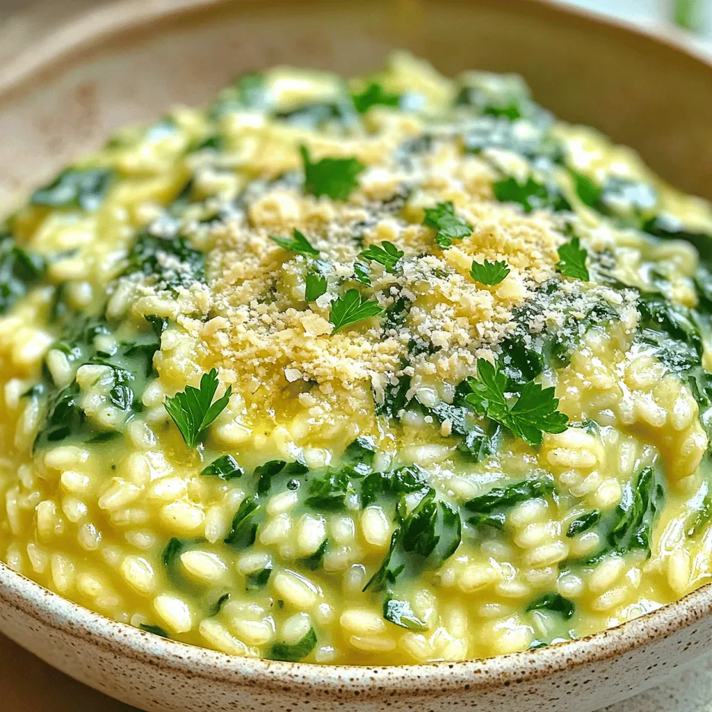 To make Creamy Parmesan Spinach Rice, you will need the following: - 1 cup Arborio rice - 2 cups vegetable broth - 1 cup fresh spinach, chopped - 1 cup heavy cream - 1 cup grated Parmesan cheese - 1 small onion, finely chopped - 2 cloves garlic, minced - 2 tablespoons olive oil - Salt and pepper to taste - A pinch of nutmeg (optional) - Fresh parsley, chopped (for garnish) You can swap ingredients if needed. Use chicken broth instead of vegetable broth for a richer taste. If you do not have Arborio rice, any short-grain rice can work, but it may change the texture. For a lighter version, use half-and-half instead of heavy cream. If you want a dairy-free option, try using a vegan cheese and coconut cream. Fresh spinach can be replaced with kale or Swiss chard. When choosing vegetables, look for vibrant colors. Fresh spinach should have bright green leaves and no yellow spots. For onions, choose firm ones with no soft spots. Garlic should be plump with no signs of sprouting. When picking cheese, look for freshly grated Parmesan. Avoid pre-grated cheese, as it often contains additives that affect taste. Always check the expiration dates on dairy products to ensure freshness. To start, gather all your ingredients. You will need Arborio rice, vegetable broth, fresh spinach, heavy cream, grated Parmesan cheese, onion, garlic, olive oil, salt, pepper, and nutmeg. This dish takes about 30 minutes from start to finish. Prepare your tools like a medium saucepan and a large skillet. Keeping everything ready makes cooking easier and more fun. 1. Warm the broth. In a medium saucepan, heat the vegetable broth over low heat. Keep it warm while you cook the rice. This helps the rice absorb the liquid better. 2. Sauté the onion. In a large skillet, heat two tablespoons of olive oil over medium heat. Add the finely chopped onion. Sauté for about 3-4 minutes until it turns soft and clear. 3. Add garlic. Next, add two minced cloves of garlic to the skillet. Cook for one more minute. The garlic should smell great, but be careful not to burn it. 4. Toast the rice. Stir in one cup of Arborio rice. Mix it well with the onion and garlic. Toast the rice for about two minutes. This step adds a nice flavor to the dish. 5. Add broth slowly. Begin to add the warm vegetable broth one ladle at a time. Stir constantly. Wait until the liquid is mostly gone before adding more. Repeat this for about 18-20 minutes. The rice should be creamy and slightly firm. 6. Mix in cream and cheese. Once the rice is ready, lower the heat. Stir in one cup of heavy cream, one cup of grated Parmesan cheese, and one cup of chopped spinach. Mix until the spinach wilts and the cheese melts into a creamy sauce. 7. Season and adjust. Season the rice with salt, pepper, and a pinch of nutmeg for extra flavor if you like. 8. Let it rest. Remove the skillet from heat. Let the rice sit for a few minutes. This helps it thicken before serving. Serve the creamy Parmesan spinach rice in shallow bowls. For a nice touch, garnish with chopped fresh parsley and an extra sprinkle of Parmesan on top. This dish looks beautiful and tastes amazing. You can enjoy it as a main dish or as a side. It's perfect for family dinners or special occasions. To make your rice creamier, always use Arborio rice. This rice has a high starch content. The starch helps create a rich, creamy texture. As you cook, add warm vegetable broth slowly. Stir often to release more starch. When the rice is almost done, mix in heavy cream. It adds a smooth finish. Finally, fold in grated Parmesan cheese. The cheese adds depth and creaminess. Spices can really boost the flavor of your rice. Try adding a pinch of nutmeg for warmth. It pairs well with cheese and spinach. Fresh ground black pepper adds a nice kick. You can also use garlic powder for extra garlic flavor. If you want some heat, consider red pepper flakes. Just a little goes a long way. Always taste your dish as you go. Adjust the spices to fit your taste. Cooking techniques matter for great rice. Start by sautéing onions and garlic first. This builds a flavorful base. Toast the Arborio rice briefly to enhance its nutty flavor. Stirring constantly helps the rice cook evenly. Add broth one ladle at a time. Wait until the liquid absorbs before adding more. This slow process gives you creamy rice. Once finished, let it sit for a few minutes. This allows the flavors to meld. {{image_2}} You can change the cheese for different flavors. Try using mozzarella for a milder taste. Feta adds a nice tangy kick. If you want a sharper bite, go for aged cheddar. You can also swap spinach for kale or Swiss chard. These greens will work well in the creamy mix. Adding protein makes this dish heartier. Cooked chicken is an easy choice. Just shred it and mix it in at the end. Shrimp also pairs nicely with the creamy rice. Sauté them with the onion for extra flavor. For a smoky twist, try adding bacon or pancetta. To make this dish vegan, swap heavy cream for coconut cream. Use nutritional yeast instead of Parmesan for a cheesy flavor. You can also replace the vegetable broth with water or a homemade veggie stock. Make sure to add more spices to boost taste. This way, everyone can enjoy creamy rice! After you enjoy your creamy Parmesan spinach rice, store any leftovers in an airtight container. Let the rice cool down before sealing it. This helps keep moisture out. If you plan to eat it later, store it in the fridge. It’s best to use it within a few days for the best taste. To reheat the rice, you can use the stove or microwave. If using the stove, add a little vegetable broth or cream to keep it moist. Heat it on low and stir often until warm. In the microwave, place the rice in a bowl, add a splash of liquid, and cover it. Heat in short bursts, stirring in between, until it’s hot. Creamy Parmesan spinach rice lasts about 3 to 4 days in the fridge. If you want to keep it longer, consider freezing it. In the freezer, it can last up to 2 months. Just remember to label the container with the date. When you're ready to eat it, thaw it in the fridge overnight before reheating. Yes, you can use regular rice. However, Arborio rice gives a creamier texture. Regular rice will not absorb the broth the same way. The dish might be less creamy and a bit firmer. If you choose regular rice, adjust the broth amount and cooking time. You can add many healthy items to this dish. Consider these options: - Cooked chicken for protein - Peas or broccoli for fiber - Mushrooms for added flavor - Nuts like walnuts for crunch These additions will boost the meal's nutrition and flavor. Yes, you can prepare this dish ahead. Cook it fully, and let it cool. Store it in an airtight container in the fridge. When you are ready to eat, reheat it on low heat. Add a little broth to make it creamy again. It tastes great even after a day or two! This blog post covered all you need to know about making a delicious rice dish. We explored the key ingredients, tips for choosing fresh items, and steps for cooking perfectly. I shared ways to enhance flavor and variations to suit your taste. Remember to store leftovers properly for future meals. You can enjoy this recipe by adding your favorite ingredients, making it truly yours. Dive into your kitchen and try it out! Your perfect rice dish awaits.