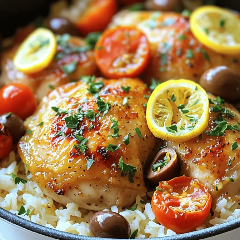 - 4 boneless, skinless chicken thighs - 1 tablespoon olive oil - 1 medium onion, diced - 3 cloves garlic, minced - 1 cup long-grain rice (like Basmati) - 2 cups chicken broth - Zest of 1 lemon - 1/4 cup lemon juice - 1 teaspoon dried oregano - Salt and pepper to taste - 1 cup cherry tomatoes, halved - 1/2 cup Kalamata olives, pitted and sliced These ingredients create a bright, fresh flavor. The lemon juice and zest give the dish its signature zing. Chicken thighs stay juicy and tender, while the rice absorbs all the chicken broth goodness. - Fresh parsley, chopped - Lemon wedges Garnishing adds color and freshness. The parsley brings a burst of green, while lemon wedges allow each person to add more zing if they want. - Large pot or Dutch oven - Cutting board - Chef's knife - Measuring cups and spoons - Wooden spoon or spatula Having the right tools makes cooking easier. A good pot helps with even cooking. A sharp knife saves time when chopping. Start by heating 1 tablespoon of olive oil in a large pot over medium-high heat. While the oil warms, season the 4 boneless, skinless chicken thighs with salt and pepper. Once the oil is hot, add the chicken to the pot. Sear the chicken for about 5 minutes on each side until it is golden brown. After browning, take the chicken out of the pot and set it aside on a plate. In the same pot, toss in 1 medium diced onion. Cook the onion for about 3-4 minutes until it turns translucent. Then, add 3 cloves of minced garlic and cook for 1 more minute. This step fills your kitchen with a wonderful aroma. It makes the base for your dish rich and flavorful. Next, stir in 1 cup of long-grain rice, like Basmati. Cook the rice for 1-2 minutes, letting it toast a bit. Then, pour in 2 cups of chicken broth. Add the zest of 1 lemon, 1/4 cup of lemon juice, and 1 teaspoon of dried oregano. Stir everything well and bring it to a gentle simmer. Now it's time to nestle the seared chicken thighs back into the pot. Scatter 1 cup of halved cherry tomatoes and 1/2 cup of sliced Kalamata olives on top. Cover the pot with a lid, reduce the heat to low, and let it simmer for 20-25 minutes. The rice will soak up all the liquid and flavors. After the simmering time, take the pot off the heat. Let it sit, covered, for another 5 minutes. This helps the rice to fluff up nicely. Once ready, fluff the rice gently with a fork. To finish, serve the dish topped with fresh chopped parsley for a burst of color and flavor. Enjoy this simple and tasty meal! To keep chicken juicy, start with good quality meat. I prefer boneless, skinless thighs. They stay moist and tender during cooking. Sear the chicken in olive oil until golden brown. This step locks in moisture and adds flavor. Don’t rush this part; it takes about five minutes on each side. Once browned, remove the chicken from the pot. To boost flavor, use fresh ingredients. Always add garlic and onion first. They create a fragrant base. When you add the rice, let it toast for a minute. This enhances the nutty flavor. Don't forget the lemon zest and juice! They brighten the dish and add a fresh twist. Stir everything well before adding the chicken back. One common mistake is cooking on high heat. This can dry out the chicken. Always simmer on low once you add the broth. Another mistake is not letting the dish rest. After cooking, let it sit for five minutes. This helps the rice absorb any leftover liquid. Finally, don’t skip the parsley garnish. It adds color and freshness to your plate. {{image_2}} You can make this dish vegetarian by swapping the chicken for vegetables. Try using: - 1 can of chickpeas - 1 cup of diced zucchini - 1 cup of bell peppers, diced These veggies add texture and flavor. Cook them the same way as you would the chicken. Sear them until tender, then follow the same cooking steps. To boost the flavor, consider adding more herbs. Fresh herbs like dill or basil work well. You can also toss in spices for extra zest: - 1 teaspoon paprika - 1/2 teaspoon cumin These spices add warmth and depth. A splash of white wine can also enhance the taste. Just add it after cooking the onions and garlic. If you want to switch proteins, consider using fish or tofu. For fish, try salmon or cod. Cook it gently to keep it tender. For tofu, use firm or extra-firm tofu. Cut it into cubes and sauté until golden. Add it to the pot like the chicken. These options keep the dish tasty and interesting. To keep your One Pot Greek Lemon Chicken Rice fresh, store it in an airtight container. Let it cool to room temperature first. This helps to prevent moisture buildup. Place it in the fridge for up to three days. If you have a lot left, consider dividing it into smaller portions. This makes it easy to grab a quick meal later. When you’re ready to enjoy the leftovers, reheat them on the stove or in the microwave. For the stove, add a splash of chicken broth or water to the pot. Heat it over low to medium heat until warm. Stir occasionally to avoid sticking. In the microwave, place the rice in a bowl and cover it loosely. Heat for 1-2 minutes, stirring halfway through. Make sure it’s hot all the way through before serving. You can freeze this dish if you want to save it for later. First, let it cool completely. Then, transfer it to a freezer-safe container. Make sure to leave some space for expansion. It will last for up to three months in the freezer. When you're ready to eat it, thaw it overnight in the fridge. Reheat as mentioned above. Enjoy the flavors again! Yes, you can use brown rice. Brown rice takes longer to cook than white rice. You will need to adjust the cooking time. Use about 2 1/2 cups of chicken broth instead of 2 cups. Cook it for about 40-45 minutes. Check it often to see if it’s tender. If you don’t have dried oregano, try thyme or basil. These herbs add great flavor too. You can also use fresh herbs. Use three times the amount if fresh. This will give your dish a fresh taste. To add heat, use red pepper flakes. Start with a small amount, about 1/4 teaspoon. You can also add sliced jalapeños or a dash of hot sauce. Mix it in with the tomatoes and olives for a nice kick. Adjust the spice to fit your taste! You learned about the key ingredients for One Pot Greek Lemon Chicken Rice, including garnishes and tools needed. I shared step-by-step instructions for preparing and cooking this dish, along with tips for juicy chicken and maximizing flavors. We explored variations for different diets, storage info, and answered FAQs to help you adapt the recipe. With these insights, you can enjoy cooking this tasty meal, ensuring success every time. Now, go ahead and make this dish your own!