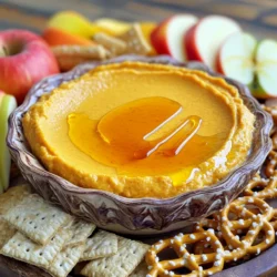 - 1 cup cream cheese, softened - 1/2 cup powdered sugar - 1 cup canned pumpkin puree - 1 teaspoon vanilla extract - 1 teaspoon pumpkin pie spice - 1/2 teaspoon cinnamon - 1/4 cup heavy cream To start, you need cream cheese. It gives the dip its rich and creamy base. Make sure it is softened; this helps it mix well. Next, you add powdered sugar for sweetness. The sugar should blend smoothly with the cream cheese. Canned pumpkin puree is the star of this dip. It gives a lovely flavor and color. Adding vanilla extract enhances the flavor. The pumpkin pie spice and cinnamon bring warmth and depth to the taste. Finally, we add heavy cream. This makes the dip light and fluffy. - Graham crackers - Apple slices - Pretzels Now, let’s talk about what to dip into this tasty treat. Graham crackers are a classic choice. They add crunch and a hint of sweetness. Apple slices are fresh and juicy, offering a nice contrast. Lastly, pretzels add a salty twist. Try all these options to find your favorite! 1. First, grab a mixing bowl. Beat the softened cream cheese with an electric mixer. You want it to be smooth and creamy. This step is key for a great texture. 2. Next, add the powdered sugar slowly. Mix until everything is well blended. This helps to keep the dip sweet without being too grainy. 3. Now, add the canned pumpkin puree to your bowl. Also, include the vanilla extract, pumpkin pie spice, and cinnamon. Mix until the blend is smooth and even. The pumpkin and spices give this dip its warm, cozy flavor. 4. In a separate bowl, whip the heavy cream. Keep mixing until stiff peaks form. This is important for that fluffy texture we want in our dip. 1. Gently fold the whipped cream into the pumpkin mixture. Be careful not to deflate the whipped cream. This keeps the dip light and airy. 2. Once combined, transfer the cheesecake dip into a serving bowl. Use a spatula to smooth the top. A nice presentation makes it more inviting! 3. Finally, refrigerate the dip for at least 30 minutes. This helps the flavors meld together. The wait will be worth it when you taste it! To get the best creamy texture, start with the cream cheese. You want it softened, so it mixes well. Beat it in a mixing bowl with an electric mixer. Mix until it is very smooth. This step is key for a great dip. Next, add the powdered sugar. Do this slowly. Gradually mixing helps avoid lumps. Once it is all in, mix until the sugar is fully blended. This will give your dip a nice, sweet flavor that mixes well with the pumpkin. A decorative bowl can make a big difference. Use a bowl that looks nice on your table. This makes your dip more inviting. Drizzling honey or maple syrup on top adds a sweet touch. It looks pretty and tastes great. You can also sprinkle some cinnamon on top. This adds extra flavor and a nice look. Choose different dippers for your dip. Graham crackers are a classic choice. They add crunch and sweetness. Apple slices give a fresh taste and balance the dip's creaminess. Pretzels add a salty touch that works well too. For serving sizes, consider small portions. A couple of tablespoons per person is good. This way, everyone can enjoy it without overdoing it. {{image_2}} You can make this dip even more fun! Try adding chocolate chips or nuts for a crunchy twist. Chocolate chips add sweetness, while nuts bring a nice texture. You can also use flavored cream cheese, like cinnamon or maple, for a unique taste. These small changes make a big difference! If you want a lighter dip, use low-fat cream cheese. This keeps the creamy texture but cuts some calories. You can also swap regular sugar for sugar substitutes like stevia or erythritol. These options still give you great flavor without the extra sugar. Get creative by using different spices! Try adding nutmeg or ginger for a new flavor. You can also add festive toppings like whipped cream or crushed graham crackers. These little touches make your dip look and taste great for any occasion! To keep your Pumpkin Spice Cheesecake Dip fresh, store it in an airtight container. This helps to keep it creamy and prevents any odors from the fridge. The dip stays good for about 3 to 5 days in the fridge. Just remember to give it a quick stir before serving again. Yes, you can freeze this dip! It freezes quite well. Use a freezer-safe container and leave some space for expansion. The dip can last up to 2 months in the freezer. To thaw, move it to the fridge for a few hours or overnight. Avoid using the microwave, as it can change the texture. Once thawed, stir it well to restore its creamy goodness before serving. How can I make Pumpkin Spice Cheesecake Dip lighter? To make this dip lighter, you can use low-fat cream cheese. You can also mix in Greek yogurt for a tangy flavor. This will keep the dip creamy while cutting calories. Can I use fresh pumpkin instead of canned? Yes, you can use fresh pumpkin. Just cook and puree it until smooth. Make sure to drain excess water to avoid a runny dip. Canned pumpkin is easy, but fresh adds a nice touch. Is this dip suitable for vegan diets? This dip is not vegan but can be made vegan. Use vegan cream cheese and coconut cream instead of heavy cream. Check the powdered sugar for any non-vegan additives. What can I serve with Pumpkin Spice Cheesecake Dip? You can serve this dip with: - Graham crackers - Apple slices - Pretzels These options give a nice crunch and complement the dip's creaminess. Can this dip be made ahead of time? Yes, you can make the dip ahead of time. It stays fresh in the fridge for up to three days. Just cover it tightly to keep the flavors intact. Enjoy it chilled for the best taste! We’ve covered how to make a delicious Pumpkin Spice Cheesecake Dip. You learned about key ingredients like cream cheese and pumpkin puree, plus tasty dippers like graham crackers. I shared steps for mixing and tips for presentation. This dip is fun and simple to make. You can even try variations or healthier choices to suit your taste. Remember to store it right for the best flavor. Enjoy your dip at any gathering or cozy night in. Happy dipping!