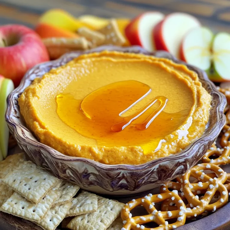 - 1 cup cream cheese, softened - 1/2 cup powdered sugar - 1 cup canned pumpkin puree - 1 teaspoon vanilla extract - 1 teaspoon pumpkin pie spice - 1/2 teaspoon cinnamon - 1/4 cup heavy cream To start, you need cream cheese. It gives the dip its rich and creamy base. Make sure it is softened; this helps it mix well. Next, you add powdered sugar for sweetness. The sugar should blend smoothly with the cream cheese. Canned pumpkin puree is the star of this dip. It gives a lovely flavor and color. Adding vanilla extract enhances the flavor. The pumpkin pie spice and cinnamon bring warmth and depth to the taste. Finally, we add heavy cream. This makes the dip light and fluffy. - Graham crackers - Apple slices - Pretzels Now, let’s talk about what to dip into this tasty treat. Graham crackers are a classic choice. They add crunch and a hint of sweetness. Apple slices are fresh and juicy, offering a nice contrast. Lastly, pretzels add a salty twist. Try all these options to find your favorite! 1. First, grab a mixing bowl. Beat the softened cream cheese with an electric mixer. You want it to be smooth and creamy. This step is key for a great texture. 2. Next, add the powdered sugar slowly. Mix until everything is well blended. This helps to keep the dip sweet without being too grainy. 3. Now, add the canned pumpkin puree to your bowl. Also, include the vanilla extract, pumpkin pie spice, and cinnamon. Mix until the blend is smooth and even. The pumpkin and spices give this dip its warm, cozy flavor. 4. In a separate bowl, whip the heavy cream. Keep mixing until stiff peaks form. This is important for that fluffy texture we want in our dip. 1. Gently fold the whipped cream into the pumpkin mixture. Be careful not to deflate the whipped cream. This keeps the dip light and airy. 2. Once combined, transfer the cheesecake dip into a serving bowl. Use a spatula to smooth the top. A nice presentation makes it more inviting! 3. Finally, refrigerate the dip for at least 30 minutes. This helps the flavors meld together. The wait will be worth it when you taste it! To get the best creamy texture, start with the cream cheese. You want it softened, so it mixes well. Beat it in a mixing bowl with an electric mixer. Mix until it is very smooth. This step is key for a great dip. Next, add the powdered sugar. Do this slowly. Gradually mixing helps avoid lumps. Once it is all in, mix until the sugar is fully blended. This will give your dip a nice, sweet flavor that mixes well with the pumpkin. A decorative bowl can make a big difference. Use a bowl that looks nice on your table. This makes your dip more inviting. Drizzling honey or maple syrup on top adds a sweet touch. It looks pretty and tastes great. You can also sprinkle some cinnamon on top. This adds extra flavor and a nice look. Choose different dippers for your dip. Graham crackers are a classic choice. They add crunch and sweetness. Apple slices give a fresh taste and balance the dip's creaminess. Pretzels add a salty touch that works well too. For serving sizes, consider small portions. A couple of tablespoons per person is good. This way, everyone can enjoy it without overdoing it. {{image_2}} You can make this dip even more fun! Try adding chocolate chips or nuts for a crunchy twist. Chocolate chips add sweetness, while nuts bring a nice texture. You can also use flavored cream cheese, like cinnamon or maple, for a unique taste. These small changes make a big difference! If you want a lighter dip, use low-fat cream cheese. This keeps the creamy texture but cuts some calories. You can also swap regular sugar for sugar substitutes like stevia or erythritol. These options still give you great flavor without the extra sugar. Get creative by using different spices! Try adding nutmeg or ginger for a new flavor. You can also add festive toppings like whipped cream or crushed graham crackers. These little touches make your dip look and taste great for any occasion! To keep your Pumpkin Spice Cheesecake Dip fresh, store it in an airtight container. This helps to keep it creamy and prevents any odors from the fridge. The dip stays good for about 3 to 5 days in the fridge. Just remember to give it a quick stir before serving again. Yes, you can freeze this dip! It freezes quite well. Use a freezer-safe container and leave some space for expansion. The dip can last up to 2 months in the freezer. To thaw, move it to the fridge for a few hours or overnight. Avoid using the microwave, as it can change the texture. Once thawed, stir it well to restore its creamy goodness before serving. How can I make Pumpkin Spice Cheesecake Dip lighter? To make this dip lighter, you can use low-fat cream cheese. You can also mix in Greek yogurt for a tangy flavor. This will keep the dip creamy while cutting calories. Can I use fresh pumpkin instead of canned? Yes, you can use fresh pumpkin. Just cook and puree it until smooth. Make sure to drain excess water to avoid a runny dip. Canned pumpkin is easy, but fresh adds a nice touch. Is this dip suitable for vegan diets? This dip is not vegan but can be made vegan. Use vegan cream cheese and coconut cream instead of heavy cream. Check the powdered sugar for any non-vegan additives. What can I serve with Pumpkin Spice Cheesecake Dip? You can serve this dip with: - Graham crackers - Apple slices - Pretzels These options give a nice crunch and complement the dip's creaminess. Can this dip be made ahead of time? Yes, you can make the dip ahead of time. It stays fresh in the fridge for up to three days. Just cover it tightly to keep the flavors intact. Enjoy it chilled for the best taste! We’ve covered how to make a delicious Pumpkin Spice Cheesecake Dip. You learned about key ingredients like cream cheese and pumpkin puree, plus tasty dippers like graham crackers. I shared steps for mixing and tips for presentation. This dip is fun and simple to make. You can even try variations or healthier choices to suit your taste. Remember to store it right for the best flavor. Enjoy your dip at any gathering or cozy night in. Happy dipping!