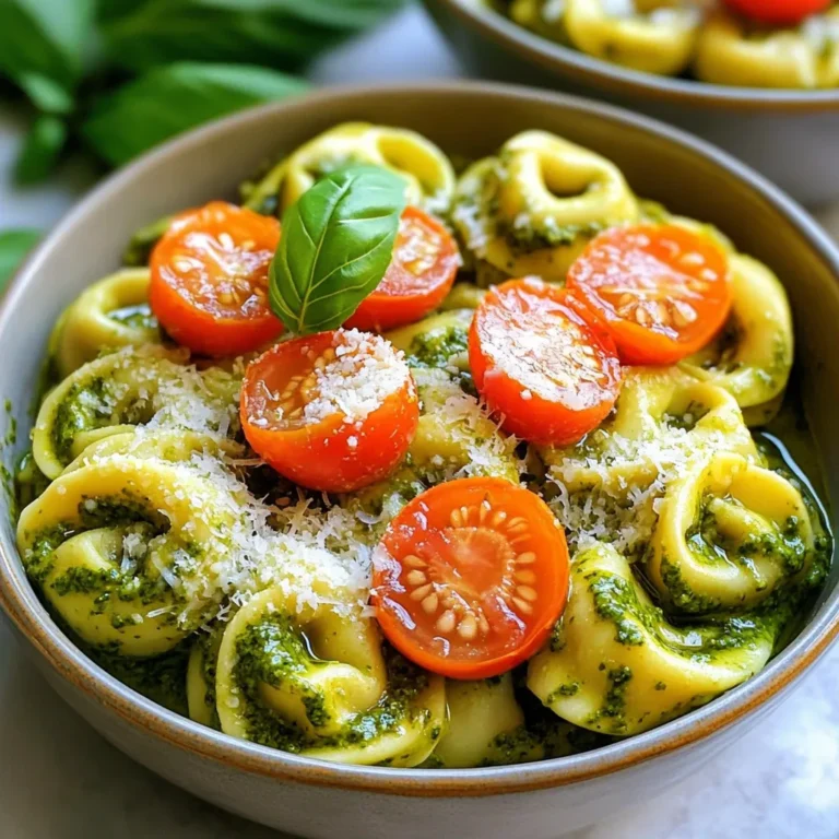 - 2 cups cheese tortellini (fresh or frozen) - 2 cups vegetable broth - 1 cup heavy cream - 1/2 cup pesto sauce (store-bought or homemade) - 1/2 cup cherry tomatoes, halved - 1/4 cup grated Parmesan cheese, plus extra for garnish - 1 tablespoon olive oil - 2 cloves garlic, minced - Salt and pepper to taste Gather these fresh ingredients. They are key to making your creamy pesto tortellini shine. The cheese tortellini is the heart of this dish. You can use fresh or frozen tortellini; both work great. The vegetable broth adds flavor and moisture. Heavy cream makes it rich and smooth. Next, you need pesto sauce. You can buy it or make your own if you like. Cherry tomatoes bring a burst of juicy goodness. Parmesan cheese adds a savory depth. Don’t forget the pantry essentials. Olive oil helps cook the garlic and adds flavor. Minced garlic gives a lovely aroma. Season with salt and pepper for taste. With these ingredients ready, you’re set to create a simple and tasty meal. 1. Heating the olive oil and sautéing garlic Start by taking a large pot. Heat 1 tablespoon of olive oil over medium heat. Once the oil is hot, add 2 cloves of minced garlic. Sauté the garlic for about 1 minute. You want it to smell nice but not burn. 2. Cooking the tortellini Next, pour in 2 cups of vegetable broth. Stir well, then add 2 cups of cheese tortellini. Bring the mixture to a gentle boil. Reduce the heat to a simmer. Cook the tortellini for about 5-7 minutes. Stir occasionally until they become tender. 1. Adding cream and pesto When the tortellini is cooked, add 1 cup of heavy cream and 1/2 cup of pesto sauce to the pot. Stir well to mix everything. Let it simmer for 2-3 minutes. This will make your sauce nice and creamy. 2. Mixing in tomatoes and cheese Now, add 1/2 cup of halved cherry tomatoes and 1/4 cup of grated Parmesan cheese. Stir until the tomatoes warm up and the cheese melts. This adds great flavor and texture. 1. Seasoning and adjusting sauce consistency Taste your dish and season it with salt and pepper to your liking. If the sauce seems too thick, add a splash of vegetable broth. This helps reach your desired sauce consistency. 2. Serving the creamy pesto tortellini Once done, remove the pot from the heat. Let it sit for a minute. Serve the creamy pesto tortellini in deep bowls. Top with extra Parmesan cheese and fresh basil leaves if you like. A drizzle of olive oil adds a nice shine. Enjoy your meal! To avoid overcooking tortellini, watch the clock. Cook them just until they are tender. This usually takes 5-7 minutes. Test one to check for doneness. If it feels firm, it needs more time. For seasoning, taste as you cook. Start with salt and pepper. You can always add more, but you can't take it out. Serve creamy pesto tortellini in deep bowls. This keeps the sauce from spilling over. Top with extra Parmesan cheese for a rich touch. Fresh basil leaves add color and flavor. For extra flair, drizzle olive oil on top. This gives a nice sheen and enhances taste. Using frozen tortellini is a great time-saver. You don’t need to thaw them before cooking. Just toss them straight into the pot with the broth. Prepping ingredients in advance can also help. Chop garlic and halve cherry tomatoes ahead of time. This way, when you're ready to cook, you can focus on making the dish delicious. {{image_2}} You can change the pasta type to suit your taste. Try using penne or farfalle instead of cheese tortellini. You might enjoy the different shapes and textures. If you want a new flavor, switch from pesto to sun-dried tomato pesto or roasted red pepper sauce. Both options add a unique twist to your dish. To make this dish vegan, replace heavy cream with coconut cream or cashew cream. Use vegan tortellini made from plant-based ingredients. Your meal will remain rich and tasty. If you need a gluten-free option, look for gluten-free tortellini. Many brands offer great alternatives. Just check the package for cooking instructions. Add veggies to your meal for extra nutrition. Spinach or kale works well and cooks quickly. Just toss them in when you add the cream and pesto. For more protein, consider adding cooked chicken or shrimp. They will blend nicely with the creamy sauce. Just make sure to heat them through before serving. To store leftovers, let the tortellini cool first. Place it in an airtight container. Keep it in the fridge for up to three days. When you’re ready to eat, reheat it on the stove over medium heat. Stir in a bit of broth or cream to keep it creamy. You can also microwave it for one to two minutes. Just add a splash of liquid to avoid drying. For freezing, let the dish cool completely. Portion it into freezer-safe containers. Use it within three months for the best taste. To thaw, move the container to the fridge overnight. Reheat it on the stove over low heat. Stir often, adding a little broth or cream to help with the texture. Consume leftovers within three days for best taste. Check for signs of spoilage, like a sour smell or mold. If the tortellini looks dry or has changed color, it’s time to toss it. Always trust your senses when it comes to food safety. How long does it take to cook tortellini? Cooking tortellini takes about 5 to 7 minutes. You will want to check the package for exact times. Fresh tortellini cooks faster than frozen. Can I use homemade pesto instead of store-bought? Yes, you can use homemade pesto. It adds a personal touch and fresh flavor. Just make sure it's well-blended for the best taste. Is this dish suitable for meal prep? Yes, this dish is great for meal prep. You can make it ahead and store it in the fridge. Just reheat it when you are ready to eat. What can I serve with creamy pesto tortellini? You can serve it with a side salad or garlic bread. Both pair well and add more flavor to the meal. How to make it less creamy? To make the dish less creamy, use less heavy cream. You can also add more vegetable broth to thin it out. Can I add more vegetables to the recipe? Absolutely! You can add spinach, bell peppers, or zucchini. They will enhance the flavor and add nutrients. We covered the key ingredients, from the cheese tortellini to the flavorful pesto. You learned how to prepare and cook this dish step by step. There are tips for cooking, presentation, and even storage. Remember, you can easily customize this recipe to fit your taste. Whether you prefer additional vegetables or different sauces, the options are endless. Enjoy making your creamy pesto tortellini and feel free to experiment. Cooking should be fun and tasty!