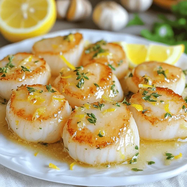 - 1 pound sea scallops, patted dry - 4 tablespoons unsalted butter - 2 tablespoons olive oil - 4 cloves garlic, minced - 1 lemon (zested and juiced) - 1 teaspoon fresh thyme leaves (or ½ teaspoon dried thyme) - Salt and pepper to taste - Fresh parsley, chopped (for garnish) Gather these ingredients to create a bright and tasty dish. The sea scallops serve as the star of this recipe. They are sweet and tender. When cooked right, they melt in your mouth. The unsalted butter and olive oil create a rich base. The butter adds depth, while the olive oil helps cook the scallops evenly. Next, we have the flavor enhancers. Garlic brings a warm, savory note. It pairs well with the brightness of lemon. The lemon zest and juice brighten the dish. They cut through the richness of the butter. Thyme adds a hint of earthiness. You can use fresh thyme for a stronger flavor or dried thyme for convenience. Lastly, we finish with simple seasoning and garnish. Salt and pepper enhance the natural flavors. Fresh parsley adds a pop of color and freshness. It also gives a slight crunch. With these ingredients, we create a dish that is savory and simple, perfect for any occasion. - Drying the scallops: Pat the scallops dry with a paper towel. This step is key. - Importance of drying for searing: Dry scallops create a nice sear. Moisture will steam them, not sear them. - Heating the pan and adding butter and oil: Heat a large skillet over medium-high heat. Add 2 tablespoons of olive oil and 2 tablespoons of butter. Wait for the butter to melt and bubble. - Searing scallops: tips for perfect browning: Place the scallops in a single layer. Do not overcrowd them. Sear for 2-3 minutes until golden. Flip and cook for another 2 minutes until opaque. Remove from the skillet. - Reducing heat and adding garlic: Lower the heat to medium. Add another 2 tablespoons of butter. Once melted, add minced garlic and cook for 30 seconds until fragrant. - Combining lemon and herbs into the sauce: Stir in lemon zest, lemon juice, and thyme. Cook for one more minute. Season with salt and pepper. - Arranging scallops for presentation: Place the scallops on a serving platter or individual plates. - Drizzling sauce and garnishing: Drizzle the lemon-garlic sauce over the scallops. Garnish with chopped parsley for a pop of color. When you pick scallops, look for a few key signs. Fresh scallops should smell like the sea, not fishy. Their flesh should be firm and plump. You may see a shiny appearance, which is good. There are different types of scallops. Sea scallops are larger and sweeter, perfect for this dish. Bay scallops are smaller and can work too, but they cook faster. Choose what you like best. Timing is key when cooking scallops. Sear them for about 2-3 minutes on one side. Flip them and cook for another 2 minutes. This gives you a nice golden brown crust. To avoid overcooking, watch them closely. Scallops cook fast and can turn rubbery if left too long. Once they are opaque, they are done. You can enhance this dish with different herbs. If you don’t have thyme, try basil or dill. These will add a fresh touch. For extra zing, consider adding chili flakes. They bring heat without overpowering the dish. Just a pinch can elevate the flavor profile. {{image_2}} You can spice up your Lemon Garlic Butter Scallops easily. One great way is to add chili flakes. This gives the dish a nice kick. Just sprinkle a pinch into the sauce as you cook. You can also try adding fresh herbs like basil or dill. These herbs bring a bright taste that pairs well with scallops. If you want a dairy-free version, swap the butter for olive oil or vegan butter. This keeps the dish rich without the dairy. For gluten-free options, make sure your ingredients are certified gluten-free. The scallops themselves are naturally gluten-free, so you can enjoy them worry-free. Scallops taste great with many sides. You can pair them with pasta, rice, or roasted vegetables. A light salad works well too. For sauces, try a splash of white wine or a creamy sauce. Both will add depth and richness to your meal. To keep leftover scallops fresh, store them in an airtight container. Place a paper towel inside to absorb moisture. This helps prevent sogginess. Scallops last in the fridge for about 1-2 days. If they smell off or look dull, it’s best to toss them. To freeze cooked scallops, let them cool completely. Place them in a freezer-safe bag. Remove as much air as you can to avoid freezer burn. They can stay fresh in the freezer for about 2-3 months. When ready to eat, thaw them in the fridge overnight for the best texture. For reheating, use a skillet over low heat. This method keeps scallops tender. Add a little butter or olive oil to help with moisture. Avoid the microwave; it can make them rubbery. Heat just until warm, not too long, to retain their flavor. Scallops cook quickly. Sear them for about 2-3 minutes on one side until golden brown. Then flip them and cook for another 2 minutes. They should be opaque and firm when done. This total time is only around 4-6 minutes. Cooking them too long makes them tough. You can use frozen scallops, but they need careful handling. Thaw them overnight in the fridge. Pat them dry well before cooking. This ensures they sear nicely. Fresh scallops are best for taste and texture, but frozen ones can work nicely in a pinch. Lemon Garlic Butter Scallops pair well with many sides. Consider serving them with: - Garlic mashed potatoes - Steamed asparagus - Fresh salad with light dressing - Pasta with lemon and herbs For wine, a crisp white wine like Sauvignon Blanc enhances the dish perfectly. This blog post gave you a clear guide to cooking scallops. We covered main ingredients, seasoning, and the all-important steps for perfecting your dish. I shared tips for selecting fresh scallops and avoiding overcooking. You also learned variations, storage methods, and answers to common questions. Cooking scallops can be simple and delicious. With practice, you’ll impress yourself and others at the dinner table. Enjoy experimenting with flavors and make this dish your own!