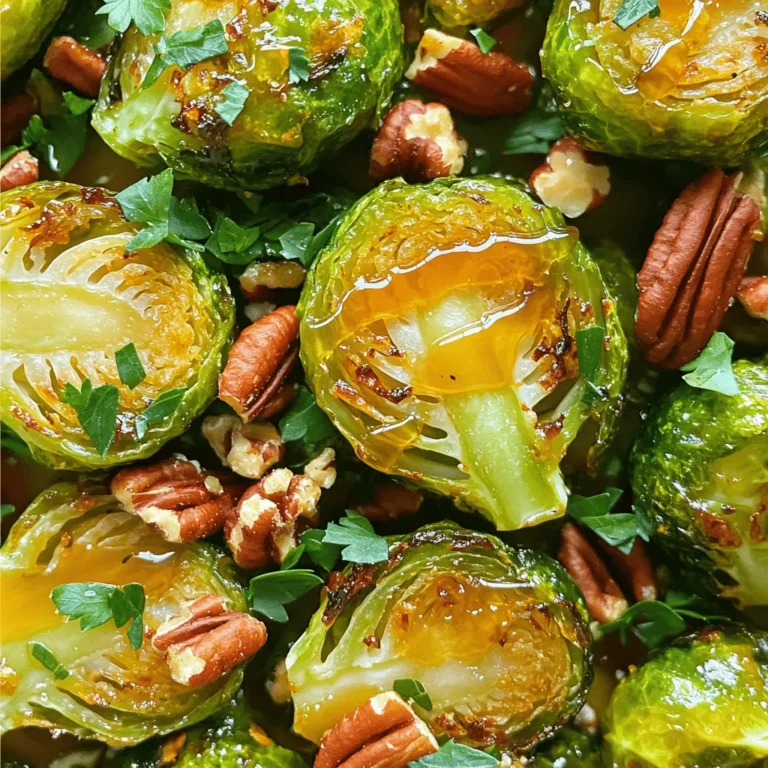 - 1 lb Brussels sprouts, trimmed and halved - 2 tablespoons olive oil - 2 tablespoons pure maple syrup - 1 tablespoon Dijon mustard - 1 tablespoon balsamic vinegar - 2 cloves garlic, minced - Salt and black pepper to taste - ¼ cup chopped pecans - Fresh parsley for garnish The ingredients for Maple Dijon Roasted Brussels Sprouts are simple yet powerful. I love using fresh Brussels sprouts. They bring a great crunch and flavor to the dish. The olive oil helps the sprouts roast perfectly. Maple syrup adds a sweet touch that pairs well with the mustard's tang. I often add balsamic vinegar for depth. Minced garlic gives a lovely aroma and taste. Don’t forget salt and black pepper. They enhance all the flavors. You can add pecans for a crunchy bite. Fresh parsley makes the dish pop with color and freshness. Each ingredient plays a key role in creating a tasty side dish. - Preheat your oven to 400°F (200°C). - Prepare the baking sheet with parchment paper. - In a large bowl, whisk together the olive oil, maple syrup, Dijon mustard, balsamic vinegar, minced garlic, salt, and black pepper. - This mix gives the Brussels sprouts a sweet and tangy kick. - The Dijon adds a nice bite that balances the syrup's sweetness. - Toss the halved Brussels sprouts in the dressing until they are fully coated. - Spread them out on the baking sheet in a single layer. - This helps them roast evenly and get crispy. - Roast for 20-25 minutes. - For extra crunch, add pecans in the last 5 minutes. - Remove from the oven when they are tender and caramelized. - Let them cool a few minutes before serving. To get Brussels sprouts that roast evenly, spread them in a single layer. This helps them cook well and get crispy edges. Halfway through cooking, shake the pan gently. This action moves the sprouts around for even browning. You can make the dish sweeter by adding more maple syrup. If you want a stronger mustard taste, add a pinch of extra Dijon mustard. Taste as you go to find your perfect balance. Serve the Brussels sprouts warm or at room temperature. They work great alongside proteins like chicken or pork. You can also enjoy them on a vegetarian plate with grains or other veggies. {{image_2}} You can switch maple syrup for honey or agave syrup. Each option still brings a nice sweetness. Honey adds a floral note, while agave syrup is light and mild. These swaps keep the dish tasty and unique. If you want a different crunch, try using walnuts or almonds. Walnuts give a rich, earthy flavor. Almonds add a subtle sweetness and a nice bite. Both options work well and can change the dish's texture. Feel free to add carrots or sweet potatoes to the mix. Carrots bring a natural sweetness and bright color. Sweet potatoes add creaminess and a bit more nutrition. Mixing these veggies makes your dish colorful and healthy. You can store leftovers in the fridge. Place them in an airtight container. They stay fresh for up to three days. Make sure to cool them down before sealing. To reheat, use the oven for the best texture. Heat at 350°F (175°C) for about 10 minutes. If you’re in a hurry, the microwave works too. Just cover them to keep moisture in. You can freeze uncooked Brussels sprouts with the dressing. This way, they stay fresh longer. When ready to cook, roast them straight from the freezer. Adjust the cooking time as needed. Yes, but fresh Brussels sprouts yield better texture. Frozen sprouts may become mushy. Fresh ones stay crisp and flavorful when roasted. Roasting them with maple syrup can help enhance sweetness and reduce bitterness. The syrup balances the natural taste of the sprouts. This makes them more appealing to everyone. They pair well with chicken, pork, or as part of a vegetarian platter. The sweet and tangy flavor complements many main dishes. You can also serve them with grains like quinoa for a hearty meal. This article covered how to make Maple Dijon Roasted Brussels sprouts. You learned about the key ingredients, step-by-step instructions, and ways to serve and store them. Roasting Brussels sprouts with the right mix of flavors can change their taste completely. Remember to try variations like honey or different nuts. These changes keep the dish exciting. Enjoy these sprouts warm or at room temperature, and don’t hesitate to add your favorite proteins to make a meal. Happy cooking!