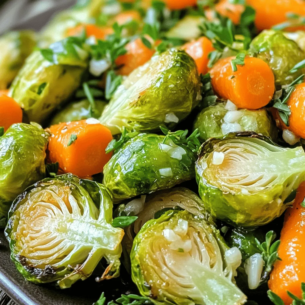 To make this tasty dish, you need: - 1 pound Brussels sprouts, halved - 1 pound baby carrots, peeled - 4 cloves garlic, minced - 3 tablespoons olive oil - 2 teaspoons dried thyme - 1 teaspoon dried rosemary - Salt and black pepper to taste - 1 tablespoon fresh parsley, chopped (for garnish) You can swap some ingredients if needed: - Use regular carrots instead of baby carrots. - Fresh garlic can replace minced garlic. - If you lack thyme, try using oregano. - You can use any oil you like for roasting. - Fresh rosemary works too if you have it. This dish serves four people. Each serving has: - Calories: about 160 - Protein: 3 grams - Carbohydrates: 20 grams - Fat: 8 grams - Fiber: 5 grams - Sugar: 4 grams This dish packs flavor and nutrition! Enjoy the balance of veggies and herbs. First, you need to gather your ingredients. For this dish, you will need: - 1 pound Brussels sprouts, halved - 1 pound baby carrots, peeled - 4 cloves garlic, minced - 3 tablespoons olive oil - 2 teaspoons dried thyme - 1 teaspoon dried rosemary - Salt and black pepper to taste - 1 tablespoon fresh parsley, chopped (for garnish) Next, preheat your oven to 425°F (220°C). This step is key. A hot oven helps the veggies get crispy. In a large mixing bowl, add the halved Brussels sprouts and peeled baby carrots. It’s fun to see the bright colors! In a small bowl, whisk together the minced garlic, olive oil, dried thyme, dried rosemary, salt, and black pepper. This mix will be your flavor base. Make sure everything blends well. Now, pour the garlic mixture over the veggies. Toss them gently with your hands or a big spoon. You want every piece of vegetable coated in that tasty mix. Spread the Brussels sprouts and carrots on a baking sheet lined with parchment paper. Make sure they’re in a single layer. This helps them roast evenly. Place the baking sheet in your preheated oven. Roast for 25-30 minutes. Halfway through, toss the veggies again. This creates a lovely caramelization on the outside. When the time is up, check if they are tender. You can poke them with a fork. If they’re soft, they’re done! Remove the baking sheet from the oven. Let the veggies cool for a minute. This will make them easier to handle. Transfer the roasted Brussels sprouts and carrots to a serving dish. To finish, sprinkle fresh parsley on top. This adds a nice touch of color and flavor. To get the best results, choose fresh Brussels sprouts and carrots. They should be firm and bright. This ensures good taste and texture. Don’t overcrowd the baking sheet. If you have too many veggies, they will steam, not roast. You want that crispy texture! If you like a bit more crunch, roast them a few extra minutes. Just keep an eye on them to avoid burning. Feel free to mix up the herbs. If you love basil or oregano, add those instead! Enjoy your cooking adventure! When making Garlic Herb Roasted Brussels & Carrots, avoid these common mistakes: - Overcrowding the pan: If you pile the veggies, they will steam instead of roast. - Not preheating the oven: A hot oven helps caramelize the veggies for better flavor. - Using old produce: Fresh Brussels sprouts and carrots will taste much better. - Skipping the toss: Toss your veggies halfway through roasting for even cooking. To boost the flavor of your dish, try these tricks: - Add lemon juice: A splash before serving brightens the taste and adds freshness. - Use fresh herbs: Swap dried thyme and rosemary with fresh ones for a more vibrant flavor. - Sprinkle cheese: Grated Parmesan or feta can add a savory kick. - Mix in nuts: Chopped walnuts or pecans can add crunch and depth. Garlic Herb Roasted Brussels & Carrots pair well with many dishes: - Grilled chicken: The veggies complement the smoky taste. - Baked fish: A light fish dish balances the rich flavors. - Quinoa salad: This adds protein and makes a well-rounded meal. - Pasta primavera: Mix with pasta for a colorful, healthy dish. {{image_2}} You can make this dish even better with extra ingredients. Try adding: - Red bell peppers, sliced - Sweet potatoes, cubed - Shallots, quartered - Zucchini, sliced These add color and flavor. Mix and match to find your favorite combo! Change up the spices and herbs for new tastes. Here are some options: - Oregano instead of thyme - Basil for a fresh twist - Paprika for some heat - Cumin for a warm flavor Experiment with what you have. Each choice gives a new taste! This dish is easy to make for special diets. It's naturally vegan and gluten-free. Just use: - Olive oil for cooking and flavor - Fresh herbs for extra zest You can enjoy this dish no matter what your dietary needs are. To store leftovers, let the Brussels and carrots cool first. Place them in an airtight container. Keep the container in the fridge. They stay fresh for up to four days. Make sure to seal it well to prevent odors from other foods. When ready to eat, you can reheat the veggies in the oven. Preheat the oven to 350°F (175°C). Spread the vegetables on a baking sheet. Heat them for about 10 to 15 minutes, or until warm. Alternatively, you can use the microwave. Heat in short bursts, checking often to avoid overcooking. You can freeze the roasted Brussels and carrots too. First, let them cool completely. Then, place them in a freezer-safe bag or container. Remove as much air as possible before sealing. They can stay in the freezer for up to three months. When you're ready to use them, thaw them in the fridge overnight before reheating. Yes, you can use frozen Brussels sprouts and carrots. However, they may not get as crisp. Frozen veggies often release water as they cook. This can lead to soggy results. If you choose frozen, roast them for a bit longer. Keep an eye on them to ensure they cook through. You will know the vegetables are done when they are tender and caramelized. A fork should easily pierce them. Look for a golden-brown color on the outside. Toss them halfway through cooking to help them roast evenly. Garlic Herb Roasted Brussels and carrots pair well with many dishes. Try serving them with grilled chicken or fish. They also go great with quinoa or rice. For a vegetarian meal, serve them alongside a hearty grain salad. Enjoy these veggies with any main dish you love! In this post, we explored key parts of making Garlic Herb Roasted Brussels and Carrots. You learned about ingredients, cooking steps, and tips to avoid common mistakes. We also discussed ways to vary the recipe for different diets. Remember to store your leftovers properly for best taste. With these steps, you can create a delicious dish that everyone will enjoy. Enjoy cooking and feel free to share your results with friends!