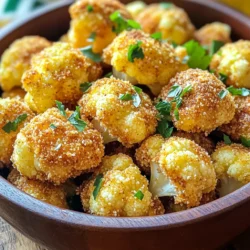 To make tasty Air Fryer Ranch Cauliflower Bites, gather these simple ingredients: - Cauliflower florets - Buttermilk or a dairy-free alternative - Coating ingredients: all-purpose flour and seasonings - Breadcrumb options Start with one medium head of cauliflower. Cut it into bite-sized florets. This gives each piece a nice crunch and flavor. You will need one cup of buttermilk. If you prefer, use a dairy-free milk like almond or oat milk. Buttermilk helps the coating stick to the cauliflower. For the coating, mix one cup of all-purpose flour. You can also use gluten-free flour if needed. Add one tablespoon of ranch seasoning mix for flavor. Then, include one teaspoon each of garlic powder, onion powder, and smoked paprika. Don’t forget to add salt and pepper to taste. Use one cup of breadcrumbs for extra crunch. Panko breadcrumbs work best for this recipe. They give a light, crispy texture. Gather these ingredients, and you’re ready to make a delicious snack! Marinating the cauliflower is key. It makes the bites tender and flavorful. The buttermilk adds moisture and tang. I suggest marinating for at least 30 minutes. This time allows the flavors to soak in well. If you have more time, letting it sit for an hour is even better. Next, let’s prepare the coating. In a large bowl, mix the dry ingredients. Combine the flour, ranch seasoning, garlic powder, onion powder, and smoked paprika. This blend creates a tasty crunch. In another bowl, place the breadcrumbs. Using panko breadcrumbs gives extra crunch, but regular ones work too. Now, it’s time to coat the cauliflower. Remove the marinated florets from the fridge. First, dredge each floret in the flour mix. Shake off any extra flour gently. Then, dip it back into the buttermilk. This step helps the breadcrumbs stick. Finally, roll the floret in the breadcrumbs until fully coated. Make sure each piece is even. This ensures a crispy bite. Before cooking, preheat your air fryer to 400°F (200°C). This step is crucial for even cooking. Once hot, arrange the coated cauliflower bites in a single layer. Avoid overcrowding the basket. Cook for 12-15 minutes. Halfway through, shake the basket gently. This helps all sides crisp up nicely. Keep an eye on them until they are golden brown. Enjoy the delightful crunch! To get those bites extra crispy, use panko breadcrumbs. They have a great texture. You can also mix in some regular breadcrumbs for added crunch. Adjusting the cooking time is key. If you want them crispier, add a few more minutes. Just keep an eye on them to avoid burning. Spice up your cauliflower bites with extra seasonings. Try adding cayenne for heat or Italian herbs for a fresh twist. You can swap out the ranch seasoning too. Use taco seasoning or even a Cajun blend for a different flavor. These bites pair well with a variety of dips. Ranch or blue cheese dressing works great. You can also try a spicy sriracha mayo for a kick. Serve them alongside a fresh salad or as a side to your favorite main dish. They make a perfect snack or appetizer! {{image_2}} You can easily make these bites gluten-free. First, swap out regular flour for gluten-free flour. This change keeps the crunch while avoiding gluten. For binders, use almond milk or oat milk instead of buttermilk. Both options work well and keep the bites moist. To make these bites vegan, use a dairy-free buttermilk. Mix plant-based milk with lemon juice or vinegar. Let it sit for five minutes to thicken. For added flavor, try seasoning with smoked paprika or nutritional yeast. Both give a savory kick without dairy. Get creative with flavors! You can try different seasoning blends, like taco seasoning or Italian herbs. For a cheesy taste, add nutritional yeast or your favorite dairy-free cheese. Fresh herbs like dill or parsley can also brighten up the dish. To keep your air fryer ranch cauliflower bites fresh, store them in a cool place. Place the bites in an airtight container. This keeps moisture out and helps them stay crispy. Glass or plastic containers work well. If using plastic, choose BPA-free options for safety. When reheating, the goal is to keep them crispy. I suggest using the air fryer. Set it to 350°F (175°C) and heat for about 5 minutes. This method revives that crunch. If you prefer a microwave, use it on low power. However, the bites may lose some crispiness this way. You can freeze the ranch cauliflower bites for later. First, let them cool completely. Then, place them in a single layer on a baking sheet. Freeze until solid, then transfer to a freezer bag. When ready to eat, thaw in the fridge overnight. Reheat in the air fryer for the best texture. Yes, you can use frozen cauliflower. Just make sure to thaw it first. After thawing, pat it dry to remove excess moisture. This helps the coating stick better and keeps the bites crisp. Frozen cauliflower can save time and still taste great. You can serve these bites with many tasty options. Here are some ideas: - Ranch dressing for dipping - Hummus for a healthy twist - Spicy ketchup for a kick - A fresh salad to balance the flavors These pairings will enhance the overall taste and make for a fun snack. To add some heat, try these easy tips: - Mix in cayenne pepper with the flour. - Use a spicy ranch seasoning mix. - Add diced jalapeños to the coating. A little heat can make these bites even more exciting. These bites can last about 3 to 4 days in the fridge. Store them in an airtight container to keep them fresh. For the best taste, eat them within the first few days. This way, you enjoy the best flavor and crispiness. Air fryer ranch cauliflower bites are healthy and delicious. We covered key ingredients, marinating tips, and coating techniques. Perfect crispiness relies on the right breadcrumbs and cooking time. Consider variations like gluten-free and vegan options for different diets. Proper storage and reheating keep leftovers tasty. Experiment with flavors to find your favorite twist. Enjoy creating this fun, tasty snack that fits any occasion.