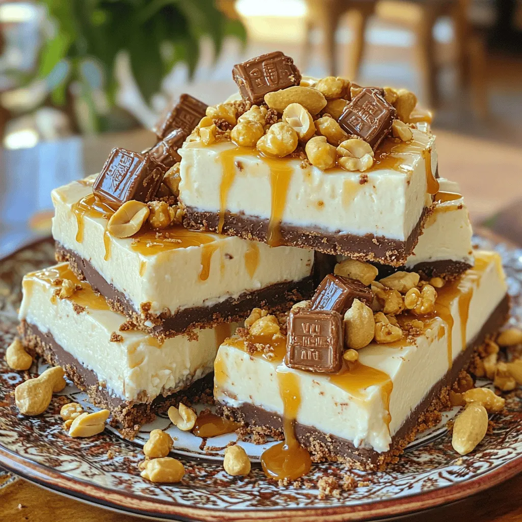 - 1 cup graham cracker crumbs - 1/4 cup unsweetened cocoa powder - 1/3 cup melted butter - 1 cup cream cheese, softened - 1 cup powdered sugar - 1 teaspoon vanilla extract - 1 cup heavy whipping cream - 4 fun-size Snickers bars, chopped - 1/4 cup caramel sauce - 1/4 cup chopped peanuts For the crust of these cheesecake bars, I use graham cracker crumbs. They bring a sweet crunch. I mix them with cocoa powder and melted butter for extra flavor. This gives the base a rich chocolate taste. Next, I whip up the filling. Cream cheese is key here. It makes the bars creamy and smooth. I blend it with powdered sugar and vanilla extract. This mix adds sweetness and a nice aroma. Heavy whipping cream is my secret to lightness. I whip it until stiff peaks form. Then, I gently fold it into the cream cheese mix. This step is vital. It keeps the filling airy. Finally, I add chopped Snickers and caramel sauce. The Snickers add bites of chocolate and nougat, while the caramel brings sweetness. I also toss in chopped peanuts for a delightful crunch. - Additional Snickers bars - Extra caramel sauce When serving, you can add more Snickers on top. It makes for a fun look and adds even more flavor. A drizzle of extra caramel sauce gives a sweet finish. It looks pretty and tastes amazing. - 8x8 inch baking dish - Mixing bowls - Hand mixer To make these bars, you need an 8x8 inch baking dish. This size is perfect for setting the cheesecake. Mixing bowls help keep everything organized. A hand mixer is essential for beating the cream cheese and whipping the cream. With these tools, you can create your tasty dessert with ease. To start, gather your graham cracker crumbs, cocoa powder, and melted butter. In a mixing bowl, combine these three ingredients. Mix until the crumbs get wet and look like sand. Next, take an 8x8 inch baking dish and line it with parchment paper. Press the crumb mixture firmly into the bottom of the dish. Make sure it is even. This crust needs to chill in the fridge for 15 minutes to set. Now, let’s make the filling. First, take your softened cream cheese and place it in a clean bowl. Beat it with a hand mixer until it becomes smooth. Gradually add in powdered sugar and vanilla extract. Mix until everything is well combined. In another bowl, whip the heavy cream until you see stiff peaks. This means the cream holds its shape well. Gently fold the whipped cream into the cream cheese mixture. Be careful not to deflate the whipped cream. It’s time to bring everything together! Fold in the chopped Snickers bars and caramel sauce into the cheesecake filling. This adds great flavor and texture. Now, pour the cheesecake filling over the chilled crust. Spread it evenly, and smooth the top with a spatula. Make sure it looks nice and neat. Then, refrigerate the cheesecake bars for at least 4 hours. When it has set, you can lift it out of the pan using the parchment paper. Cut into bars and enjoy! To ensure your crust is firm and set, always press it down tightly. Use a flat-bottomed measuring cup to pack the crumb mixture evenly. Refrigerate it for at least 15 minutes. This step helps create a sturdy base for your cheesecake. To prevent sticking, line the baking dish with parchment paper. Leave some paper hanging over the sides. This makes it easy to lift the bars out later. If you don’t have parchment, grease the dish well with butter or cooking spray. Achieving the right cheesecake texture is key. Start with softened cream cheese. This helps it blend smoothly. Mix it well with powdered sugar and vanilla until creamy. When whipping the heavy cream, use a clean bowl and beaters. This ensures you get stiff peaks. Fold the whipped cream into the cream cheese gently. Use a spatula and a light hand to keep the mixture airy and fluffy. For the best way to cut and serve the bars, use a sharp knife. Dip it in hot water before slicing. This helps create clean cuts. Make sure to wipe the knife after each cut for neat slices. Get creative with garnishing! Drizzle extra caramel over the top before serving. Add some chopped Snickers bits for a fun touch. You can also sprinkle chopped peanuts for crunch. Serve the bars on a colorful platter for a beautiful presentation. {{image_2}} You can easily change the flavor of these cheesecake bars. Try using different types of chocolate. Dark chocolate gives a rich taste, while milk chocolate is sweet and creamy. You can also use white chocolate for a smooth, mellow flavor. Adding peanut butter or butterscotch can boost the taste. Mix in some peanut butter for a nutty twist. Butterscotch adds a sweet, caramel-like flavor that pairs well with cheesecake. These small changes can make a big difference. If you want to make a healthier version, consider substituting graham crackers. You can use gluten-free options like almond flour or coconut flour. These swaps keep the crust delicious and gluten-free. Another idea is to use low-fat cream cheese. This reduces calories while keeping the creamy texture. You can also use natural sweeteners like honey or maple syrup. This way, you enjoy tasty bars with fewer added sugars. Incorporating seasonal fruits can add freshness to your bars. Berries like strawberries, blueberries, or raspberries work great. They add color and a tart taste that balances the sweetness. For themed decorations, you can change them with the seasons. Use sprinkles for a birthday or festive colors for holidays. This adds fun and excitement to your dessert, making it more appealing for any occasion. To keep your No-Bake Snickers Cheesecake Bars fresh and tasty, store them in the refrigerator. Use an airtight container to prevent them from absorbing any odors. If you want to keep them longer, you can freeze them. Wrap the bars tightly in plastic wrap, then place them in a freezer-safe container or bag. This double wrap helps avoid freezer burn. When stored in the fridge, these cheesecake bars last about 5 days. If you freeze them, they can stay good for up to 2 months. Check for signs of spoilage, like a change in color or an off smell. If they look or smell bad, it's best to toss them. If you freeze the bars, let them thaw in the fridge overnight. This helps keep their creamy texture. You can also let them sit at room temperature for about 30 minutes before serving. This will make them soft and easy to cut. Avoid using heat, as this can change their texture. Enjoy your delicious treat! Yes, you can make these cheesecake bars ahead of time. This makes them great for parties. Prepare them a day or two before serving. Just follow these tips: - Chill Time: Allow at least 4 hours for the bars to set in the fridge. - Cover Well: Wrap them tightly with plastic wrap or foil. This keeps them fresh. - Serve Cold: These bars taste best when cold. Chill them before serving. You can swap out Snickers bars for many other treats. Here are some great options: - Twix Bars: These add a nice caramel and cookie flavor. - Reese's Peanut Butter Cups: For a creamy peanut butter taste. - Milky Way Bars: They bring a smooth chocolate and caramel mix. - M&M's: For a colorful and crunchy twist. Feel free to mix and match flavors to suit your taste! Yes, you can make these bars vegan with a few swaps. Here are some suggestions: - Cream Cheese: Use a vegan cream cheese alternative. - Butter: Replace with coconut oil or a vegan butter substitute. - Heavy Cream: Use coconut cream or a vegan whipping cream. - Snickers: Look for vegan-friendly chocolate bars. These swaps keep the flavors rich and delicious while being plant-based! This blog post walked you through making delicious cheesecake bars. We covered the key ingredients, like graham cracker crumbs and cream cheese. You learned how to prepare the crust and make the filling step by step. By following my tips, you can perfect your cheesecake texture and presentation. Feel free to try new flavors or healthier options to make it your own. Remember, these bars are fun to make and even better to eat. Enjoy sharing them with friends and family!