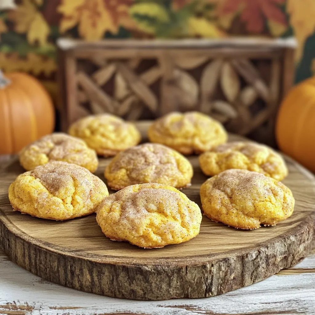 When making Pumpkin Spice Snickerdoodle Cookies, you need some key ingredients that bring the flavor and texture. Here’s a detailed list of what you’ll need: - 1 cup unsalted butter, softened - 1 cup granulated sugar - 1/2 cup brown sugar, packed - 2 large eggs - 1 cup pumpkin puree (canned or fresh) - 3 cups all-purpose flour - 2 teaspoons cream of tartar - 1 teaspoon baking soda - 1 teaspoon baking powder - 2 teaspoons pumpkin pie spice - 1/2 teaspoon salt - 1/4 cup granulated sugar (for rolling) - 1 tablespoon cinnamon (for rolling) Each ingredient plays a role in creating the perfect cookie. The butter adds richness, while the sugars provide sweetness. Eggs and pumpkin puree keep the cookies moist. The flour forms the base, and the cream of tartar works with baking soda to give the cookies a nice rise. Pumpkin pie spice adds that warm, cozy flavor we all love. Finally, the cinnamon-sugar mixture for rolling gives each cookie a delightful finish. Remember, using quality ingredients makes a big difference in taste. Happy baking! - Preheat your oven to 350°F (175°C). - Line two baking sheets with parchment paper. This helps prevent sticking. - In a large bowl, cream 1 cup of softened unsalted butter with 1 cup of granulated sugar and 1/2 cup of brown sugar. Mix until light and fluffy. - Add 2 large eggs one at a time. Mix well after each egg. Then, add 1 cup of pumpkin puree. Blend until it is fully mixed in. - In a separate bowl, whisk together 3 cups of all-purpose flour, 2 teaspoons of cream of tartar, 1 teaspoon of baking soda, 1 teaspoon of baking powder, 2 teaspoons of pumpkin pie spice, and 1/2 teaspoon of salt. - Gradually mix the dry ingredients into the wet mixture. Be careful not to overmix; just combine until the dough is formed. - In a small bowl, mix 1/4 cup of granulated sugar with 1 tablespoon of cinnamon for rolling. - Scoop tablespoon-sized balls of dough and roll them in the cinnamon-sugar mixture. Make sure they are well coated. - Place the dough balls on the prepared baking sheets, leaving about 2 inches between each. Slightly flatten each ball. - Bake in the preheated oven for 10-12 minutes. The edges should be set, and the cookies should be lightly golden. They may look a bit underbaked in the middle but will firm up as they cool. - Let the cookies cool on the baking sheets for 5 minutes before moving them to a wire rack. This helps them finish setting. To get the best texture in your cookies, avoid overmixing the dough. When you mix too much, the cookies can become tough. Mix until just combined for a soft bite. After scooping the dough, flatten each ball slightly. This helps them bake evenly and gives you that classic snickerdoodle shape. Using fresh pumpkin puree will boost the flavor of your cookies. It adds a rich, natural taste. If you want even more pumpkin flavor, consider adding more pumpkin pie spice. This spice brings warmth and depth to each bite. A little extra spice can really elevate your cookies. Check for doneness by looking at the edges. They should be set and lightly golden. The centers may look a bit underbaked, but they will firm up as they cool. For cooling, let the cookies sit on the baking sheets for five minutes. This helps them hold their shape before moving them to a wire rack. {{image_2}} You can switch up the flavors in your pumpkin spice snickerdoodles! Here are some fun ideas: - Adding chocolate chips: Mix in semi-sweet or dark chocolate chips for a rich flavor. The chocolate goes well with the warm spices. - Using different spices: Try adding nutmeg, allspice, or even ginger. Each spice gives a different twist to the cookie. Making your cookies fit your diet is easy! Here are some ideas: - Gluten-free options: Substitute all-purpose flour with a gluten-free flour blend. Ensure it has a binding agent like xanthan gum. - Vegan substitutions: Replace the eggs with flax eggs. Mix one tablespoon of ground flaxseed with three tablespoons of water. Let it sit until it thickens. You can use vegan butter too for a dairy-free version. To keep your Pumpkin Spice Snickerdoodle Cookies fresh, store them at room temperature. Use an airtight container to prevent them from drying out. If you live in a humid area, refrigeration may help. But remember, cold can change the texture. Freezing cookie dough: You can freeze the dough before baking. Scoop the dough into balls and place them on a baking sheet. Freeze them for about an hour. Then, transfer the frozen balls into an airtight bag. They can last up to three months. Freezing baked cookies: If you have leftover cookies, you can freeze them too. Place the cooled cookies in a single layer in an airtight container. Separate layers with parchment paper. These cookies freeze well for up to three months. Just thaw them at room temperature when you want a treat! Can I use canned pumpkin? Yes, you can use canned pumpkin. It saves time and offers great flavor. Make sure to choose pure pumpkin puree, not pumpkin pie filling. This keeps your cookies tasty and balanced. How do I prevent cookies from spreading? To stop cookies from spreading, chill the dough before baking. You can also use more flour. Make sure to measure correctly. A little extra flour can help keep them thick. Can I make these cookies ahead of time? Absolutely! You can prepare the dough and chill it. Then, scoop and roll the dough into balls. Store them in the fridge for up to 24 hours. Or, freeze them for later baking. Can I add nuts or dried fruits? Yes, you can add nuts like pecans or walnuts. You can also mix in dried fruits like raisins or cranberries. Just keep the amounts small so the cookies bake evenly. How do I adjust the recipe for smaller batches? To make fewer cookies, cut the recipe in half. Use half of each ingredient. This simple math gives you about a dozen cookies, perfect for a small treat. My cookies are too flat, what went wrong? Flat cookies often mean too much sugar or not enough flour. Check your measurements. Make sure your butter is softened but not melted. If all else fails, chill the dough before baking. How can I make my cookies softer? For softer cookies, use a bit less flour. You can also bake them for a minute less. Be careful not to overbake; they should look a bit soft in the center. Let them cool on the pan to keep them soft. This blog post covered a simple recipe for pumpkin cookies. We explored ingredients and step-by-step instructions. Tips helped ensure the right texture and flavor. Variations allowed for personal touches, like adding chocolate chips or modifying for diets. Storage info ensures your cookies stay fresh. Now, you can bake tasty pumpkin cookies with ease. Enjoy the process and share with friends. Savor every bite of your hard work. Happy baking!
