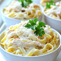 To make Slow Cooker Creamy Chicken Alfredo, you need the following ingredients: - 2 pounds boneless, skinless chicken breasts - 4 cups heavy cream - 1 cup chicken broth - 2 cups grated Parmesan cheese - 3 cloves garlic, minced - 1 teaspoon Italian seasoning - Salt and pepper to taste - 1 pound fettuccine pasta - Fresh parsley, chopped (for garnish) These ingredients create a rich and creamy dish that is perfect for any occasion. You can add some extra flavor with these optional ingredients: - 1 cup mushrooms, sliced - 1 cup spinach, fresh or frozen - 1 teaspoon red pepper flakes for heat - Lemon zest for brightness These additions can enhance the taste and make your dish even better. To prepare this dish, make sure you have these tools: - Slow cooker - Large mixing bowl - Whisk - Two forks for shredding chicken - Serving bowls for presentation Having the right tools makes cooking easier and more enjoyable. Start by placing the chicken breasts at the bottom of your slow cooker. Season them well with salt, pepper, and Italian seasoning. This adds flavor right from the start. In a bowl, whisk together the heavy cream, chicken broth, and minced garlic. Make sure it blends smoothly. Pour this rich mixture over the seasoned chicken in the slow cooker. This step creates the creamy base for your dish. Cover the slow cooker and set it on low heat. Cook for about four hours. Your chicken should become tender and fully cooked by then. Once it's done, carefully take the chicken out. Use two forks to shred it into bite-sized pieces. This method makes the chicken easy to mix later. Now it’s time to add the fettuccine pasta. Stir it into the creamy sauce in the slow cooker. Let it cook on low for another 30 minutes. This step ensures the pasta absorbs all those wonderful flavors. Finally, stir in the grated Parmesan cheese. Keep mixing until it melts and makes the sauce even creamier. Add the shredded chicken back in and mix well. Taste your dish and adjust it with more salt or pepper if needed. To boost flavor in your Slow Cooker Creamy Chicken Alfredo, use fresh ingredients. Fresh garlic makes a big difference. You can also add more herbs. Try basil or thyme for a twist. Mixing in a splash of lemon juice brightens the dish too. A pinch of red pepper flakes adds a nice kick. Prep your ingredients before you start cooking. Chop garlic and measure the cheese ahead of time. You can also season the chicken the night before. This will save you time on cooking day. Consider using rotisserie chicken for a super-fast option. Just shred it and mix it in during the last 30 minutes. One common mistake is overcooking the chicken. Always check for doneness at 4 hours. If your pasta gets mushy, don’t cook it too long. Add it during the last step and cook it just until tender. Forgetting to taste and adjust seasoning is another pitfall. Always check for salt and pepper before serving. {{image_2}} You can make this dish lighter by changing some ingredients. Use low-fat cream instead of heavy cream. You can also swap chicken broth for a low-sodium version. For protein, consider using turkey breast. You can replace Parmesan cheese with a lower-fat option too. These swaps keep the flavor while cutting calories. Fettuccine is classic, but you can use other pastas. Try whole wheat pasta for more fiber. Gluten-free pasta works well if you have allergies. Zucchini noodles are a fun option for a low-carb meal. Just make sure to adjust cooking times for different pasta types. Want to make your dish even better? Add vegetables like spinach or broccoli for color and nutrition. Mushrooms can add an earthy flavor. You might also like to toss in sun-dried tomatoes for a sweet twist. Herbs like basil or thyme can give it a fresh taste, too. These extras can make your meal unique and delicious. To keep your Slow Cooker Creamy Chicken Alfredo fresh, store leftovers in an airtight container. Make sure to let the dish cool to room temperature before sealing. This helps prevent moisture build-up, which can spoil the dish. Place it in the fridge where it will stay good for up to three days. When you’re ready to enjoy your leftovers, reheating is key. Place the Alfredo in a pot over low heat. Stir gently as it warms to avoid burning. You can add a splash of chicken broth or cream to keep it creamy. This helps bring back the rich flavor and smooth texture. If you want to save the dish for later, freezing is a great option. First, let the Alfredo cool completely. Then, place it in a freezer-safe container. Make sure to leave some space for expansion. It can stay in the freezer for up to three months. To reheat, thaw overnight in the fridge before warming it on the stove. Yes, you can use frozen chicken breasts. Just add an hour to your cooking time. The slow cooker will safely cook the chicken from frozen. This method saves time on prep, too. If you want a lighter option, use half-and-half or whole milk. You can also mix milk with a bit of cornstarch for thickness. Another choice is using a dairy-free cream like coconut cream or cashew cream. These options keep the dish creamy and rich. To make this dish gluten-free, swap regular pasta for gluten-free pasta. You can find many types, such as rice or chickpea pasta. Ensure that all sauces and ingredients are labeled gluten-free. This way, everyone can enjoy a flavorful meal! You now have a clear guide to making Slow Cooker Creamy Chicken Alfredo. We covered the key ingredients, tools needed, and steps to cook it. I shared tips to boost flavor and save time. You also learned about variations to suit your needs and storage tips for leftovers. Explore this dish and make it your own. Enjoy the easy cooking and rich flavors!