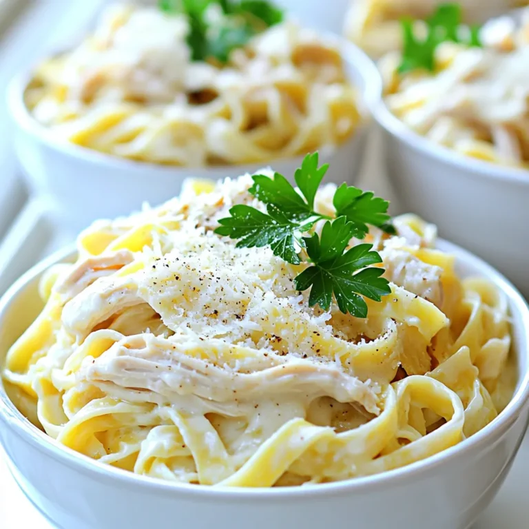 To make Slow Cooker Creamy Chicken Alfredo, you need the following ingredients: - 2 pounds boneless, skinless chicken breasts - 4 cups heavy cream - 1 cup chicken broth - 2 cups grated Parmesan cheese - 3 cloves garlic, minced - 1 teaspoon Italian seasoning - Salt and pepper to taste - 1 pound fettuccine pasta - Fresh parsley, chopped (for garnish) These ingredients create a rich and creamy dish that is perfect for any occasion. You can add some extra flavor with these optional ingredients: - 1 cup mushrooms, sliced - 1 cup spinach, fresh or frozen - 1 teaspoon red pepper flakes for heat - Lemon zest for brightness These additions can enhance the taste and make your dish even better. To prepare this dish, make sure you have these tools: - Slow cooker - Large mixing bowl - Whisk - Two forks for shredding chicken - Serving bowls for presentation Having the right tools makes cooking easier and more enjoyable. Start by placing the chicken breasts at the bottom of your slow cooker. Season them well with salt, pepper, and Italian seasoning. This adds flavor right from the start. In a bowl, whisk together the heavy cream, chicken broth, and minced garlic. Make sure it blends smoothly. Pour this rich mixture over the seasoned chicken in the slow cooker. This step creates the creamy base for your dish. Cover the slow cooker and set it on low heat. Cook for about four hours. Your chicken should become tender and fully cooked by then. Once it's done, carefully take the chicken out. Use two forks to shred it into bite-sized pieces. This method makes the chicken easy to mix later. Now it’s time to add the fettuccine pasta. Stir it into the creamy sauce in the slow cooker. Let it cook on low for another 30 minutes. This step ensures the pasta absorbs all those wonderful flavors. Finally, stir in the grated Parmesan cheese. Keep mixing until it melts and makes the sauce even creamier. Add the shredded chicken back in and mix well. Taste your dish and adjust it with more salt or pepper if needed. To boost flavor in your Slow Cooker Creamy Chicken Alfredo, use fresh ingredients. Fresh garlic makes a big difference. You can also add more herbs. Try basil or thyme for a twist. Mixing in a splash of lemon juice brightens the dish too. A pinch of red pepper flakes adds a nice kick. Prep your ingredients before you start cooking. Chop garlic and measure the cheese ahead of time. You can also season the chicken the night before. This will save you time on cooking day. Consider using rotisserie chicken for a super-fast option. Just shred it and mix it in during the last 30 minutes. One common mistake is overcooking the chicken. Always check for doneness at 4 hours. If your pasta gets mushy, don’t cook it too long. Add it during the last step and cook it just until tender. Forgetting to taste and adjust seasoning is another pitfall. Always check for salt and pepper before serving. {{image_2}} You can make this dish lighter by changing some ingredients. Use low-fat cream instead of heavy cream. You can also swap chicken broth for a low-sodium version. For protein, consider using turkey breast. You can replace Parmesan cheese with a lower-fat option too. These swaps keep the flavor while cutting calories. Fettuccine is classic, but you can use other pastas. Try whole wheat pasta for more fiber. Gluten-free pasta works well if you have allergies. Zucchini noodles are a fun option for a low-carb meal. Just make sure to adjust cooking times for different pasta types. Want to make your dish even better? Add vegetables like spinach or broccoli for color and nutrition. Mushrooms can add an earthy flavor. You might also like to toss in sun-dried tomatoes for a sweet twist. Herbs like basil or thyme can give it a fresh taste, too. These extras can make your meal unique and delicious. To keep your Slow Cooker Creamy Chicken Alfredo fresh, store leftovers in an airtight container. Make sure to let the dish cool to room temperature before sealing. This helps prevent moisture build-up, which can spoil the dish. Place it in the fridge where it will stay good for up to three days. When you’re ready to enjoy your leftovers, reheating is key. Place the Alfredo in a pot over low heat. Stir gently as it warms to avoid burning. You can add a splash of chicken broth or cream to keep it creamy. This helps bring back the rich flavor and smooth texture. If you want to save the dish for later, freezing is a great option. First, let the Alfredo cool completely. Then, place it in a freezer-safe container. Make sure to leave some space for expansion. It can stay in the freezer for up to three months. To reheat, thaw overnight in the fridge before warming it on the stove. Yes, you can use frozen chicken breasts. Just add an hour to your cooking time. The slow cooker will safely cook the chicken from frozen. This method saves time on prep, too. If you want a lighter option, use half-and-half or whole milk. You can also mix milk with a bit of cornstarch for thickness. Another choice is using a dairy-free cream like coconut cream or cashew cream. These options keep the dish creamy and rich. To make this dish gluten-free, swap regular pasta for gluten-free pasta. You can find many types, such as rice or chickpea pasta. Ensure that all sauces and ingredients are labeled gluten-free. This way, everyone can enjoy a flavorful meal! You now have a clear guide to making Slow Cooker Creamy Chicken Alfredo. We covered the key ingredients, tools needed, and steps to cook it. I shared tips to boost flavor and save time. You also learned about variations to suit your needs and storage tips for leftovers. Explore this dish and make it your own. Enjoy the easy cooking and rich flavors!