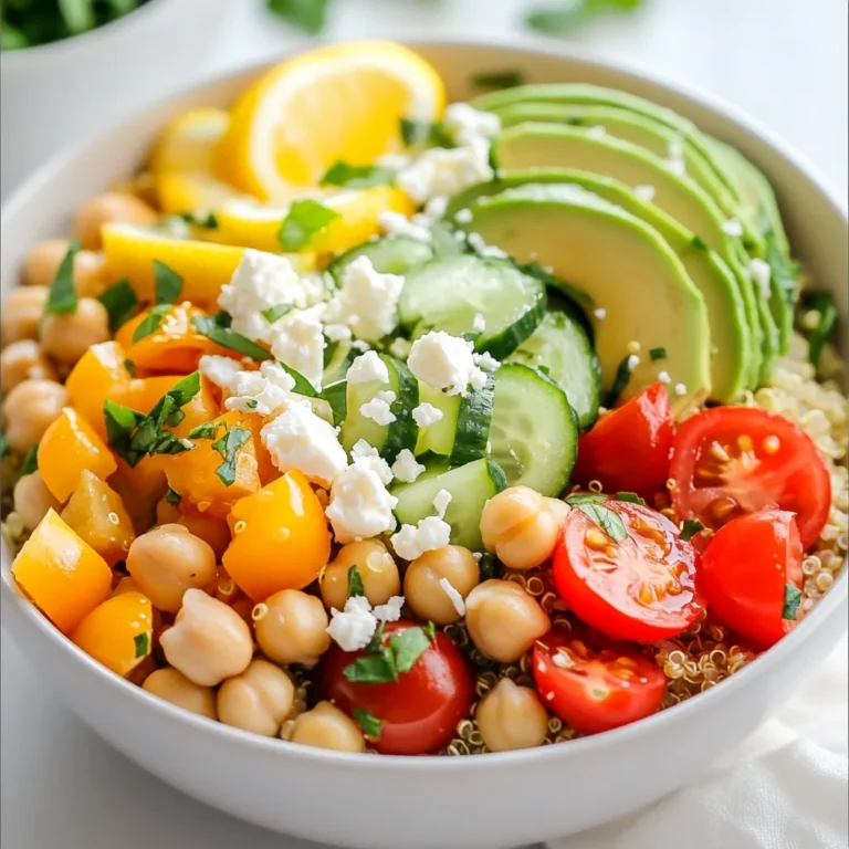 To make Lemon Herb Quinoa Bowls, gather these main ingredients: - 1 cup quinoa, rinsed - 2 cups vegetable broth or water - 1 cup cucumber, diced - 1 cup cherry tomatoes, halved - 1 bell pepper (red or yellow), diced - 1/2 red onion, finely chopped - 1 cup chickpeas, canned and rinsed - 1 avocado, sliced - 2 tablespoons fresh parsley, chopped - 2 tablespoons fresh mint, chopped - 3 tablespoons olive oil - Juice of 1 lemon - Salt and pepper to taste These ingredients create a fresh and zesty bowl that is both tasty and healthy. You can add some fun toppings to your quinoa bowls. Consider these options: - Feta cheese, crumbled - Extra herbs, like dill or cilantro - Sliced radishes for crunch - Toasted nuts or seeds for texture These toppings can elevate your dish and add a burst of flavor. You will need some common pantry items for this recipe. Here’s what to keep on hand: - Olive oil - Salt - Pepper - Vegetable broth or water Having these staples ready makes the cooking process easy and smooth. {{ingredient_image_1}} First, grab a medium saucepan. Pour in two cups of vegetable broth or water. Turn up the heat and wait for it to boil. Once it boils, add one cup of rinsed quinoa. Lower the heat and cover the pan. Let it simmer for about 15 minutes. You will know it is ready when the quinoa is fluffy and the liquid is gone. Take it off the heat and fluff it with a fork. Let it cool a bit before using it in your bowl. While the quinoa cooks, it's time to prep the veggies. Take a large mixing bowl. Dice one cup of cucumber and add it to the bowl. Next, halve one cup of cherry tomatoes and toss them in. Dice one bell pepper and add it too. Finely chop half a red onion and mix it in as well. Finally, drain and rinse one cup of chickpeas, then add them to the mix. Stir everything together so that the flavors blend. For the dressing, use a small bowl. Whisk together three tablespoons of olive oil and the juice of one lemon. Add salt and pepper to taste. Mix until it is well combined. If you want a stronger flavor, feel free to adjust the seasoning. This zesty dressing will tie all the ingredients together. To cook quinoa perfectly, rinse it well. This removes a bitter coating. Use two cups of liquid for every cup of quinoa. Bring the broth to a boil first. Add the quinoa, then lower the heat. Cover and let it simmer for about 15 minutes. Once done, fluff it with a fork. This gives you light and fluffy quinoa. You can easily change this recipe. Swap the vegetables based on your favorites. Try adding roasted zucchini or corn. You can also change the herbs. Basil or cilantro can add a new twist. If you prefer more protein, toss in grilled chicken or tofu. Adjust the lemon juice for more zing or less if you want. For added flavor, consider toasting the quinoa before cooking. This gives it a nutty taste. You can also sprinkle some nuts or seeds on top. Toasted almonds or pumpkin seeds add crunch. For presentation, use colorful bowls. Arrange your avocado and feta nicely on top. Fresh herbs not only taste great but also look lovely. Pro Tips Rinse Your Quinoa: Rinsing quinoa before cooking removes its natural coating, called saponin, which can make it taste bitter. Always rinse it under cold water for a few minutes to ensure a pleasant flavor. Chill for a Refreshing Taste: After cooking, let the quinoa cool completely in the refrigerator. This enhances the flavors and gives the bowl a refreshing touch, perfect for warm days. Mix It Up with Vegetables: Feel free to experiment with different vegetables like zucchini, carrots, or spinach. This not only adds variety to the dish but also boosts its nutritional value. Add a Protein Boost: For an extra protein kick, consider adding grilled chicken, shrimp, or tofu. This makes the quinoa bowl a complete meal, satisfying and nourishing. {{image_2}} You can add protein to your Lemon Herb Quinoa Bowls for a heartier meal. Here are some great options: - Grilled chicken breast, diced - Shrimp, sautéed in garlic - Tofu, cubed and pan-fried - Hard-boiled eggs, sliced - Lentils, cooked and seasoned These proteins add flavor and make the dish more filling. Choose what you like best! While the lemon dressing is zesty and fresh, you can mix it up! Here are some tasty alternatives: - Balsamic vinaigrette for a sweet touch - Tahini sauce for a nutty flavor - Yogurt dressing for creaminess - Spicy sriracha or chili oil for heat These dressings can change the flavor profile and bring new life to your bowls. Using seasonal ingredients can elevate your Lemon Herb Quinoa Bowls. Here are some swaps to consider: - In summer, add fresh corn or zucchini - In fall, try roasted butternut squash or sweet potatoes - In winter, use kale or Brussels sprouts - In spring, include asparagus or snap peas These seasonal swaps keep the dish fresh and exciting throughout the year! To keep your Lemon Herb Quinoa Bowls fresh, place leftovers in an airtight container. Let the dish cool to room temperature before sealing. Store it in the fridge for up to three days. If you want to enjoy it later, keep the toppings separate. This helps maintain their texture. Reheating quinoa bowls is easy. You can use a microwave or stovetop. For the microwave, place your bowl in for about one to two minutes. Stir halfway to heat evenly. If using a stovetop, add a splash of water in a pan. Heat over medium heat, stirring until warm. To freeze your quinoa bowls, portion them into freezer-safe containers. Make sure to leave some space at the top for expansion. They can last up to three months in the freezer. When ready to eat, let them thaw in the fridge overnight. Then, reheat as mentioned above. You can use rice instead of quinoa. Brown rice adds a nice chew. You can also try farro or barley. Both give a hearty texture. If you want something lighter, use cauliflower rice. It cooks fast and is low in carbs. Yes, this recipe is gluten-free. Quinoa is a seed, not a grain. This makes it safe for people with gluten issues. Just be sure to check your broth for gluten. Some brands may add gluten ingredients. Yes, you can prepare these bowls ahead of time. Cook the quinoa and store it in the fridge. You can chop the veggies too. Keep them separate until you’re ready to eat. This keeps everything fresh and tasty. Just add the dressing before serving. Lemon Herb Quinoa Bowls offer fresh flavors and smart choices. We explored key ingredients, steps, and tips to help you succeed. You learned how to cook quinoa and make the perfect dressing. Customizing your bowl lets you enjoy it your way. Storing leftovers properly keeps meals fresh. As you try this recipe, let your taste guide you. Enjoy the process and share your bowls with friends!