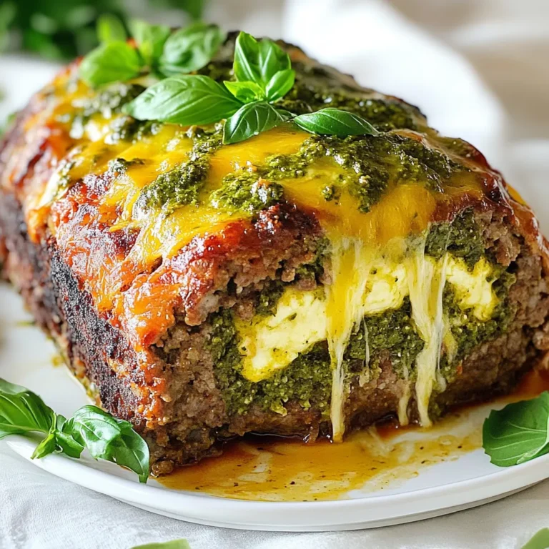 For the base of the meatloaf, I use a mix of ground beef and ground turkey. Each type brings its own unique flavor and texture. The beef adds richness, while the turkey keeps it lean. This combination makes for a well-rounded meatloaf that is both juicy and satisfying. You will need: - 1 lb ground beef - 1 lb ground turkey Cheese is a star in this recipe! I use both Parmesan and mozzarella. Parmesan gives a sharp taste and adds depth to the meat. Mozzarella melts beautifully and creates a gooey center. This blend ensures a delicious bite every time. You will need: - ½ cup grated Parmesan cheese - 1 cup shredded mozzarella cheese To enhance the taste, I add a few key flavorings. Pesto brings a fresh, herbaceous note, while garlic adds warmth. Dried Italian herbs provide a classic flavor profile. The breadcrumbs help bind everything together, and the egg adds moisture. Here’s the complete list: - ½ cup pesto sauce (store-bought or homemade) - 1 garlic clove, minced - 1 teaspoon dried Italian herbs - Salt and pepper to taste - 1 cup breadcrumbs - 1 large egg - 1 tablespoon olive oil {{ingredient_image_1}} Start by preheating your oven to 350°F (175°C). A warm oven cooks the meatloaf evenly. This step is key for a nice crust. In a large bowl, mix together the ground beef and turkey. Add the breadcrumbs, egg, Parmesan cheese, minced garlic, Italian herbs, salt, and pepper. Use your hands or a spoon to blend everything well. You want a uniform mix for even cooking. On a lined baking sheet, shape half of the meat mixture into a rectangle, about 1 inch thick. This is your base. Spread pesto sauce evenly over the meat. Next, sprinkle shredded mozzarella cheese on top. This adds a creamy, rich flavor. Now, take the remaining meat mixture and cover the cheese. Gently press down to seal it. Form it into a loaf shape. This keeps all the goodness inside. Drizzle olive oil over the top of the meatloaf. This helps keep it moist while baking. Place it in the oven and bake for 50-60 minutes. Use a meat thermometer to check if it hits 160°F (70°C). Once done, let it rest for about 10 minutes. This helps the juices stay in. Cut it into slices and serve warm. Pair it with roasted veggies or mashed potatoes for a tasty meal. Enjoy! To keep your meatloaf moist, use a mix of ground beef and turkey. The beef adds flavor, while the turkey keeps it light. Adding breadcrumbs helps too. They soak up moisture and keep the meatloaf tender. Don’t skip the olive oil drizzle before baking. It adds richness and helps lock in the juices. When you shape the meatloaf, make sure to flatten it evenly. This helps the stuffing spread well. After spreading the pesto, sprinkle the mozzarella cheese evenly. This way, every bite has that creamy goodness. Gently press the top layer of meat over the cheese to seal it in. This step keeps the flavors from escaping during baking. For a complete meal, serve your meatloaf with roasted vegetables or creamy mashed potatoes. The bright colors of the veggies will make your plate pop. For a nice touch, drizzle extra pesto over the top before serving. Garnish with fresh basil leaves for a burst of color and flavor. Serve it on a large platter, and let everyone dig in! Pro Tips Use Fresh Herbs: Fresh herbs can significantly enhance the flavor of your meatloaf. Consider adding chopped fresh basil or parsley to complement the pesto. Experiment with Fillings: Don’t hesitate to get creative with your stuffing! Try adding sun-dried tomatoes or roasted red peppers for an extra burst of flavor. Check for Doneness: Always use a meat thermometer to ensure your meatloaf is cooked through. The internal temperature should reach 160°F (70°C) for safe consumption. Rest Before Slicing: Allowing the meatloaf to rest helps retain its juices, ensuring each slice is moist and flavorful. Aim for at least 10 minutes of resting time. {{image_2}} You can swap mozzarella for other cheeses. Try using provolone for a sharper taste. Cheddar adds a nice kick, while gouda gives a rich flavor. If you want something creamier, consider using ricotta. Each cheese brings its own charm to the dish. Mix and match to find your favorite combo. Ground beef is classic, but you can mix it up! Ground pork adds sweetness. Ground chicken or turkey keeps it light and healthy. You can even use a blend of meats for more flavor. Each option changes the taste and texture. Don’t hesitate to experiment! Adding veggies can boost flavor and health. Chopped bell peppers or onions bring sweetness. Grated carrots add moisture and nutrition. Spinach or kale give a fresh touch. You can sauté them first for a deeper taste. Mixing in veggies keeps the meatloaf juicy and colorful! To store leftovers, let the meatloaf cool first. Then, wrap it tightly in plastic wrap or foil. You can also place it in an airtight container. This keeps the meatloaf fresh for about three to four days in the fridge. Always label with the date to track how long it’s been stored. When you're ready to enjoy the leftover meatloaf, preheat your oven to 350°F (175°C). Place the slices in a baking dish and cover with foil to keep them moist. Heat for about 15-20 minutes or until warmed through. You can also use a microwave. Just heat on medium power for 1-2 minutes, checking frequently to avoid overcooking. If you want to freeze the meatloaf, it’s best to do this before cooking. Shape the meatloaf and wrap it tightly in plastic wrap, then foil. Label it with the date. Freeze for up to three months. When you’re ready to cook, thaw it in the fridge overnight, then bake as directed. If you have leftover cooked meatloaf, you can freeze slices. Just make sure they are wrapped well. Yes, you can prepare the meatloaf in advance. Mix the ingredients, shape it, and place it in the fridge for up to 24 hours. This makes it easy to bake later. Just remember to cover it with plastic wrap to keep it fresh. The best way to reheat meatloaf is in the oven. Preheat your oven to 250°F (120°C). Place the sliced meatloaf in a baking dish, add a splash of broth or water, and cover with foil. Heat for about 20 minutes or until warm. This keeps the meatloaf moist and tasty. Absolutely! Homemade pesto is a great choice. It gives your meatloaf a fresh and vibrant flavor. Just use the same amount as you would with store-bought pesto. Plus, you can adjust the flavors to your liking. This blog post covered how to make a tasty meatloaf. We discussed ingredients like ground meats, cheese options, and extra flavors. I shared step-by-step instructions on baking and serving your meatloaf. Tips included keeping it moist and perfecting your stuffing technique. We explored fun variations, storage tips, and answered common questions. By trying these methods, you can create a meatloaf that everyone will love. Happy cooking!