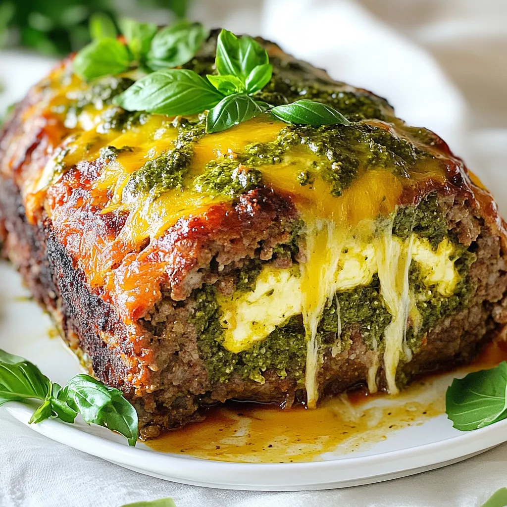 For the base of the meatloaf, I use a mix of ground beef and ground turkey. Each type brings its own unique flavor and texture. The beef adds richness, while the turkey keeps it lean. This combination makes for a well-rounded meatloaf that is both juicy and satisfying. You will need: - 1 lb ground beef - 1 lb ground turkey Cheese is a star in this recipe! I use both Parmesan and mozzarella. Parmesan gives a sharp taste and adds depth to the meat. Mozzarella melts beautifully and creates a gooey center. This blend ensures a delicious bite every time. You will need: - ½ cup grated Parmesan cheese - 1 cup shredded mozzarella cheese To enhance the taste, I add a few key flavorings. Pesto brings a fresh, herbaceous note, while garlic adds warmth. Dried Italian herbs provide a classic flavor profile. The breadcrumbs help bind everything together, and the egg adds moisture. Here’s the complete list: - ½ cup pesto sauce (store-bought or homemade) - 1 garlic clove, minced - 1 teaspoon dried Italian herbs - Salt and pepper to taste - 1 cup breadcrumbs - 1 large egg - 1 tablespoon olive oil {{ingredient_image_1}} Start by preheating your oven to 350°F (175°C). A warm oven cooks the meatloaf evenly. This step is key for a nice crust. In a large bowl, mix together the ground beef and turkey. Add the breadcrumbs, egg, Parmesan cheese, minced garlic, Italian herbs, salt, and pepper. Use your hands or a spoon to blend everything well. You want a uniform mix for even cooking. On a lined baking sheet, shape half of the meat mixture into a rectangle, about 1 inch thick. This is your base. Spread pesto sauce evenly over the meat. Next, sprinkle shredded mozzarella cheese on top. This adds a creamy, rich flavor. Now, take the remaining meat mixture and cover the cheese. Gently press down to seal it. Form it into a loaf shape. This keeps all the goodness inside. Drizzle olive oil over the top of the meatloaf. This helps keep it moist while baking. Place it in the oven and bake for 50-60 minutes. Use a meat thermometer to check if it hits 160°F (70°C). Once done, let it rest for about 10 minutes. This helps the juices stay in. Cut it into slices and serve warm. Pair it with roasted veggies or mashed potatoes for a tasty meal. Enjoy! To keep your meatloaf moist, use a mix of ground beef and turkey. The beef adds flavor, while the turkey keeps it light. Adding breadcrumbs helps too. They soak up moisture and keep the meatloaf tender. Don’t skip the olive oil drizzle before baking. It adds richness and helps lock in the juices. When you shape the meatloaf, make sure to flatten it evenly. This helps the stuffing spread well. After spreading the pesto, sprinkle the mozzarella cheese evenly. This way, every bite has that creamy goodness. Gently press the top layer of meat over the cheese to seal it in. This step keeps the flavors from escaping during baking. For a complete meal, serve your meatloaf with roasted vegetables or creamy mashed potatoes. The bright colors of the veggies will make your plate pop. For a nice touch, drizzle extra pesto over the top before serving. Garnish with fresh basil leaves for a burst of color and flavor. Serve it on a large platter, and let everyone dig in! Pro Tips Use Fresh Herbs: Fresh herbs can significantly enhance the flavor of your meatloaf. Consider adding chopped fresh basil or parsley to complement the pesto. Experiment with Fillings: Don’t hesitate to get creative with your stuffing! Try adding sun-dried tomatoes or roasted red peppers for an extra burst of flavor. Check for Doneness: Always use a meat thermometer to ensure your meatloaf is cooked through. The internal temperature should reach 160°F (70°C) for safe consumption. Rest Before Slicing: Allowing the meatloaf to rest helps retain its juices, ensuring each slice is moist and flavorful. Aim for at least 10 minutes of resting time. {{image_2}} You can swap mozzarella for other cheeses. Try using provolone for a sharper taste. Cheddar adds a nice kick, while gouda gives a rich flavor. If you want something creamier, consider using ricotta. Each cheese brings its own charm to the dish. Mix and match to find your favorite combo. Ground beef is classic, but you can mix it up! Ground pork adds sweetness. Ground chicken or turkey keeps it light and healthy. You can even use a blend of meats for more flavor. Each option changes the taste and texture. Don’t hesitate to experiment! Adding veggies can boost flavor and health. Chopped bell peppers or onions bring sweetness. Grated carrots add moisture and nutrition. Spinach or kale give a fresh touch. You can sauté them first for a deeper taste. Mixing in veggies keeps the meatloaf juicy and colorful! To store leftovers, let the meatloaf cool first. Then, wrap it tightly in plastic wrap or foil. You can also place it in an airtight container. This keeps the meatloaf fresh for about three to four days in the fridge. Always label with the date to track how long it’s been stored. When you're ready to enjoy the leftover meatloaf, preheat your oven to 350°F (175°C). Place the slices in a baking dish and cover with foil to keep them moist. Heat for about 15-20 minutes or until warmed through. You can also use a microwave. Just heat on medium power for 1-2 minutes, checking frequently to avoid overcooking. If you want to freeze the meatloaf, it’s best to do this before cooking. Shape the meatloaf and wrap it tightly in plastic wrap, then foil. Label it with the date. Freeze for up to three months. When you’re ready to cook, thaw it in the fridge overnight, then bake as directed. If you have leftover cooked meatloaf, you can freeze slices. Just make sure they are wrapped well. Yes, you can prepare the meatloaf in advance. Mix the ingredients, shape it, and place it in the fridge for up to 24 hours. This makes it easy to bake later. Just remember to cover it with plastic wrap to keep it fresh. The best way to reheat meatloaf is in the oven. Preheat your oven to 250°F (120°C). Place the sliced meatloaf in a baking dish, add a splash of broth or water, and cover with foil. Heat for about 20 minutes or until warm. This keeps the meatloaf moist and tasty. Absolutely! Homemade pesto is a great choice. It gives your meatloaf a fresh and vibrant flavor. Just use the same amount as you would with store-bought pesto. Plus, you can adjust the flavors to your liking. This blog post covered how to make a tasty meatloaf. We discussed ingredients like ground meats, cheese options, and extra flavors. I shared step-by-step instructions on baking and serving your meatloaf. Tips included keeping it moist and perfecting your stuffing technique. We explored fun variations, storage tips, and answered common questions. By trying these methods, you can create a meatloaf that everyone will love. Happy cooking!