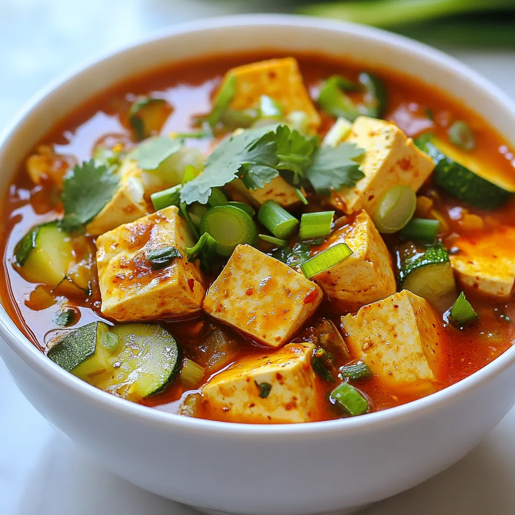 For this dish, you will need: - 14 oz firm tofu, cubed - 1 small onion, diced - 4 cups vegetable broth - 1 medium zucchini, sliced - 1 cup mushrooms, sliced (shiitake or button) - 1 cup green onions, chopped (white and green parts separated) Tofu is the star of this stew. It gives a nice texture and protein. Firm tofu holds its shape well, making it perfect for stews. Zucchini adds softness and color. Mushrooms bring umami flavor and depth. The onion adds sweetness, while the green onions give a fresh finish. You will also need: - 1 tablespoon vegetable oil - 3 cloves garlic, minced - 1-inch piece ginger, grated - 2 tablespoons gochugaru (Korean red pepper flakes) - 1 tablespoon soy sauce - 1 tablespoon sesame oil - Salt to taste - Fresh cilantro, for garnish The vegetable oil helps to sauté the aromatics. Garlic and ginger create a fragrant base. Gochugaru adds heat and a lovely red color. Soy sauce brings saltiness and depth. Sesame oil adds a nutty flavor. Lastly, cilantro is a fresh touch that brightens the dish. {{ingredient_image_1}} Sautéing the Aromatics Start by heating 1 tablespoon of vegetable oil in a large pot over medium heat. Add 1 small diced onion. Sauté until it turns translucent, which takes about 3 to 4 minutes. Then, stir in 3 cloves of minced garlic and 1-inch grated ginger. Cook for another minute until you smell the great aroma. Adding the Main Ingredients Next, add 2 tablespoons of gochugaru and 1 tablespoon of soy sauce. Mix well with the onion, garlic, and ginger. Let it cook for 1 to 2 minutes. This step helps toast the spices and brings out their flavors. Now, pour in 4 cups of vegetable broth and bring the mix to a boil. Once it boils, add 14 oz of cubed firm tofu, 1 sliced medium zucchini, and 1 cup of sliced mushrooms. Reduce the heat to low and let it simmer for 15 to 20 minutes. This allows all the flavors to blend nicely. Final Touches and Serving In the last few minutes, add 1 cup of chopped green onions, keeping some green parts for garnish. Drizzle in 1 tablespoon of sesame oil and season with salt to taste. Carefully ladle the stew into bowls. Garnish with fresh cilantro and the reserved green onion tops. Enjoy your delicious and spicy tofu stew! Adjusting Spice Levels You can change the spice in this stew. If you like it hot, add more gochugaru. Start with one extra teaspoon and taste. For less heat, you can reduce the gochugaru. Try adding just one tablespoon or even half. Remember, you can always add more spice later. Additional Ingredients for Customization Feel free to mix in your favorite veggies. Bell peppers or carrots work well. You might also try adding spinach for some greens. If you want protein, chickpeas or lentils are great options. They make the stew heartier and add a different flavor. You can also add a splash of lime juice for a fresh twist. Best Practices for Tofu Preparation Tofu can be watery, so press it first. Wrap the tofu in a clean towel. Place a heavy pan on top for about 15 minutes. This helps remove excess moisture. Then, cut it into cubes. This way, it absorbs more flavor and has a better texture. Techniques for Flavor Development Start with sautéing the onion, garlic, and ginger. This builds a solid flavor base. Be sure to toast the gochugaru with the aromatics. It helps release the spice's oils. When you add the broth, let it simmer. This allows all the flavors to blend beautifully. Pro Tips Adjust the Spice Level: If you prefer a milder stew, reduce the amount of gochugaru or omit it altogether. You can always add more spice later if desired. Use High-Quality Tofu: Opt for extra-firm or firm tofu to ensure it holds its shape during cooking. Pressing the tofu before use can also enhance its texture. Add More Vegetables: Feel free to include other vegetables like carrots, bell peppers, or spinach to add more color and nutrition to your stew. Let It Rest: Allowing the stew to sit for a few minutes after cooking can enhance the flavors as they continue to meld together. {{image_2}} Alternative Protein Sources If you want to switch things up, try using tempeh or seitan. Both add great texture and protein. You can cut them into cubes, just like the tofu. They soak up flavors well, too. Different Vegetable Combinations Feel free to mix in your favorite veggies. Bell peppers, carrots, or broccoli can add color and crunch. Just remember to adjust cook times. Softer veggies need less time than firmer ones. Adjusting Gochugaru Amounts If you love heat, add more gochugaru. For a milder taste, use less. Start with one tablespoon and increase it slowly. Taste as you go to find your perfect spice level. Adding Creamy Elements To make the stew creamy, add coconut milk or a splash of cream. This balances the spice and adds richness. You can also serve it with a dollop of sour cream or yogurt on top. - Refrigeration Guidelines: Place your leftover stew in an airtight container. It will stay fresh in the fridge for up to 4 days. Make sure to cool it first before sealing. This helps keep the flavors intact. - Freezing Tips: If you want to keep it longer, freeze the stew. Use a freezer-safe container or bag. It can last for up to 3 months. To thaw, place it in the fridge overnight. - Best Methods to Reheat While Preserving Flavor: To reheat, use the stove for the best taste. Pour the stew into a pot. Heat it on low, stirring often, until hot. If it seems thick, add a splash of vegetable broth. You can also use the microwave. Place it in a microwave-safe bowl. Heat in short bursts, stirring between each. Enjoy your warm and tasty stew! What is the origin of Korean Spicy Tofu Stew? Korean Spicy Tofu Stew, also known as Sundubu Jjigae, comes from Korea. It began as a comfort food. People often enjoyed it in homes and restaurants. The dish features soft tofu and spicy broth. It has roots in Korean traditions and flavors. Can I use different types of tofu? Yes, you can use different types of tofu. Firm tofu works best for this stew. Silken tofu is softer and can break apart easily. If you want a different texture, try using extra-firm tofu. Each type adds a unique feel to your dish. How do I make the stew less spicy? To make the stew less spicy, you can reduce the gochugaru. Start with one tablespoon instead of two. You can also add more broth or vegetables. Coconut milk can help cool the heat, too. Adjust to your taste for a milder stew. Korean Spicy Tofu Stew combines rich flavors and textures with simple steps. We learned about the main ingredients, like tofu and spices, and how to cook them. I shared tips to adjust spice levels and customize your own dish. You can even store leftovers for later enjoyment. Cooking this stew is fun and rewarding, plus it allows for personal twists. I hope you dive in and make it your own. Enjoy the vibrant taste of this dish!