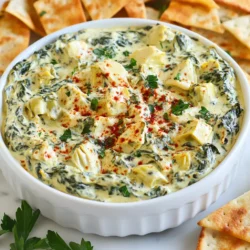To create a rich and creamy vegan spinach artichoke dip, you need some key ingredients. Here’s what you should gather: - 1 cup fresh spinach, chopped - 1 cup canned artichoke hearts, drained and chopped - 1/2 cup raw cashews, soaked for at least 2 hours - 1/4 cup nutritional yeast - 1 tablespoon lemon juice - 1 clove garlic, minced - 1/2 teaspoon onion powder - Salt and pepper to taste - 1/4 cup almond milk (or any plant-based milk) These ingredients combine to give your dip a lovely flavor and texture. Raw cashews create that creamy base. Nutritional yeast adds a cheesy taste. Fresh spinach and artichokes give it a fresh and vibrant feel. You can also add some optional ingredients to make your dip even tastier: - 1/4 teaspoon red pepper flakes (for a kick) - Fresh herbs like parsley or chives (for garnish) Adding red pepper flakes can give your dip some heat. Fresh herbs add color and freshness. You can mix and match to find your favorite flavor. Sometimes, you might need to swap out ingredients due to allergies. Here are some easy substitutions: - Use sunflower seeds instead of cashews if you have a nut allergy. - Swap almond milk for soy milk or oat milk if you need a different plant-based option. These swaps keep your dip tasty and safe for everyone. Remember, cooking is all about making it work for you! {{ingredient_image_1}} First, soak the raw cashews in water for at least two hours. This softens them, making them easy to blend. Once soaked, drain and rinse the cashews under cold water. This step helps remove any grit. It also ensures a smooth texture in your dip. Next, place the soaked cashews into a blender or food processor. Add the nutritional yeast, lemon juice, minced garlic, onion powder, and almond milk. Blend these ingredients until they form a creamy and smooth mixture. Stop to scrape down the sides as needed. This ensures every bit gets blended well. In a medium bowl, mix the chopped spinach and artichoke hearts. Pour the creamy cashew mixture over the veggies. Stir well until everything is coated evenly. For extra flavor, add red pepper flakes, salt, and pepper. Adjust the seasonings to your taste. Preheat your oven to 350°F (175°C). Transfer the dip mixture into a baking dish. Spread it out evenly for even cooking. Bake for 20 to 25 minutes. Look for bubbling and a slightly golden top. Once baked, remove it from the oven and let it cool a bit before serving. This vegan spinach artichoke dip pairs well with pita chips, veggie sticks, or toasted bread. Enjoy! To get a smooth dip, soak your cashews. Soaking them softens the nuts. Use fresh spinach for the best flavor. Blend the cashews with almond milk until it's very smooth. If it's too thick, add a little more almond milk. This will help create that creamy texture we all love! Want more heat? Add more red pepper flakes. Start with a little, then taste. You can always add more. If you want a tangy flavor, squeeze in extra lemon juice. This will brighten the taste. Salt and pepper can enhance all the flavors. Use a high-speed blender for the best results. A food processor also works well. For baking, choose a shallow dish. This helps the dip heat evenly. Don't forget to have a spatula handy. It helps to scrape down the sides of your blender. Pro Tips Soak Cashews Properly: Ensure to soak the cashews for at least 2 hours to achieve a smooth and creamy texture in your dip. If you're short on time, you can soak them in hot water for 30 minutes instead. Experiment with Seasoning: Don’t hesitate to adjust the garlic, onion powder, and red pepper flakes to suit your taste. Adding extra spices like smoked paprika or cumin can elevate the flavor profile. Check for Creaminess: Before baking, taste the cashew cream mixture to ensure it’s seasoned just right. You can always add more lemon juice, salt, or nutritional yeast for a tangy kick. Perfect Your Bake: Keep an eye on the dip while it bakes. Every oven is different; you want it bubbly and golden but not overcooked. A few extra minutes can make a big difference! {{image_2}} You can make this dip your own by adding different veggies. Try diced bell peppers for a sweet crunch. Chopped mushrooms give a nice earthy flavor. You can also use zucchini for a fresh taste. Simply mix these veggies into the spinach and artichokes. Adjust the baking time if you add more veggies. This gives you a new twist on a classic dip. The creamy base of this dip comes from cashews. However, you can swap them out for other nuts. Sunflower seeds work well for those with nut allergies. They blend into a smooth texture, just like cashews do. You can also use store-bought vegan cheese if you’re short on time. Just melt it into the mix for a cheesy flavor. If you want a spread instead of a dip, it’s easy to adjust. Just use less almond milk when blending. This makes the mixture thicker. You can also add more nutritional yeast for a cheesier taste. Spread this on toast or sandwiches for a tasty treat. You can even use it as a filling for wraps. This variation gives you more ways to enjoy your favorite flavors. To keep your vegan spinach artichoke dip fresh, store it in an airtight container. Make sure to let it cool to room temperature first. This helps avoid condensation. Place it in the fridge, where it can last for about four days. Always use a clean spoon when scooping out the dip to prevent bacteria from getting in. If you want to save some for later, freezing is a great option. Pour the cooled dip into a freezer-safe container. Leave some space at the top since the dip may expand when frozen. Seal it well and label it with the date. You can freeze it for up to two months. When you're ready to enjoy it again, move it to the fridge to thaw overnight. When it’s time to reheat your dip, do it slowly. You can use the oven or microwave. If using the oven, preheat it to 350°F (175°C). Place the dip in an oven-safe dish and cover it with foil. Heat for about 15-20 minutes until warmed through. If using a microwave, heat it in short bursts, stirring in between. This helps it heat evenly. Add a splash of almond milk if it seems too thick after reheating. Yes, you can prepare this dip in advance. Make the dip and store it in the fridge. To heat, just bake it before serving. This works well for parties or gatherings. If you cannot use cashews, you have options. Try using sunflower seeds or hemp seeds. Both create a creamy texture too. You might need to adjust the soaking time and liquid. Yes, this dip is gluten-free! All the ingredients are plant-based and safe for gluten-free diets. Serve it with gluten-free dippers like veggie sticks or gluten-free chips. I shared how to make a vegan spinach artichoke dip with essential and optional ingredients. You learned step-by-step instructions for making the creamy base and baking it to perfection. Tips helped ensure a great texture and flavor. Variations let you explore different tastes with veggies and cheese options. Proper storage keeps leftovers fresh. Now, you have everything to create a delicious dip. Enjoy sharing it with friends or family!