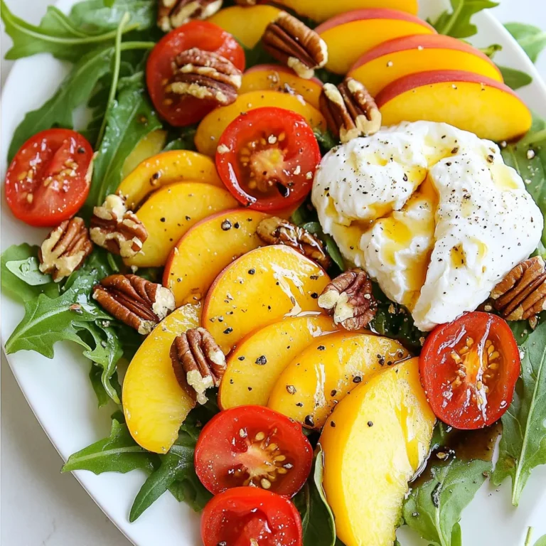 - Fresh arugula (4 cups) - Ripe peaches (2, sliced) - Burrata cheese (8 oz) - Candied pecans (1/4 cup) or walnuts - Cherry tomatoes (1/4 cup, halved) - Olive oil (2 tablespoons) - Balsamic glaze (1 tablespoon) - Salt and pepper to taste - Fresh basil leaves for garnish Gather these ingredients to make a fresh and tasty Peach Burrata Arugula Salad. Fresh arugula gives a peppery kick that works well with sweet peaches. The burrata cheese adds a creamy touch, while the nuts bring a crunchy bite. Use ripe peaches for the best flavor. You can choose between candied pecans or walnuts, depending on your taste. Cherry tomatoes add color and a touch of sweetness. Olive oil and balsamic glaze enhance the flavors, while salt and pepper help balance everything. Fresh basil leaves not only look great but also add a nice aroma. This salad is simple yet elegant. You can prepare it in just ten minutes. It’s perfect as a side dish or a light main meal. Enjoy this delightful salad at your next gathering or as a refreshing meal on a warm day. {{ingredient_image_1}} Start by grabbing a large bowl. Place 4 cups of fresh arugula in it. This leafy green gives a nice peppery taste. Next, add your sliced peaches. Use 2 ripe peaches for the best flavor. The sweet, juicy peaches pair well with the arugula. Then, toss in 1/4 cup of halved cherry tomatoes. They add a burst of color and flavor. Now it’s time for the star of the salad: burrata cheese. Take 8 oz of burrata and tear it into pieces. Scatter these creamy pieces over the salad. This cheese will melt in your mouth and enhance the dish. For a crunchy texture, sprinkle 1/4 cup of candied pecans on top. You can also use walnuts if you prefer. Next, drizzle with 2 tablespoons of olive oil and 1 tablespoon of balsamic glaze. This combination adds richness and tang. Don’t forget to add salt and pepper to taste. Now, gently mix all the ingredients. Be careful not to break the burrata too much. You want to keep those lovely cheese pieces intact. Finally, garnish with fresh basil leaves for a fresh finish. Serve immediately for the best taste! To make the best Peach Burrata Arugula Salad, you need ripe peaches. Look for peaches that give slightly when you press them. They should smell sweet, too. This means they are ready to eat. For the burrata cheese, choose a fresh ball. Look for a creamy texture and a soft outer layer. You want it to be as fresh as possible for the best taste. Balancing flavors is key in this salad. Use about 4 cups of arugula. It provides a peppery taste that pairs well with the sweetness of the peaches. Add 2 sliced peaches to keep it fruity and fresh. For creaminess, use 8 ounces of burrata cheese. This gives the salad a rich flavor. You also want a 1/4 cup of candied pecans or walnuts for crunch. Finally, add 1/4 cup of halved cherry tomatoes for extra color and juiciness. Mixing these ingredients in the right amounts makes a perfect blend. A beautiful salad is a joy to serve. Start by placing the arugula on a large plate or bowl. Then, arrange the peach slices and cherry tomatoes on top. Tear the burrata into pieces and scatter it over the salad. Sprinkle the nuts last for a nice crunch. For a pop of color, add fresh basil leaves on top. Drizzle some olive oil and balsamic glaze to finish. This creates a stunning dish that is sure to impress your guests. Pro Tips Choose Ripe Peaches: Make sure your peaches are slightly soft to the touch for the best sweetness and flavor. Fresh Burrata: Use fresh burrata cheese for a creamier texture; it complements the salad beautifully. Toasting Nuts: Lightly toast the pecans or walnuts to enhance their flavor and add extra crunch to the salad. Serving Fresh: Serve the salad immediately after tossing to maintain the freshness of the ingredients. {{image_2}} You can switch up the cheese in this salad. If you want a different taste, try goat cheese. It has a tangy flavor that goes well with peaches. Feta cheese is another great option. It gives a salty kick that balances the sweetness of the fruit. For a creamier texture, use cream cheese. Each cheese adds a unique twist to your salad. You can change the fruits based on what is in season. Try using ripe nectarines or plums for a similar sweetness. Berries like strawberries or blueberries can also work well. They add a burst of color and flavor. If you want a tropical vibe, mango slices are a fun choice. Each fruit brings its own taste and makes your salad special. Instead of candied pecans, you can use almonds or walnuts. They add a nice crunch and flavor. For a fun twist, try sunflower seeds or pumpkin seeds. These seeds add a nutty taste and are great for a nut-free option. If you like a bit of sweetness, use candied walnuts. They pair nicely with the cheese and fruit. Each choice of nuts or seeds can change the whole salad experience. To keep your Peach Burrata Arugula Salad fresh, store it in a sealed container. Use a glass or plastic container with a lid. Make sure to eat it within two days for the best taste. If you have extra burrata, keep it separate. This way, it stays creamy and fresh. To keep salad ingredients fresh longer, store each item separately. Place arugula in a breathable bag in the fridge. Store peaches in a cool spot. If they are ripe, eat them soon. For the candied pecans, keep them in an airtight jar. This helps keep their crunch. You should not reheat this salad. The fresh ingredients do not hold up well to heat. Instead, enjoy the leftovers cold. If you want a warm dish, consider making a new salad with fresh ingredients. This keeps the flavors vibrant and tasty. The Peach Burrata Arugula Salad lasts about 2 days in the fridge. To keep it fresh, store it in an airtight container. The arugula may wilt, but the flavors will still be great. I recommend eating it within one day for the best taste and texture. Yes, you can make this salad ahead of time! To prep, wash and dry the arugula. Slice the peaches and tomatoes. Keep the nuts and burrata separate until serving. This way, the salad stays fresh. Toss everything together just before you eat. This salad pairs well with grilled chicken or fish. You can also serve it with crusty bread. A light pasta dish or a charcuterie board complements it well too. For a drink, try a crisp white wine or sparkling water with lemon. This Peach Burrata Arugula Salad combines fresh arugula, ripe peaches, and creamy burrata for a tasty treat. You simplified steps ensure anyone can make it. Remember to choose the best ingredients for great flavor. Also, don't hesitate to explore variations and get creative with toppings. Proper storage keeps leftovers fresh, so you can enjoy this salad later. Use these tips and enjoy your delicious creation. Give it a try and impress your friends!