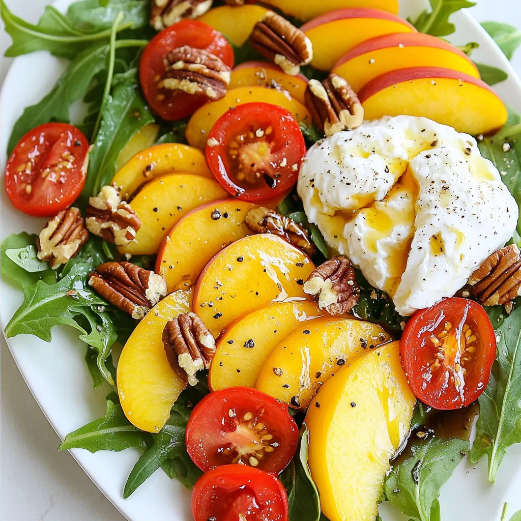 - Fresh arugula (4 cups) - Ripe peaches (2, sliced) - Burrata cheese (8 oz) - Candied pecans (1/4 cup) or walnuts - Cherry tomatoes (1/4 cup, halved) - Olive oil (2 tablespoons) - Balsamic glaze (1 tablespoon) - Salt and pepper to taste - Fresh basil leaves for garnish Gather these ingredients to make a fresh and tasty Peach Burrata Arugula Salad. Fresh arugula gives a peppery kick that works well with sweet peaches. The burrata cheese adds a creamy touch, while the nuts bring a crunchy bite. Use ripe peaches for the best flavor. You can choose between candied pecans or walnuts, depending on your taste. Cherry tomatoes add color and a touch of sweetness. Olive oil and balsamic glaze enhance the flavors, while salt and pepper help balance everything. Fresh basil leaves not only look great but also add a nice aroma. This salad is simple yet elegant. You can prepare it in just ten minutes. It’s perfect as a side dish or a light main meal. Enjoy this delightful salad at your next gathering or as a refreshing meal on a warm day. {{ingredient_image_1}} Start by grabbing a large bowl. Place 4 cups of fresh arugula in it. This leafy green gives a nice peppery taste. Next, add your sliced peaches. Use 2 ripe peaches for the best flavor. The sweet, juicy peaches pair well with the arugula. Then, toss in 1/4 cup of halved cherry tomatoes. They add a burst of color and flavor. Now it’s time for the star of the salad: burrata cheese. Take 8 oz of burrata and tear it into pieces. Scatter these creamy pieces over the salad. This cheese will melt in your mouth and enhance the dish. For a crunchy texture, sprinkle 1/4 cup of candied pecans on top. You can also use walnuts if you prefer. Next, drizzle with 2 tablespoons of olive oil and 1 tablespoon of balsamic glaze. This combination adds richness and tang. Don’t forget to add salt and pepper to taste. Now, gently mix all the ingredients. Be careful not to break the burrata too much. You want to keep those lovely cheese pieces intact. Finally, garnish with fresh basil leaves for a fresh finish. Serve immediately for the best taste! To make the best Peach Burrata Arugula Salad, you need ripe peaches. Look for peaches that give slightly when you press them. They should smell sweet, too. This means they are ready to eat. For the burrata cheese, choose a fresh ball. Look for a creamy texture and a soft outer layer. You want it to be as fresh as possible for the best taste. Balancing flavors is key in this salad. Use about 4 cups of arugula. It provides a peppery taste that pairs well with the sweetness of the peaches. Add 2 sliced peaches to keep it fruity and fresh. For creaminess, use 8 ounces of burrata cheese. This gives the salad a rich flavor. You also want a 1/4 cup of candied pecans or walnuts for crunch. Finally, add 1/4 cup of halved cherry tomatoes for extra color and juiciness. Mixing these ingredients in the right amounts makes a perfect blend. A beautiful salad is a joy to serve. Start by placing the arugula on a large plate or bowl. Then, arrange the peach slices and cherry tomatoes on top. Tear the burrata into pieces and scatter it over the salad. Sprinkle the nuts last for a nice crunch. For a pop of color, add fresh basil leaves on top. Drizzle some olive oil and balsamic glaze to finish. This creates a stunning dish that is sure to impress your guests. Pro Tips Choose Ripe Peaches: Make sure your peaches are slightly soft to the touch for the best sweetness and flavor. Fresh Burrata: Use fresh burrata cheese for a creamier texture; it complements the salad beautifully. Toasting Nuts: Lightly toast the pecans or walnuts to enhance their flavor and add extra crunch to the salad. Serving Fresh: Serve the salad immediately after tossing to maintain the freshness of the ingredients. {{image_2}} You can switch up the cheese in this salad. If you want a different taste, try goat cheese. It has a tangy flavor that goes well with peaches. Feta cheese is another great option. It gives a salty kick that balances the sweetness of the fruit. For a creamier texture, use cream cheese. Each cheese adds a unique twist to your salad. You can change the fruits based on what is in season. Try using ripe nectarines or plums for a similar sweetness. Berries like strawberries or blueberries can also work well. They add a burst of color and flavor. If you want a tropical vibe, mango slices are a fun choice. Each fruit brings its own taste and makes your salad special. Instead of candied pecans, you can use almonds or walnuts. They add a nice crunch and flavor. For a fun twist, try sunflower seeds or pumpkin seeds. These seeds add a nutty taste and are great for a nut-free option. If you like a bit of sweetness, use candied walnuts. They pair nicely with the cheese and fruit. Each choice of nuts or seeds can change the whole salad experience. To keep your Peach Burrata Arugula Salad fresh, store it in a sealed container. Use a glass or plastic container with a lid. Make sure to eat it within two days for the best taste. If you have extra burrata, keep it separate. This way, it stays creamy and fresh. To keep salad ingredients fresh longer, store each item separately. Place arugula in a breathable bag in the fridge. Store peaches in a cool spot. If they are ripe, eat them soon. For the candied pecans, keep them in an airtight jar. This helps keep their crunch. You should not reheat this salad. The fresh ingredients do not hold up well to heat. Instead, enjoy the leftovers cold. If you want a warm dish, consider making a new salad with fresh ingredients. This keeps the flavors vibrant and tasty. The Peach Burrata Arugula Salad lasts about 2 days in the fridge. To keep it fresh, store it in an airtight container. The arugula may wilt, but the flavors will still be great. I recommend eating it within one day for the best taste and texture. Yes, you can make this salad ahead of time! To prep, wash and dry the arugula. Slice the peaches and tomatoes. Keep the nuts and burrata separate until serving. This way, the salad stays fresh. Toss everything together just before you eat. This salad pairs well with grilled chicken or fish. You can also serve it with crusty bread. A light pasta dish or a charcuterie board complements it well too. For a drink, try a crisp white wine or sparkling water with lemon. This Peach Burrata Arugula Salad combines fresh arugula, ripe peaches, and creamy burrata for a tasty treat. You simplified steps ensure anyone can make it. Remember to choose the best ingredients for great flavor. Also, don't hesitate to explore variations and get creative with toppings. Proper storage keeps leftovers fresh, so you can enjoy this salad later. Use these tips and enjoy your delicious creation. Give it a try and impress your friends!