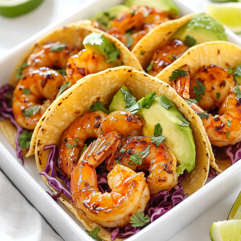 For these tasty honey lime shrimp tacos, gather the following: - 1 lb shrimp, peeled and deveined - 2 tablespoons honey - 2 tablespoons lime juice - 1 teaspoon lime zest - 1 teaspoon chili powder - 1 teaspoon cumin - 2 tablespoons olive oil - Salt and pepper to taste - 8 small corn tortillas - 1 cup red cabbage, shredded - 1 avocado, sliced - Fresh cilantro, for garnish - Lime wedges, for serving These ingredients blend together to create a fresh and flavorful dish. The honey and lime bring a sweet and tangy taste that pairs perfectly with the shrimp. You might want to add some extra flair to your tacos. Here are some optional toppings: - Diced tomatoes - Sliced jalapeños - Crumbled queso fresco - Sour cream or Greek yogurt Feel free to mix and match toppings. These additions can enhance the taste and add some color to your dish. To make these tacos, you'll need a few key tools: - A mixing bowl for the marinade - A whisk to blend ingredients - A grill or skillet for cooking shrimp - A separate skillet for warming tortillas Using the right equipment helps ensure you cook the shrimp perfectly and warm the tortillas just right. This way, you get a taco that is both delicious and visually appealing. {{ingredient_image_1}} To start, gather your ingredients for the marinade. You will need: - 2 tablespoons honey - 2 tablespoons lime juice - 1 teaspoon lime zest - 1 teaspoon chili powder - 1 teaspoon cumin - 2 tablespoons olive oil - Salt and pepper to taste In a bowl, mix the honey, lime juice, lime zest, chili powder, cumin, olive oil, salt, and pepper. Use a whisk to blend everything until smooth. This mixture will give your shrimp a sweet and tangy kick. Next, add 1 pound of peeled and deveined shrimp to the marinade. Make sure every shrimp is coated well. Cover the bowl and let it sit for 15 to 20 minutes. This step is key! It allows the shrimp to absorb all those great flavors. Heat a grill or skillet over medium-high heat. Once hot, add the marinated shrimp in a single layer. Cook them for about 3 to 4 minutes on each side. You will know they are done when they turn opaque. Remove them from the heat and set aside. While the shrimp cooks, warm 8 small corn tortillas in a separate skillet over low heat. Heat them for about 30 seconds on each side. They should be pliable and ready for the tacos. Now, you can assemble your tacos by placing the cooked shrimp into each tortilla. Top with shredded red cabbage and sliced avocado. Enjoy with fresh cilantro and lime wedges for added zest! For perfect shrimp, start with fresh or thawed shrimp. Ensure they are peeled and deveined. The shrimp need a quick cook time. Cook them for about 3-4 minutes on each side. They should turn opaque when done. Overcooking makes them tough. Keep an eye on the color. If they curl up, they are ready! Warming corn tortillas helps them stay soft and flexible. You can use a skillet or a griddle. Heat the skillet on low. Place the tortilla in the pan for about 30 seconds. Flip it over and heat the other side. They should be warm but not crispy. You can stack them in a clean cloth to keep them warm. You can add more zest to your tacos. Try diced tomatoes or chopped onions for crunch. Fresh jalapeños can add heat. A sprinkle of feta cheese gives a nice flavor twist. Lime wedges on the side help enhance the taste. Fresh herbs like cilantro add a pop of freshness. Mix and match until you find your favorite combo! Pro Tips Marinate for Maximum Flavor: Allow the shrimp to marinate for at least 20 minutes to absorb all the delicious honey-lime flavor. Perfectly Cooked Shrimp: Cook the shrimp until they are just opaque and curl into a C shape; overcooking can make them tough. Soft Tortillas: Warming the corn tortillas in a skillet makes them more pliable and enhances their flavor. Fresh Garnishes: Adding fresh cilantro and lime wedges at the end will brighten the dish and enhance the flavors. {{image_2}} To add heat, mix in some diced jalapeños or a few drops of hot sauce. You can sprinkle red pepper flakes on the shrimp while they cook. This will give your tacos a nice kick. The sweet honey and zesty lime will balance the spice well. If you like it hot, try using a spicy chili powder instead. If you want a meatless option, use grilled vegetables instead of shrimp. Bell peppers, zucchini, and corn work great. You could also use black beans or chickpeas for protein. Marinate the veggies in the same honey-lime mix for flavor. These options keep the dish fresh and tasty. Serve your tacos with a side of rice or beans. A fresh salad with lime dressing pairs nicely too. Chips and salsa make a fun snack on the side. You can also add a creamy dip, like guacamole, for extra flavor. Don’t forget lime wedges; they add a zesty touch to every bite! To store leftover shrimp tacos, place them in an airtight container. Keep them in the fridge for up to two days. If you have extra shrimp, store them separately from the tortillas. This helps keep the tortillas fresh. Adding the toppings later also helps maintain their crunchiness. To reheat, warm the shrimp in a skillet over low heat. This keeps them juicy and tasty. Heat the tortillas in a separate pan for about 30 seconds on each side. This method makes them soft and warm, just like fresh. You can also use the microwave, but be careful not to overheat. You can freeze the shrimp before cooking. Place them in a freezer bag and seal tightly. They will last for about three months. When you're ready to cook, thaw the shrimp in the fridge overnight. Cook them as you normally would. Avoid freezing the cooked shrimp as they may lose texture. Honey Lime Shrimp Tacos are a tasty dish made with shrimp marinated in honey and lime. The shrimp get a sweet and tangy flavor that blends well with spices like chili powder and cumin. You serve them in warm corn tortillas, topped with crunchy red cabbage and creamy avocado. This meal is bright, fresh, and perfect for any taco night. Yes, you can use frozen shrimp for this recipe. Just make sure to thaw them first. You can place them in cold water for about 15-20 minutes. After thawing, peel and devein them if they are not prepped. The flavor will still be great, and it saves time when fresh shrimp aren't available. To make your shrimp tacos healthier, consider these tips: - Use less honey in the marinade to cut sugar. - Add more veggies like diced tomatoes or bell peppers for extra nutrients. - Swap corn tortillas for whole-grain or lettuce wraps for fewer carbs. - Use avocado in place of sour cream to keep it creamy but healthy. These changes keep the flavor while boosting the nutrition in your meal. In this post, I covered essential ingredients, step-by-step instructions, and helpful tips for shrimp tacos. I shared tasty variations and storage tips to keep leftovers fresh. Remember, the key is to marinate well, cook shrimp properly, and try different toppings. Enjoy your cooking and experiment with flavors! Shrimp tacos can be easy and fun. With these tips, you can make a delicious meal every time.