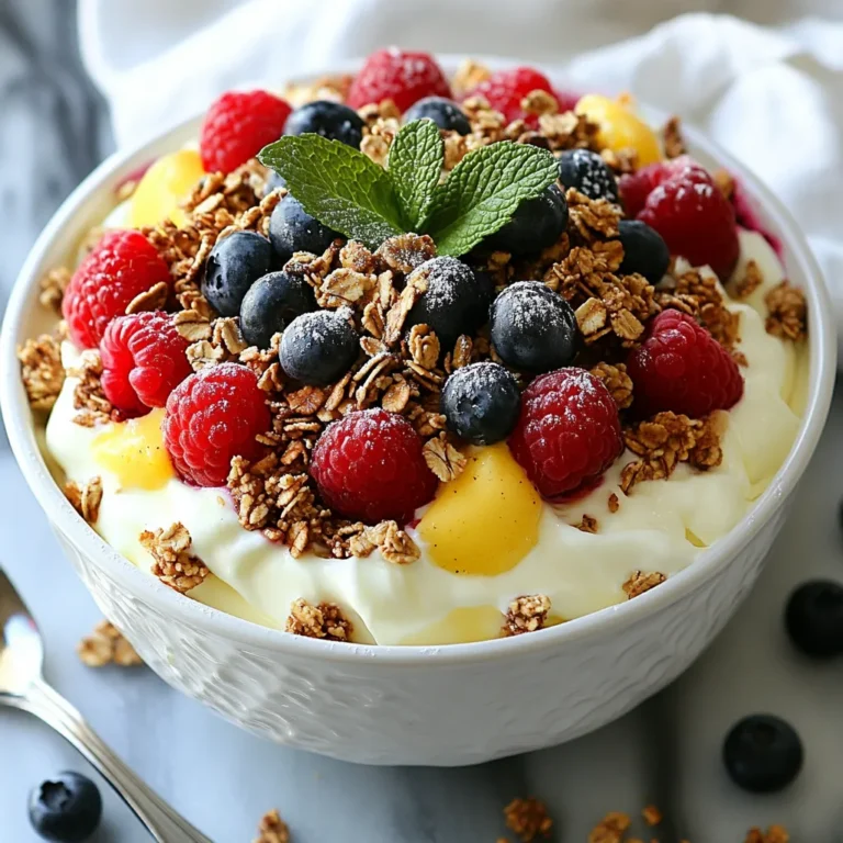 - 1 cup cream cheese, softened - 1/2 cup Greek yogurt - 1/3 cup powdered sugar - 1 tablespoon lemon juice - Zest of 1 lemon - 2 cups mixed berries (strawberries, blueberries, raspberries) - 1/2 cup granola (for crunch) For this Lemon Berry Cheesecake Salad, I use simple yet rich ingredients. The cream cheese gives a smooth base. Greek yogurt adds creaminess and tang. The powdered sugar sweetens it just right. Fresh lemon juice and zest bring bright flavor. I love mixed berries for their sweet and tart taste. Granola adds a fun crunch. - Fresh mint leaves I love to top my salad with fresh mint leaves. They add a nice pop of color and a hint of cool flavor. You can also drizzle extra honey over the top for added sweetness. This salad is great for many diets. It has dairy from cream cheese and yogurt. If you need a gluten-free option, choose gluten-free granola. You can swap Greek yogurt for a dairy-free version if needed. This way, everyone can enjoy this creamy delight! {{ingredient_image_1}} To start, gather all your ingredients. You need: - 1 cup cream cheese, softened - 1/2 cup Greek yogurt - 1/3 cup powdered sugar - 1 tablespoon lemon juice - Zest of 1 lemon - 2 cups mixed berries (strawberries, blueberries, raspberries) - 1/2 cup granola (for crunch) - Fresh mint leaves (for garnish) First, mix the softened cream cheese and Greek yogurt in a bowl. Add the powdered sugar, lemon juice, and lemon zest. Use an electric mixer to beat everything until smooth. This mixture should be creamy and light. Now, grab a large serving bowl. Start by layering half of the mixed berries at the bottom. Spread them out evenly so every bite has fruit. Next, take half of your creamy cheesecake mix and spoon it over the berries. Spread it gently to cover all the fruit. Repeat this step. Add the remaining berries, then top with the last of the cheesecake mixture. This will create beautiful layers. Finally, finish with granola on top. This adds a nice crunch to your salad. Now, it’s time to chill. Place the salad in the fridge for at least 30 minutes. This waiting time helps the flavors blend. To serve, I recommend garnishing with fresh mint leaves. They make the dish look pretty and add a fresh taste. Enjoy your Lemon Berry Cheesecake Salad! To get that smooth, creamy texture, start with room-temperature cream cheese. Cold cream cheese does not mix well. Use an electric mixer to blend the cream cheese, Greek yogurt, powdered sugar, lemon juice, and lemon zest. Mix until everything is well combined and fluffy. This step is key to a great cheesecake salad. If the mixture is too thick, add a splash of milk to loosen it up. You can boost the flavor of your salad easily. Try adding a splash of vanilla extract for warmth. A pinch of salt can help balance the sweetness too. For a fun twist, mix in some crushed pineapple or diced peaches. You can also use flavored yogurt instead of plain Greek yogurt. This can add a new layer of taste that pairs well with the berries. To make your salad look great, use a clear glass bowl. This way, your colorful layers show through. Layer the berries and creamy mixture carefully. Start with berries for the first layer, then add the cream. Finish with a sprinkle of granola on top for a nice crunch. Finally, add fresh mint leaves for a pop of green. This makes the dish look fresh and inviting. Pro Tips Use Fresh Ingredients: Always opt for fresh, ripe berries to enhance the flavor of your cheesecake salad and provide the best texture. Adjust Sweetness: Taste the cheesecake mixture before layering and adjust the powdered sugar according to your preference for sweetness. Chill for Best Flavor: Allowing the salad to chill for at least 30 minutes helps the flavors meld together, making every bite more delicious. Make Ahead: This salad can be prepared a few hours in advance or even the night before. Just add granola right before serving to keep it crunchy. {{image_2}} You can change the berries for fun flavors. Try blackberries or cherries. You can also use just one berry type. For a sweeter taste, use ripe strawberries. Mix any berries you love for a colorful dish. Each berry adds its own flavor and texture. Experiment to find your favorite mix! If you want less sugar, there are great options. Use honey or maple syrup instead of powdered sugar. You can also try stevia for a low-calorie choice. Each sweetener changes the taste slightly, so adjust to your liking. Taste as you go for the best results! Want a lighter version? Swap cream cheese for cottage cheese. Use low-fat yogurt instead of Greek yogurt for fewer calories. You can also skip the granola for a lighter dish. If you want crunch, add nuts or seeds. Make it your own while keeping it tasty! To keep your Lemon Berry Cheesecake Salad fresh, use an airtight container. This helps prevent the salad from drying out or absorbing other flavors. When storing, avoid adding granola until you serve. This keeps the crunch intact. You can also cover the bowl tightly with plastic wrap if you don't have a container. Your salad will stay fresh for about three days in the fridge. After that, the berries may start to lose their texture. Always check for any signs of spoilage before eating. If you see any mold or off smells, it’s best to toss it. Freezing this salad is not recommended. The cream cheese and yogurt may separate when thawed, leading to a watery texture. However, you can freeze the mixed berries separately. When you want to enjoy the salad again, just thaw the berries and prepare a fresh batch of the creamy mixture. Yes, you can use regular yogurt. It will change the texture a bit. Greek yogurt is thicker, giving a creamier feel. Regular yogurt makes it lighter. If you want a rich taste, stick with Greek yogurt. If you want a smoother texture, regular works fine. You can swap the cream cheese with a dairy-free cream cheese. Use coconut yogurt in place of Greek yogurt. For sweetening, choose a dairy-free powdered sugar. Make sure to check labels for hidden dairy. This way, you can enjoy the flavors without dairy. You can prepare the salad a day before. Just follow the steps and chill it overnight. The flavors will blend well this way. Keep the granola separate until serving. This keeps it crunchy. Enjoy the fresh taste anytime! This blog post covered all you need for a great salad. You learned about key ingredients, optional garnishes, and dietary options. Step-by-step instructions showed you how to prepare, layer, and chill your salad. I shared tips for creamy texture, flavor, and presentation. We explored tasty variations and important storage tips too. Now, you can make a delicious salad that fits your needs. Get ready to impress your friends and family!