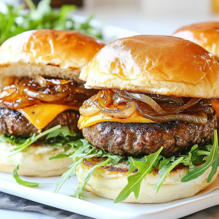 - 1 lb ground beef (80/20 blend for flavor) - 1 large onion, thinly sliced - 2 tablespoons olive oil - 1 tablespoon balsamic vinegar - 1 teaspoon sugar - 4 slices cheddar cheese - 4 small slider buns - Fresh arugula or spinach (for garnish) - BBQ sauce or mustard for topping The main ingredients create a juicy slider with a sweet onion taste. I always choose 80/20 ground beef for the best flavor. A good onion, like a sweet yellow onion, works wonders in this recipe. Olive oil helps caramelize the onions just right. You can add some balsamic vinegar and sugar to enhance the flavor. The vinegar adds depth, while the sugar balances the taste. Salt and pepper are crucial for seasoning the beef. For optional ingredients, I love melting cheddar cheese on top. It adds creaminess and richness. Slider buns are perfect for these small bites. Fresh greens, like arugula or spinach, give a nice crunch. Lastly, BBQ sauce or mustard makes a great topping. You can mix and match these ingredients to suit your taste. {{ingredient_image_1}} - Heat 2 tablespoons of olive oil in a skillet over medium heat. - Add the thinly sliced onion and a pinch of salt. - Cook the onions, stirring often, until they are soft and golden brown. This takes about 15-20 minutes. - Add 1 tablespoon of balsamic vinegar and 1 teaspoon of sugar. Stir until the liquid evaporates, and the onions become caramelized. Remove from heat and set aside. - While the onions cook, take 1 pound of ground beef and form it into 4 equal patties. - Season both sides of each patty with salt and pepper. - Press a small dent in the center of each patty. This helps prevent the patties from puffing up while cooking. - In a clean skillet or on a grill, heat over medium-high heat. - Cook the patties for about 3-4 minutes on one side. - Flip each patty and place a slice of cheddar cheese on top. Cook for another 3-4 minutes until the cheese melts and the beef reaches your desired doneness. - Cut the slider buns in half. - On each bottom bun, place a beef patty topped with caramelized onions. - Add a handful of fresh arugula or spinach for some crunch. - If you like, drizzle BBQ sauce or spread mustard on the top bun before putting it on. - Place the top bun on each slider and serve right away, while they are hot. For the best flavor in your sliders, choose an 80/20 ground beef blend. This mix has enough fat to keep the patties juicy. Grass-fed beef offers a rich taste and is often more nutritious than conventional beef. However, it may cost a bit more. Both options are great, but your choice depends on your budget and taste preference. Caramelizing onions takes time but brings out their natural sweetness. Start with a medium heat and add olive oil to your skillet. Stir the onions often for even cooking. If they begin to brown too fast, lower the heat. Aim for a soft, golden-brown look, which usually takes 15-20 minutes. If they burn, you’ll lose that sweet flavor. You can cook sliders on a grill or stovetop. Each method gives a nice flavor, but stovetop cooking allows better control. Use a meat thermometer to check doneness. Aim for 160°F for medium-well beef. Insert the thermometer in the center of the patty. This ensures you cook it just right every time. Pro Tips Use High-Quality Beef: Opt for an 80/20 blend for the perfect balance of flavor and juiciness, ensuring your sliders are tasty and satisfying. Caramelization is Key: Take your time when caramelizing the onions; low and slow is the best approach for developing deep, rich flavors. Indent Your Patties: Pressing a small indentation in the center of each patty helps prevent puffing up during cooking, resulting in even cooking and a better texture. Choose the Right Buns: Soft, slightly sweet slider buns complement the savory beef and sweet caramelized onions perfectly, enhancing the overall flavor of your sliders. {{image_2}} You can try different cheeses for your sliders. Here are some tasty options: - Gouda - Swiss - Pepper Jack - Blue cheese If you're vegan or lactose intolerant, look for these vegan cheese choices: - Cashew cheese - Almond cheese - Soy cheese These options add unique flavors, making your sliders even better. Want a lighter option? Use ground turkey instead of beef. Turkey is leaner but still tasty. You can also try plant-based ground meat for a vegan twist. Switch to whole grain buns for extra fiber. They taste great and boost nutrition. Adding spices can really kick up the flavor. Try these: - Garlic powder - Onion powder - Paprika You can also add fresh herbs, like: - Basil - Oregano - Thyme For toppings, mix it up! Use: - Pickles - Jalapeños - Avocado These little changes can make your sliders a big hit at your next meal. After cooking, let sliders cool to room temperature. Store them in the fridge within two hours. Use airtight containers to keep them fresh. I recommend glass or BPA-free plastic containers. These options help prevent any weird smells from other foods. You can reheat sliders in several ways. The oven is my favorite method. Preheat it to 350°F (175°C). Place sliders on a baking sheet and warm them for 10-15 minutes. You can also use a microwave. Heat them for 30 seconds to 1 minute. Finally, a skillet works well too. Heat on medium for about 3-4 minutes, flipping once. You can freeze both patties and assembled sliders. For patties, place them in a single layer on a baking sheet. Freeze for about 1 hour, then transfer to a freezer bag. For assembled sliders, wrap each one tightly in foil. Then, place them in a freezer-safe bag. This keeps them fresh for up to three months. Always label your bags with dates for easy tracking. You can make these sliders ahead of time with ease. First, prepare the beef patties and cook them as directed. After cooking, let the patties cool down. Then, store them in an airtight container in the fridge for up to three days. You can also caramelize the onions ahead. Just follow the recipe and store the onions in the fridge as well. When you are ready to serve, reheat the patties and onions. Assemble the sliders fresh for the best taste. These sliders pair well with many sides. Here are some tasty options: - Sweet potato fries - Crispy onion rings - Mixed green salad - Coleslaw - Potato chips These sides add fun crunch and flavor to your meal. You can mix and match based on your preference. To check if the beef is cooked right, use a meat thermometer. Insert it into the center of a patty. The safe internal temperature for ground beef is 160°F (71°C). If you don’t have a thermometer, look for these signs: - The meat should be brown inside. - There should be no pink color. - Juices should run clear. These tips help ensure your beef sliders are safe and tasty. You now have a clear path to making delicious beef sliders. We covered the key ingredients, from ground beef and onions to optional toppings like cheese and greens. You learned how to caramelize onions, prepare beef patties, and cook sliders to perfection. Finally, remember that these sliders are versatile. Feel free to try different cheeses or healthy substitutes. With these tips, you can impress your friends and family. Enjoy making your sliders and experimenting with variations!