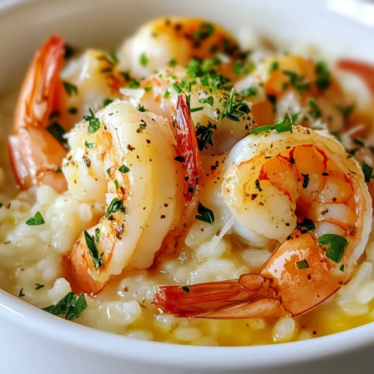To make creamy garlic shrimp risotto, gather these ingredients: - 1 cup Arborio rice - 1 lb shrimp, peeled and deveined - 4 cups chicken or vegetable broth - 1 small onion, finely chopped - 4 cloves garlic, minced - 1 cup heavy cream - 1/2 cup grated Parmesan cheese - 2 tablespoons olive oil - 2 tablespoons unsalted butter - Salt and pepper to taste - Fresh parsley, chopped (for garnish) If you need to swap some ingredients, here are a few ideas: - Arborio rice can be replaced with Carnaroli or Vialone Nano rice. - Shrimp can be swapped for scallops or cooked chicken. - Heavy cream may be replaced with half-and-half for a lighter option. - For a dairy-free version, use coconut milk instead of heavy cream and cheese. Using the right tools makes cooking easier. Here’s what you need: - Medium saucepan for broth - Large skillet for cooking the risotto - Ladle for adding broth - Wooden spoon or spatula for stirring - Measuring cups and spoons for accuracy {{ingredient_image_1}} Start by getting your broth ready. You can use chicken or vegetable broth. Pour 4 cups into a medium saucepan. Heat it on low. Keep it warm while you cook the risotto. This makes it easier to add to the rice later. Warm broth helps the rice cook evenly. In a large skillet, heat 2 tablespoons of olive oil and 1 tablespoon of unsalted butter. Use medium heat for this step. Add 1 small onion, finely chopped. Cook the onion until it turns translucent, about 3 to 4 minutes. This makes the base flavorful. Next, stir in 4 cloves of minced garlic. Cook for about 1 minute. You want to release its aroma without burning it. Now, add 1 cup of Arborio rice to the skillet. Stir it well to coat the grains in the oil and butter. Cook the rice for 2 to 3 minutes. You want it lightly toasted, so it absorbs flavors better. After that, start adding the warm broth, one ladle at a time. Stir continuously. Wait until the broth is absorbed before adding more. This should take about 20 to 25 minutes. In the last 5 minutes of cooking, add 1 pound of peeled and deveined shrimp. Cook until they turn pink and opaque. Once the rice is creamy and al dente, take the skillet off the heat. Stir in 1 cup of heavy cream and ½ cup of grated Parmesan cheese. Mix until it’s smooth and creamy. Season with salt and pepper to taste. To make risotto creamy, use Arborio rice. This rice has a high starch content. Start by toasting the rice in olive oil and butter. This step adds flavor. As you cook, add warm broth slowly. Stir often to release more starch. The risotto should be creamy and slightly al dente. Shrimp cooks fast, so timing is key. Add the shrimp in the last five minutes. They turn pink and opaque when done. Avoid overcooking; it makes shrimp tough. Use fresh or frozen shrimp. If using frozen, thaw them first to get the best texture. Good seasoning brings your dish to life. Always taste as you cook. Add salt and pepper based on your preference. Grated Parmesan cheese adds a salty kick. Fresh garlic gives a nice depth of flavor. Finish with chopped parsley for freshness and color. Pro Tips Use Fresh Shrimp: Whenever possible, opt for fresh shrimp instead of frozen for a better flavor and texture. Stir Constantly: Stirring the risotto consistently while adding the broth helps release the starch from the rice, creating a creamier texture. Experiment with Broth: Try using seafood broth for an added depth of flavor that complements the shrimp beautifully. Garnish Smartly: A sprinkle of lemon zest along with the fresh parsley can elevate the dish with a refreshing brightness. {{image_2}} You can add many vegetables to your creamy garlic shrimp risotto. Fresh spinach adds color and nutrition. Zucchini provides a nice crunch. Peas bring a sweet flavor. Just chop your veggies and stir them in when the shrimp cooks. This makes the dish even more healthy and delicious. Not a fan of shrimp? You can use chicken or scallops instead. Chicken thighs work best if you want meat. Cook them until golden brown before adding the rice. For scallops, sear them quickly in the pan until they are golden. Both choices make the dish rich and tasty. If you want to switch things up, try different grains. Quinoa is a great choice for a nutty taste. Barley offers a chewy texture that adds heartiness. Both grains cook a bit differently, so follow the cooking times on the package. This way, you'll still get that creamy risotto feel while trying new flavors. You can store leftover creamy garlic shrimp risotto in the fridge. Place it in an airtight container. It stays fresh for up to three days. Before serving, check for any odd smells or changes in color. If it looks good, you can enjoy it again. To freeze risotto, let it cool down first. Then, place it in a freezer-safe bag. Squeeze out excess air before sealing. This risotto can last for up to two months in the freezer. When you're ready to eat, thaw it in the fridge overnight. Reheat risotto gently to keep it creamy. You can use the stove or microwave. If using the stove, add a splash of broth or cream. Stir it while heating to help it regain its texture. If using the microwave, heat in short bursts, stirring in between. Enjoy your risotto like it’s fresh! You can prepare risotto ahead of time, but it may lose its creaminess. To keep it fresh, cook the risotto until just al dente. Let it cool and store it in an airtight container. When ready to serve, reheat it slowly on low heat. Add a splash of broth or cream to restore the creamy texture. Stir well, and it will taste almost as good as fresh. If you can't find Arborio rice, try using Carnaroli or Vialone Nano rice. Both types work well for risotto. You can also use sushi rice or even short-grain brown rice. These alternatives may change the texture a bit. However, they can still create a tasty dish. Experiment with what you have on hand. Perfectly cooked risotto should be creamy and slightly firm in the center. The rice should not be mushy or hard. Taste the risotto a few minutes before finishing. If it feels tender yet has a bit of bite, it's ready. The key is to keep stirring and adding broth slowly, allowing the rice to absorb the liquid evenly. This article covered how to make risotto from start to finish. You learned about key ingredients, substitutes, and tools needed. I shared step-by-step instructions for cooking the broth, base, and adding rice. Helpful tips showed how to achieve creaminess and perfect shrimp. You explored variations and how to store your dish. Risotto is fun and flexible. You can make it your way, and enjoy!