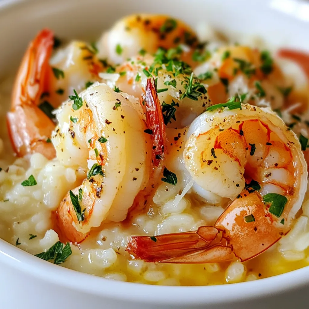 To make creamy garlic shrimp risotto, gather these ingredients: - 1 cup Arborio rice - 1 lb shrimp, peeled and deveined - 4 cups chicken or vegetable broth - 1 small onion, finely chopped - 4 cloves garlic, minced - 1 cup heavy cream - 1/2 cup grated Parmesan cheese - 2 tablespoons olive oil - 2 tablespoons unsalted butter - Salt and pepper to taste - Fresh parsley, chopped (for garnish) If you need to swap some ingredients, here are a few ideas: - Arborio rice can be replaced with Carnaroli or Vialone Nano rice. - Shrimp can be swapped for scallops or cooked chicken. - Heavy cream may be replaced with half-and-half for a lighter option. - For a dairy-free version, use coconut milk instead of heavy cream and cheese. Using the right tools makes cooking easier. Here’s what you need: - Medium saucepan for broth - Large skillet for cooking the risotto - Ladle for adding broth - Wooden spoon or spatula for stirring - Measuring cups and spoons for accuracy {{ingredient_image_1}} Start by getting your broth ready. You can use chicken or vegetable broth. Pour 4 cups into a medium saucepan. Heat it on low. Keep it warm while you cook the risotto. This makes it easier to add to the rice later. Warm broth helps the rice cook evenly. In a large skillet, heat 2 tablespoons of olive oil and 1 tablespoon of unsalted butter. Use medium heat for this step. Add 1 small onion, finely chopped. Cook the onion until it turns translucent, about 3 to 4 minutes. This makes the base flavorful. Next, stir in 4 cloves of minced garlic. Cook for about 1 minute. You want to release its aroma without burning it. Now, add 1 cup of Arborio rice to the skillet. Stir it well to coat the grains in the oil and butter. Cook the rice for 2 to 3 minutes. You want it lightly toasted, so it absorbs flavors better. After that, start adding the warm broth, one ladle at a time. Stir continuously. Wait until the broth is absorbed before adding more. This should take about 20 to 25 minutes. In the last 5 minutes of cooking, add 1 pound of peeled and deveined shrimp. Cook until they turn pink and opaque. Once the rice is creamy and al dente, take the skillet off the heat. Stir in 1 cup of heavy cream and ½ cup of grated Parmesan cheese. Mix until it’s smooth and creamy. Season with salt and pepper to taste. To make risotto creamy, use Arborio rice. This rice has a high starch content. Start by toasting the rice in olive oil and butter. This step adds flavor. As you cook, add warm broth slowly. Stir often to release more starch. The risotto should be creamy and slightly al dente. Shrimp cooks fast, so timing is key. Add the shrimp in the last five minutes. They turn pink and opaque when done. Avoid overcooking; it makes shrimp tough. Use fresh or frozen shrimp. If using frozen, thaw them first to get the best texture. Good seasoning brings your dish to life. Always taste as you cook. Add salt and pepper based on your preference. Grated Parmesan cheese adds a salty kick. Fresh garlic gives a nice depth of flavor. Finish with chopped parsley for freshness and color. Pro Tips Use Fresh Shrimp: Whenever possible, opt for fresh shrimp instead of frozen for a better flavor and texture. Stir Constantly: Stirring the risotto consistently while adding the broth helps release the starch from the rice, creating a creamier texture. Experiment with Broth: Try using seafood broth for an added depth of flavor that complements the shrimp beautifully. Garnish Smartly: A sprinkle of lemon zest along with the fresh parsley can elevate the dish with a refreshing brightness. {{image_2}} You can add many vegetables to your creamy garlic shrimp risotto. Fresh spinach adds color and nutrition. Zucchini provides a nice crunch. Peas bring a sweet flavor. Just chop your veggies and stir them in when the shrimp cooks. This makes the dish even more healthy and delicious. Not a fan of shrimp? You can use chicken or scallops instead. Chicken thighs work best if you want meat. Cook them until golden brown before adding the rice. For scallops, sear them quickly in the pan until they are golden. Both choices make the dish rich and tasty. If you want to switch things up, try different grains. Quinoa is a great choice for a nutty taste. Barley offers a chewy texture that adds heartiness. Both grains cook a bit differently, so follow the cooking times on the package. This way, you'll still get that creamy risotto feel while trying new flavors. You can store leftover creamy garlic shrimp risotto in the fridge. Place it in an airtight container. It stays fresh for up to three days. Before serving, check for any odd smells or changes in color. If it looks good, you can enjoy it again. To freeze risotto, let it cool down first. Then, place it in a freezer-safe bag. Squeeze out excess air before sealing. This risotto can last for up to two months in the freezer. When you're ready to eat, thaw it in the fridge overnight. Reheat risotto gently to keep it creamy. You can use the stove or microwave. If using the stove, add a splash of broth or cream. Stir it while heating to help it regain its texture. If using the microwave, heat in short bursts, stirring in between. Enjoy your risotto like it’s fresh! You can prepare risotto ahead of time, but it may lose its creaminess. To keep it fresh, cook the risotto until just al dente. Let it cool and store it in an airtight container. When ready to serve, reheat it slowly on low heat. Add a splash of broth or cream to restore the creamy texture. Stir well, and it will taste almost as good as fresh. If you can't find Arborio rice, try using Carnaroli or Vialone Nano rice. Both types work well for risotto. You can also use sushi rice or even short-grain brown rice. These alternatives may change the texture a bit. However, they can still create a tasty dish. Experiment with what you have on hand. Perfectly cooked risotto should be creamy and slightly firm in the center. The rice should not be mushy or hard. Taste the risotto a few minutes before finishing. If it feels tender yet has a bit of bite, it's ready. The key is to keep stirring and adding broth slowly, allowing the rice to absorb the liquid evenly. This article covered how to make risotto from start to finish. You learned about key ingredients, substitutes, and tools needed. I shared step-by-step instructions for cooking the broth, base, and adding rice. Helpful tips showed how to achieve creaminess and perfect shrimp. You explored variations and how to store your dish. Risotto is fun and flexible. You can make it your way, and enjoy!