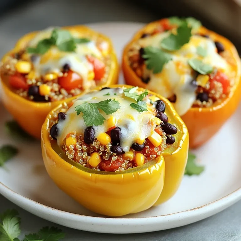 - 4 large bell peppers (any color) - 1 cup cooked quinoa - 1 cup black beans, rinsed and drained - 1 cup corn (fresh, frozen, or canned) - 1 cup diced tomatoes (canned or fresh) - 1 teaspoon cumin - 1 teaspoon smoked paprika - 1 teaspoon garlic powder - ½ cup shredded cheese (cheddar or pepper jack) - Salt and pepper to taste - Fresh cilantro or parsley for garnish Stuffed peppers are a great dish for many reasons. They pack a lot of flavor and nutrients. Plus, you can customize them to fit your taste. Let’s break down each ingredient. 1. Bell Peppers: Choose large peppers in any color. They hold the filling well. Red, yellow, or green peppers add sweetness and color. 2. Quinoa: This grain is a great base. Quinoa is high in protein and fiber. It makes the filling hearty and satisfying. 3. Black Beans: Rinsed and drained, these beans add protein and texture. They make the dish filling while keeping it plant-based. 4. Corn: Whether fresh, frozen, or canned, corn adds sweetness and crunch. It balances the flavors and colors. 5. Diced Tomatoes: These add moisture and a slight acidity. They enhance the overall taste of the filling. 6. Spices: Cumin, smoked paprika, and garlic powder bring warmth and depth. They make every bite flavorful. 7. Cheese: Shredded cheese on top makes the dish creamy. Cheddar or pepper jack adds a nice kick. 8. Salt and Pepper: These basic seasonings enhance all the flavors. Adjust them to your liking. 9. Garnish: Fresh cilantro or parsley adds color and brightness. It also brings a fresh taste to the dish. By mixing these ingredients, you create a tasty and colorful filling. Each bite is sure to make you smile! - First, take the bell peppers and cut the tops off. - Remove the seeds and any white parts inside. - Set the prepared peppers aside for later. - In a big bowl, combine the cooked quinoa with black beans. - Add corn and diced tomatoes to the mix. - Sprinkle in cumin, smoked paprika, and garlic powder. - Stir well and season with salt and pepper to taste. - Mix until everything is evenly combined. - Start packing the filling into each bell pepper. - Press down gently to fill them well. - Leave some space at the top for cheese. - Next, place the stuffed peppers upright in the air fryer basket. - If your air fryer needs it, preheat to 375°F (190°C). - Air fry the peppers at 375°F (190°C) for 10-12 minutes. - Check if the peppers are tender and the filling is hot. - In the last 2 minutes, you can add more cheese on top to melt. - Carefully take the stuffed peppers out and let them cool slightly. To cook stuffed peppers evenly, arrange them upright. This helps hot air circulate. Keep them spaced apart for better airflow. If your air fryer has a rack, use it for multiple layers. To check if the peppers are done, poke them with a fork. The fork should slide in easily. Look for soft skin and a warm filling. If they need more time, add a minute or two. Watch closely to avoid burning. To make your stuffed peppers pop, add spices. Cumin and smoked paprika give warmth. You can also try oregano or chili powder for a kick. Fresh herbs like basil or thyme can add brightness. For toppings, consider adding more cheese right before finishing. You might also try avocado or a dollop of sour cream. Chopped green onions or salsa can add freshness. Be creative and mix flavors you enjoy. Air fryers can differ in how they cook. Some are faster than others. If you have a smaller air fryer, check your peppers sooner. For larger peppers, you may need to add a few minutes. Adjust cooking times based on how full your air fryer is. A crowded basket can slow cooking. If your peppers are stuffed extra full, allow for more time as well. Always check for tenderness and warm filling. {{image_2}} You can get creative with your stuffed peppers. If you want to swap quinoa, rice works great. You can use white, brown, or even wild rice. Each brings a different texture. Other vegetables also make for fun fillings. Try zucchini or mushrooms for a unique twist. They add moisture and taste. You can also use lentils or chickpeas for added protein. These stuffed peppers can fit many diets. They are naturally vegetarian and gluten-free. For a vegan option, skip the cheese or use a plant-based alternative. If you want more protein, add ground turkey or beef to the filling. Just cook the meat before mixing it with the other ingredients. You can also use tofu for a plant-based protein boost. Stuffed peppers can take on many flavors. For a Mediterranean twist, add feta cheese and olives. You can also mix in herbs like oregano and basil. For a Mexican flair, use taco seasoning and top with salsa. Black beans and corn pair well for this style. The options are endless. I love experimenting with different cuisines to keep it exciting! To keep your stuffed peppers fresh, place them in an airtight container. Allow them to cool before sealing. They will stay good in the fridge for about 3 to 5 days. If you want to enjoy them later, consider freezing them for longer storage. For freezing, you can freeze both cooked and uncooked stuffed peppers. Wrap each one tightly in plastic wrap, then place them in a freezer bag. They can last up to 3 months in the freezer. To reheat frozen cooked peppers, simply place them in the air fryer at 375°F (190°C) for about 15-20 minutes. If they are uncooked, air fry them at the same temperature for 12-15 minutes or until they are tender. Stuffed peppers pair well with a side salad or some crusty bread. You can also serve them with a drizzle of sour cream or a dollop of guacamole on top. For a twist, try cutting the peppers in half and serving them in a bowl with the filling on top. This makes for a fun and colorful meal! You can tell if your stuffed peppers are done by checking a few things: - The peppers should feel soft but not mushy. - The filling must be hot all the way through. - If you have cheese on top, it should be melted and bubbly. These signs mean your dish is ready to enjoy! Yes, you can make stuffed peppers ahead of time! Here’s how: - Prepare the peppers and the filling as directed but do not cook them. - Store the stuffed peppers in the fridge for up to 24 hours. - To reheat, air fry them at 375°F for about 8-10 minutes. This method keeps your meal fresh and tasty! The best air fryer temperature for stuffed peppers is 375°F (190°C). - This temperature cooks the peppers evenly and makes them tender. - If your air fryer model runs hot, you might lower the temp to 350°F (175°C). - Always check your peppers for doneness to prevent overcooking. This ensures your meal is perfect every time! You now have a clear guide to making delicious stuffed peppers in an air fryer. We covered the ingredients, step-by-step cooking instructions, and helpful tips to enhance flavor and texture. You can adapt the recipe to fit your taste or diet. Don’t forget to store leftovers properly for future meals. Enjoy experimenting with different flavors and serve these tasty peppers with your favorite sides. Happy cooking!