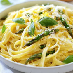 - 8 oz fettuccine or tagliatelle pasta - 1 lb fresh asparagus, trimmed and cut into 2-inch pieces - 2 tablespoons olive oil - 3 cloves garlic, minced - Zest and juice of 1 lemon - 1 cup grated Parmesan cheese - Salt and pepper - Fresh basil leaves for garnish (optional) In this recipe, the main ingredients are simple and fresh. The pasta forms the base of the dish. I prefer fettuccine or tagliatelle for their width, which holds the sauce well. Fresh asparagus adds a nice crunch and bright flavor. Olive oil is key for sautéing and brings richness to the dish. Next, we add flavor with garlic and lemon. Garlic gives a warm aroma that complements the asparagus. Lemon zest and juice add a bright, tangy flair. Finally, Parmesan cheese adds creaminess and depth. Don't forget the seasonings! Salt and pepper enhance every bite. Fresh basil leaves make a lovely garnish and add a pop of color. This combination of ingredients creates a tasty and vibrant meal. {{ingredient_image_1}} To start, boil water in a large pot. Add salt to the water for flavor. Once the water is boiling, add 8 ounces of fettuccine or tagliatelle pasta. Cook it as per the package instructions until it is al dente. This usually takes about 8 to 10 minutes. After that, save 1 cup of the pasta water. Drain the pasta in a colander and set it aside. Next, grab another pot and fill it with water. Bring this water to a boil. Add 1 pound of fresh asparagus cut into 2-inch pieces. Blanch the asparagus for about 2 to 3 minutes. It should turn bright green and get tender yet crisp. Once ready, drain the asparagus and plunge it into a bowl of ice water to stop cooking. After a few minutes, drain it again. In a large skillet, heat 2 tablespoons of olive oil over medium heat. Add 3 cloves of minced garlic and sauté for about 1 minute. You want to smell the garlic but avoid browning it. After that, toss in the blanched asparagus and cook for another 2 minutes. Stir everything well to combine. Now it’s time to mix it all together. Add the drained pasta to the skillet. Include the zest of 1 lemon, 3 tablespoons of lemon juice, and half of the 1 cup of grated Parmesan cheese. Toss everything together to coat the pasta. If the dish seems dry, add some reserved pasta water to make a light sauce. Season with salt and pepper to taste. Keep tossing until everything is heated through. Finally, serve the pasta in bowls. Top with the remaining Parmesan cheese and fresh basil leaves if you like. To prevent overcooking pasta and asparagus, follow these steps: - Cook pasta al dente: Boil the pasta in salted water for the time stated on the package. Test it a minute or two before it's done. It should be firm but not hard. - Blanch asparagus correctly: Boil the asparagus for just 2-3 minutes. Once it turns bright green, transfer it to ice water. This stops the cooking and keeps the crunch. To add extra flavor, try these ingredients: - Lemon zest: It brightens the dish with a fresh taste. - Red pepper flakes: These add a nice kick if you enjoy spice. - Cherry tomatoes: Cut them in half for sweetness and color. - Pine nuts: Toasted pine nuts give a nutty crunch. Feel free to mix and match! Experiment with your favorites. For the best pairing options, consider these: - Grilled chicken: It adds protein and complements the pasta's flavors. - Garlic bread: Serve with crusty bread to soak up the sauce. - A light salad: A fresh salad balances the meal with crispness. - White wine: Pair the dish with a chilled white wine for a lovely touch. These options enhance your dining experience and make it special. Pro Tips Use Fresh Asparagus: Fresh asparagus will provide a better texture and flavor compared to canned or frozen. Look for bright green stalks that are firm to the touch. Adjust Lemon to Taste: Depending on your preference for acidity, you can adjust the amount of lemon juice and zest. Start with less and add more to achieve your desired flavor. Reserve Cooking Water: Always reserve some pasta cooking water before draining. This starchy water can help to create a creamy sauce when mixed with the pasta and other ingredients. Garnish for Freshness: Adding fresh basil leaves not only enhances the dish's presentation but also adds a burst of flavor. Consider using other herbs like parsley or mint for variety. {{image_2}} You can boost the protein in Lemon Parmesan Asparagus Pasta by adding chicken or shrimp. Cooked chicken breast, sliced into strips, works well. Toss it in with the garlic and asparagus. For shrimp, sauté them in olive oil until pink. Then, mix them in with the pasta. Both options add great flavor and make the dish more filling. If you want to keep it vegetarian, consider adding more veggies. Cherry tomatoes bring a sweet burst, while bell peppers add crunch. You could also include spinach or peas for a pop of color. Just sauté them with the asparagus for a few minutes. It makes the dish even more vibrant and healthy. For a gluten-free option, swap out regular pasta for gluten-free varieties. Look for brown rice or chickpea pasta. They hold up well and still taste great. Cook them according to package instructions. The flavors of lemon and Parmesan will shine through, making it a lovely meal for everyone. Store leftovers in an airtight container. Let the pasta cool to room temperature first. Keep it in the fridge for up to three days. If you want to keep it longer, consider freezing it. To reheat, use a skillet over low heat. Add a splash of water or olive oil to help it warm up. Stir gently to avoid sticking. You can also use the microwave. Heat in short bursts, stirring in between. Yes, you can freeze Lemon Parmesan Asparagus Pasta. Place it in a freezer-safe container. It will last for up to two months in the freezer. Thaw overnight in the fridge before reheating. For this dish, fettuccine or tagliatelle works best. Both types have a wide surface. This allows them to hold the sauce well. You want a pasta that complements the fresh flavors of lemon and asparagus. Yes, you can prepare this pasta ahead of time. Cook the pasta and asparagus as per the recipe. Store them separately in airtight containers. When ready to eat, reheat gently in a skillet. Add a splash of water or olive oil to keep it moist. To make this recipe vegan, swap the Parmesan cheese for a vegan alternative. Nutritional yeast is a great option. It adds a cheesy flavor without dairy. Use olive oil and fresh veggies to keep it tasty and light. - Can I use frozen asparagus? Yes, frozen asparagus works too. Just thaw and sauté it briefly. - What can I serve with this pasta? A light salad or garlic bread pairs well. It adds freshness and crunch. - How do I store leftovers? Place leftovers in a sealed container in the fridge. They last for 2-3 days. This blog post detailed the steps to create a delicious Lemon Parmesan Asparagus Pasta. You learned about the main ingredients, including fresh asparagus and fettuccine, as well as tips for perfect cooking. We also explored variations, like adding proteins or making it gluten-free. Lastly, proper storage techniques ensure your leftovers stay fresh. Incorporating these ideas will help you create a tasty dish that's sure to impress. Enjoy your cooking journey!
