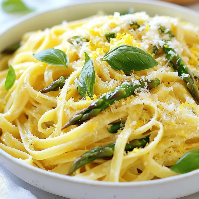 - 8 oz fettuccine or tagliatelle pasta - 1 lb fresh asparagus, trimmed and cut into 2-inch pieces - 2 tablespoons olive oil - 3 cloves garlic, minced - Zest and juice of 1 lemon - 1 cup grated Parmesan cheese - Salt and pepper - Fresh basil leaves for garnish (optional) In this recipe, the main ingredients are simple and fresh. The pasta forms the base of the dish. I prefer fettuccine or tagliatelle for their width, which holds the sauce well. Fresh asparagus adds a nice crunch and bright flavor. Olive oil is key for sautéing and brings richness to the dish. Next, we add flavor with garlic and lemon. Garlic gives a warm aroma that complements the asparagus. Lemon zest and juice add a bright, tangy flair. Finally, Parmesan cheese adds creaminess and depth. Don't forget the seasonings! Salt and pepper enhance every bite. Fresh basil leaves make a lovely garnish and add a pop of color. This combination of ingredients creates a tasty and vibrant meal. {{ingredient_image_1}} To start, boil water in a large pot. Add salt to the water for flavor. Once the water is boiling, add 8 ounces of fettuccine or tagliatelle pasta. Cook it as per the package instructions until it is al dente. This usually takes about 8 to 10 minutes. After that, save 1 cup of the pasta water. Drain the pasta in a colander and set it aside. Next, grab another pot and fill it with water. Bring this water to a boil. Add 1 pound of fresh asparagus cut into 2-inch pieces. Blanch the asparagus for about 2 to 3 minutes. It should turn bright green and get tender yet crisp. Once ready, drain the asparagus and plunge it into a bowl of ice water to stop cooking. After a few minutes, drain it again. In a large skillet, heat 2 tablespoons of olive oil over medium heat. Add 3 cloves of minced garlic and sauté for about 1 minute. You want to smell the garlic but avoid browning it. After that, toss in the blanched asparagus and cook for another 2 minutes. Stir everything well to combine. Now it’s time to mix it all together. Add the drained pasta to the skillet. Include the zest of 1 lemon, 3 tablespoons of lemon juice, and half of the 1 cup of grated Parmesan cheese. Toss everything together to coat the pasta. If the dish seems dry, add some reserved pasta water to make a light sauce. Season with salt and pepper to taste. Keep tossing until everything is heated through. Finally, serve the pasta in bowls. Top with the remaining Parmesan cheese and fresh basil leaves if you like. To prevent overcooking pasta and asparagus, follow these steps: - Cook pasta al dente: Boil the pasta in salted water for the time stated on the package. Test it a minute or two before it's done. It should be firm but not hard. - Blanch asparagus correctly: Boil the asparagus for just 2-3 minutes. Once it turns bright green, transfer it to ice water. This stops the cooking and keeps the crunch. To add extra flavor, try these ingredients: - Lemon zest: It brightens the dish with a fresh taste. - Red pepper flakes: These add a nice kick if you enjoy spice. - Cherry tomatoes: Cut them in half for sweetness and color. - Pine nuts: Toasted pine nuts give a nutty crunch. Feel free to mix and match! Experiment with your favorites. For the best pairing options, consider these: - Grilled chicken: It adds protein and complements the pasta's flavors. - Garlic bread: Serve with crusty bread to soak up the sauce. - A light salad: A fresh salad balances the meal with crispness. - White wine: Pair the dish with a chilled white wine for a lovely touch. These options enhance your dining experience and make it special. Pro Tips Use Fresh Asparagus: Fresh asparagus will provide a better texture and flavor compared to canned or frozen. Look for bright green stalks that are firm to the touch. Adjust Lemon to Taste: Depending on your preference for acidity, you can adjust the amount of lemon juice and zest. Start with less and add more to achieve your desired flavor. Reserve Cooking Water: Always reserve some pasta cooking water before draining. This starchy water can help to create a creamy sauce when mixed with the pasta and other ingredients. Garnish for Freshness: Adding fresh basil leaves not only enhances the dish's presentation but also adds a burst of flavor. Consider using other herbs like parsley or mint for variety. {{image_2}} You can boost the protein in Lemon Parmesan Asparagus Pasta by adding chicken or shrimp. Cooked chicken breast, sliced into strips, works well. Toss it in with the garlic and asparagus. For shrimp, sauté them in olive oil until pink. Then, mix them in with the pasta. Both options add great flavor and make the dish more filling. If you want to keep it vegetarian, consider adding more veggies. Cherry tomatoes bring a sweet burst, while bell peppers add crunch. You could also include spinach or peas for a pop of color. Just sauté them with the asparagus for a few minutes. It makes the dish even more vibrant and healthy. For a gluten-free option, swap out regular pasta for gluten-free varieties. Look for brown rice or chickpea pasta. They hold up well and still taste great. Cook them according to package instructions. The flavors of lemon and Parmesan will shine through, making it a lovely meal for everyone. Store leftovers in an airtight container. Let the pasta cool to room temperature first. Keep it in the fridge for up to three days. If you want to keep it longer, consider freezing it. To reheat, use a skillet over low heat. Add a splash of water or olive oil to help it warm up. Stir gently to avoid sticking. You can also use the microwave. Heat in short bursts, stirring in between. Yes, you can freeze Lemon Parmesan Asparagus Pasta. Place it in a freezer-safe container. It will last for up to two months in the freezer. Thaw overnight in the fridge before reheating. For this dish, fettuccine or tagliatelle works best. Both types have a wide surface. This allows them to hold the sauce well. You want a pasta that complements the fresh flavors of lemon and asparagus. Yes, you can prepare this pasta ahead of time. Cook the pasta and asparagus as per the recipe. Store them separately in airtight containers. When ready to eat, reheat gently in a skillet. Add a splash of water or olive oil to keep it moist. To make this recipe vegan, swap the Parmesan cheese for a vegan alternative. Nutritional yeast is a great option. It adds a cheesy flavor without dairy. Use olive oil and fresh veggies to keep it tasty and light. - Can I use frozen asparagus? Yes, frozen asparagus works too. Just thaw and sauté it briefly. - What can I serve with this pasta? A light salad or garlic bread pairs well. It adds freshness and crunch. - How do I store leftovers? Place leftovers in a sealed container in the fridge. They last for 2-3 days. This blog post detailed the steps to create a delicious Lemon Parmesan Asparagus Pasta. You learned about the main ingredients, including fresh asparagus and fettuccine, as well as tips for perfect cooking. We also explored variations, like adding proteins or making it gluten-free. Lastly, proper storage techniques ensure your leftovers stay fresh. Incorporating these ideas will help you create a tasty dish that's sure to impress. Enjoy your cooking journey!