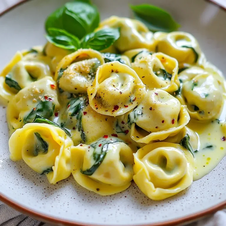 - Cheese tortellini: You can choose fresh or frozen cheese tortellini. Fresh tortellini cooks faster and has a tender bite. Frozen tortellini is also tasty and super convenient. Just remember to adjust your cooking time. Fresh takes about 3-5 minutes, while frozen usually needs 7-9 minutes. - Fresh spinach: Use 2 cups of fresh spinach. Look for bright green leaves with no wilting. The spinach will wilt down nicely in the pan, adding color and nutrition. - Cream and cheese options: For the creamy sauce, I recommend 1 cup of heavy cream. It gives the dish a rich flavor. Grated Parmesan cheese adds depth and helps thicken the sauce. You can also try cream cheese for a different twist. - Red pepper flakes: If you like a little kick, add 1/2 teaspoon of red pepper flakes. It gives a nice warmth without overpowering the dish. - Substitutions for dietary needs: If you need a dairy-free option, try using coconut cream or a dairy-free cheese. These options can still deliver a creamy texture and delicious flavor. {{ingredient_image_1}} Start by boiling a large pot of salted water. The salt helps flavor the pasta. Once the water boils, add the cheese tortellini. If you use fresh tortellini, cook for about 3-5 minutes. For frozen, it takes about 7-9 minutes. Check the package for exact times. When done, drain and set the tortellini aside. In a large skillet, heat olive oil over medium heat. Once it’s hot, add minced garlic. Sauté the garlic for about one minute. Watch closely to avoid burning it. Burnt garlic will turn bitter and ruin the dish. You want it fragrant and lightly golden. Add chopped spinach to the skillet with the garlic. If you like a little heat, toss in red pepper flakes now. Cook the spinach for 2-3 minutes. You know it’s done when it wilts down and turns bright green. This means it's ready for the next step. Lower the heat and pour in the heavy cream. Stir it well to mix with the spinach and garlic. Gradually add grated Parmesan cheese, stirring until it melts. This will give your sauce a rich and creamy texture. Season it with salt and black pepper to taste. The sauce should be smooth and velvety. Gently add the cooked tortellini into the skillet with the sauce. Toss everything together carefully. You want each piece of tortellini well-coated in the creamy sauce. Let it cook for another 1-2 minutes to heat through. This step makes sure every bite is delicious and warm. To make your sauce extra creamy, choose the right cheese. I love using freshly grated Parmesan. It melts well and gives a rich flavor. You can also try mixing in mascarpone or cream cheese. These options add a lovely smoothness. Remember, the cream should be warm when you add the cheese. This helps it melt better. Cooking tortellini can be tricky. A common mistake is overcooking it. Always check the package for cooking times. Fresh tortellini cooks fast, usually in just 3-5 minutes. Frozen ones take a bit longer, about 7-9 minutes. Test a piece before draining. It should be tender but not mushy. Garnishing makes your dish look pretty. Fresh herbs add color and flavor. I recommend using basil leaves. They pair well with spinach and cream. You can also sprinkle extra Parmesan on top. If you like a kick, add a dash of red pepper flakes. This brings a nice pop to the dish. Pro Tips Use Fresh Spinach: Fresh spinach not only enhances the flavor but also adds vibrant color to your dish. If using frozen spinach, make sure to thaw and drain excess water before adding it to the skillet. Adjust Creaminess: For a lighter version, substitute half of the heavy cream with chicken or vegetable broth. This will still give you a creamy texture without all the calories. Customize the Cheese: Feel free to mix different types of cheese, such as mozzarella or fontina, with Parmesan for a unique flavor profile. Just ensure they melt well. Perfect Tortellini Cooking: Be sure to cook the tortellini al dente, as it will continue to cook slightly when tossed in the sauce. This ensures a perfect texture in your final dish. {{image_2}} To make your creamy spinach tortellini more filling, consider adding protein. Here are three great options: - Chicken: Cook diced chicken breast in the skillet before adding garlic. This gives a nice flavor and texture. - Shrimp: Sauté shrimp until pink and tender, then mix with the sauce. This adds a seafood twist. - Tofu: For a vegetarian option, use firm tofu. Cube it, sauté until golden, and toss it in. Each protein option brings its own taste. Feel free to mix and match based on what you have. You can also add more veggies to your dish. This boosts nutrition and flavor. Here are some ideas: - Mushrooms: Sauté sliced mushrooms with the garlic for a rich, earthy taste. - Bell Peppers: Chop bell peppers and toss them in with the spinach. They add color and sweetness. - Broccoli: Steam small florets and mix them with the tortellini for a crunchy bite. Mixing in these vegetables can change the dish each time you make it. Get creative! If you need gluten-free options, look for gluten-free tortellini. Many brands offer great taste and texture. You can also use zucchini noodles or spaghetti squash for a lighter option. This keeps the dish tasty while meeting dietary needs. Always check labels to ensure your ingredients fit your diet. To keep your creamy spinach tortellini fresh, store leftovers in an airtight container. Allow the dish to cool before sealing. This helps prevent moisture buildup. Refrigerate the tortellini within two hours of cooking. Use it within three days for the best taste. Creamy dishes like this one can spoil quickly, so check for any changes in smell or texture before eating. To reheat creamy spinach tortellini, use a skillet on low heat. This method helps keep the creaminess intact. Add a splash of milk or cream to prevent it from drying out. Stir often to ensure even heating. You can also microwave it, but cover the dish. Heat in short bursts, stirring in between. This way, you avoid overheating, which can change the texture. If you want to freeze creamy spinach tortellini, first, let it cool completely. Portion it into freezer-safe containers. Label the containers with the date for easy tracking. You can freeze it for up to three months. To thaw, place it in the fridge overnight. Reheat gently on the stove, adding a bit of cream to restore its rich texture. Avoid freezing if you plan to use fresh spinach, as it may change in texture when thawed. Yes, you can use frozen spinach. However, the texture changes. Frozen spinach is softer and can become watery. Fresh spinach has a nice bite. If you use frozen, make sure to drain it well. This way, you avoid extra moisture in your dish. To lighten up creamy spinach tortellini, try these tips: - Use half-and-half instead of heavy cream. - Replace some Parmesan with a low-fat cheese. - Add more veggies like zucchini or bell peppers. This boosts volume without many calories. You can pair this dish with: - A light salad with lemon vinaigrette. - Garlic bread for a crunchy side. - Steamed vegetables like broccoli or green beans. Yes, you can prep ahead. Cook the tortellini and make the sauce. Store them separately in the fridge. When ready to eat, just combine them and heat. This saves time and keeps your meal fresh. In this blog post, we explored how to make creamy spinach tortellini from scratch. You learned about choosing the right ingredients, cooking techniques, and tips for perfecting your dish. I shared ideas for dietary swaps and delicious add-ins. Remember, cooking is fun and tasty. Experiment with flavors or vary your recipe to suit your taste. With practice, you'll create a fantastic meal every time. Enjoy every bite and share with friends or family!