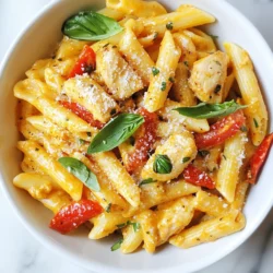 To make Roasted Red Pepper Chicken Pasta, you need these simple ingredients: - 2 cups penne pasta - 1 pound chicken breast, cut into bite-sized pieces - 2 large roasted red peppers, drained and chopped - 3 cloves garlic, minced - 1 cup heavy cream - 1/2 cup grated Parmesan cheese - 2 tablespoons olive oil - 1 teaspoon Italian seasoning - Salt and pepper to taste - Fresh basil leaves for garnish Each ingredient plays a key role. The penne pasta provides a great base. Chicken breast adds protein and heartiness. Roasted red peppers bring a sweet, smoky flavor. Garlic gives a nice kick and aroma. Heavy cream makes the sauce rich and creamy. Parmesan cheese adds depth and a salty touch. Olive oil helps cook the chicken and adds moisture. Italian seasoning brings the dish to life with herbs. Salt and pepper enhance all the flavors. Fresh basil leaves make the dish look and taste fresh. Gather these items before you start cooking. Having everything ready makes the process smooth and fun! {{ingredient_image_1}} Start by boiling a large pot of water. Add salt to the water for flavor. When the water boils, add 2 cups of penne pasta. Cook it according to the package directions until it is al dente. This usually takes about 8 to 10 minutes. Once cooked, drain the pasta and set it aside. Next, heat 2 tablespoons of olive oil in a large skillet over medium heat. Season 1 pound of chicken breast pieces with salt, pepper, and 1 teaspoon of Italian seasoning. Add the chicken to the skillet. Cook it for 5 to 7 minutes until it is browned and cooked through. Remove the chicken from the skillet and place it on a plate. In the same skillet, add 3 cloves of minced garlic. Sauté it for about 30 seconds until fragrant. Then, add 2 large roasted red peppers that are drained and chopped. Cook this mixture for about 2 minutes. This step helps enhance the flavors. Once the red pepper and garlic are ready, transfer the mixture to a blender. Add 1 cup of heavy cream and blend until the sauce is smooth. Pour the sauce back into the skillet and keep it over medium heat. This helps warm the sauce. Now, stir in 1/2 cup of grated Parmesan cheese. Let the sauce simmer for 3 to 5 minutes until it thickens slightly. Add the cooked chicken and pasta to the sauce. Toss everything together to coat the pasta and chicken evenly. Taste the dish and adjust salt and pepper if needed. Cook for another minute to heat everything through. Serve the pasta hot. Garnish with fresh basil leaves on top for a bright finish. Enjoy your meal! To make the chicken perfect, start with fresh chicken breast. Cut it into small pieces. Season the chicken well with salt, pepper, and Italian seasoning. Heat olive oil in a skillet over medium heat. Cook the chicken for about 5-7 minutes. You want it nice and brown. Let it rest for a minute after cooking. This keeps it juicy and tender. The sauce is key to this dish. Use jarred or homemade roasted red peppers for rich flavor. Sauté minced garlic in the same skillet after cooking the chicken. This adds depth to the sauce. Blend the garlic and roasted peppers with heavy cream for smoothness. Don't skip the Parmesan cheese. It adds creaminess and a savory kick. Simmer the sauce for a few minutes to marry the flavors. Cook the penne pasta in a large pot of salted water. Follow the package instructions for al dente texture. This means the pasta should be firm but not hard. Drain the pasta but save a bit of the water. If the sauce is too thick, you can add some pasta water to loosen it. Combine the pasta with the sauce and chicken in the skillet. Toss everything together to coat well. Pro Tips Quality Ingredients: Use high-quality roasted red peppers for a richer flavor. If using jarred peppers, look for those with minimal additives. Cooking Pasta: Ensure to cook the penne pasta al dente. This will help it hold its shape and texture when combined with the sauce. Blending the Sauce: For a creamier texture, blend the sauce until completely smooth. You can also add a splash of pasta water to adjust consistency. Garnishing: Fresh basil adds a burst of flavor and color. For an extra kick, consider adding crushed red pepper flakes when serving. {{image_2}} You can easily boost this dish with veggies. Adding spinach gives a nice color and flavor. Just toss it in the pan when cooking the chicken. You can also add bell peppers or zucchini. These veggies add nutrients and crunch. For a bit of sweetness, try adding cherry tomatoes. They cook quickly and brighten up the dish. You can mix and match according to what you like. The goal is to make it colorful and tasty! If you want to change the protein, you have options. Shrimp is a great swap for chicken. It cooks fast and absorbs flavors well. Tofu is perfect for a vegetarian choice. Just cube it and cook until golden. For a heartier option, try sausage. Slice it up and cook it with the garlic. You can even use leftover rotisserie chicken for a quick meal. Each protein brings its own unique taste, making the dish your own. If you need a gluten-free meal, use gluten-free penne. Many brands offer good options that cook just like regular pasta. You can also try zucchini noodles or spaghetti squash. They provide a healthy twist and cut down on carbs. Just remember to adjust cooking times for these alternatives. A rich sauce like this pairs well with any choice, giving you a delicious meal without gluten. After enjoying your Roasted Red Pepper Chicken Pasta, let it cool. Place leftovers in an airtight container. Make sure to store it in the fridge. It will stay fresh for about three days. To reheat your pasta, you can use the microwave or the stove. If using a microwave, place the pasta in a bowl. Add a splash of water or cream to keep it moist. Heat in short bursts, stirring in between. If using the stove, warm the pasta in a skillet over low heat. Stir gently until heated through. You can freeze this pasta for later. First, let it cool completely. Then, transfer it to a freezer-safe container. Make sure to leave some space for expansion. It can last up to three months in the freezer. To enjoy later, thaw it in the fridge overnight before reheating. You can use half-and-half if you want a lighter option. Whole milk works but will make the sauce thinner. You might also try coconut cream for a dairy-free choice. Just blend it well with the roasted peppers for a smooth sauce. Yes, you can! Any pasta shape works well. Try fusilli, farfalle, or spaghetti for a fun twist. Just cook the pasta according to the package directions for the best texture. Add red pepper flakes or hot sauce to the sauce. You can also use spicy chicken sausage instead of regular chicken for more heat. Adjust the spice level to fit your taste. Absolutely! You can cook the chicken and make the sauce ahead of time. Store them in the fridge for up to three days. Just cook the pasta fresh when you are ready to eat. Reheat the chicken and sauce together for best results. In this post, we covered a creamy penne pasta dish with chicken and roasted red peppers. You learned about the key ingredients, from heavy cream to fresh basil. We walked through step-by-step cooking and some helpful tips. You also discovered variations and storage tips for leftovers. This dish is both tasty and easy to make. Experiment with flavors and enjoy your time in the kitchen. Cooking is a fun way to share with friends and family. Enjoy your delicious creation!