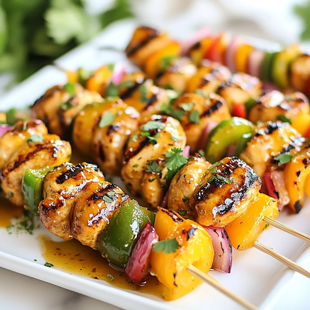 - 1 pound chicken breast, cut into 1-inch cubes - 1/4 cup honey - 3 tablespoons lime juice (freshly squeezed) - 2 tablespoons olive oil - 2 cloves garlic, minced - 1 teaspoon ground ginger - 1/2 teaspoon salt - 1/4 teaspoon black pepper - 1 red bell pepper, cut into chunks - 1 green bell pepper, cut into chunks - 1 small red onion, cut into chunks - Fresh cilantro for garnish (optional) - Pineapple chunks for sweetness - Zucchini slices for extra veggies - Chili flakes for a spicy kick Each serving of Honey Lime Chicken Skewers offers: - Calories: 280 - Protein: 25g - Carbohydrates: 20g - Fat: 10g - Fiber: 2g - Sugar: 12g These skewers are not just tasty; they also pack a healthy punch. The chicken provides lean protein, while the veggies add fiber and vitamins. You can mix in optional ingredients to fit your taste and boost nutrition. {{ingredient_image_1}} To start, gather your ingredients for the marinade. You need honey, lime juice, olive oil, garlic, ginger, salt, and pepper. In a medium bowl, whisk together these items. Mix until you see a nice blend of flavors. This marinade will give your chicken a sweet and tangy taste. Next, take your chicken breast and cut it into 1-inch cubes. Add the chicken to the bowl with the marinade. Make sure every piece is well coated. Cover the bowl and place it in the fridge. Let it marinate for at least 30 minutes. If you have time, let it sit for up to 2 hours. This will deepen the flavor and make the chicken tender. While the chicken marinates, soak your bamboo skewers in water. This helps prevent them from burning on the grill. After soaking, preheat your grill to medium-high heat. Now it’s time to assemble your skewers. Thread the marinated chicken onto the skewers, alternating with chunks of red and green bell peppers and red onion. This adds color and flavor. Place the skewers on the grill. Cook for 10 to 12 minutes, turning them often. The chicken is done when it reaches 165°F. When cooked, let them rest for a couple of minutes. For a fresh touch, sprinkle some cilantro on top before serving. Enjoy your flavorful grilling delight! Marinating chicken is key for great flavor. I suggest marinating for at least 30 minutes. If you have time, go for 2 hours. This allows the chicken to soak up all the tasty honey, lime, and spices. Be sure to coat every piece well. Use a bowl that can be covered tightly. This keeps the marinade from spilling. To get those perfect grill marks, heat your grill to medium-high. Place the skewers on the grill at a slight angle. Don’t move them too much. After about 4-5 minutes, give them a quarter turn. This turn will make those beautiful grill marks. Keep an eye on the chicken to make sure it cooks evenly. Safety is important when cooking chicken. Always check the internal temperature. Use a meat thermometer to ensure it reaches 165°F (75°C). This keeps you safe from foodborne illnesses. Also, never place cooked chicken back on the same plate as raw chicken. Clean your utensils and surfaces well to avoid cross-contamination. Enjoy your grilling safely! Pro Tips Marinate Longer for Flavor: For the best flavor, marinate the chicken for at least 2 hours or even overnight. This allows the marinade to penetrate deeper into the meat, enhancing the taste. Use Fresh Ingredients: Always use fresh lime juice and garlic for the marinade. Fresh ingredients elevate the flavor profile and provide a brighter taste compared to bottled alternatives. Check Skewers for Splinters: When using bamboo skewers, inspect them for splinters before use. A smooth skewer will prevent the chicken and vegetables from tearing when threading them on. Let Rest Before Serving: After grilling, let the skewers rest for a few minutes. This allows the juices to redistribute throughout the chicken, resulting in a juicier bite. {{image_2}} You can swap chicken for other proteins. Shrimp works great with this recipe. It cooks fast and absorbs flavors well. You can also use pork or beef. Just adjust cooking times based on the protein you choose. Ground meat like turkey can also work if shaped into patties. For a tasty vegetarian version, use firm tofu. Cut it into cubes like chicken. Marinate it in the same honey lime mix. You can also load skewers with veggies. Bell peppers, zucchini, and mushrooms pair nicely. Grilling brings out their natural sweetness. Soak wooden skewers first to avoid burning. You can change the flavor by using different marinades. Try a teriyaki sauce for a sweet and savory taste. Lemon garlic adds a fresh touch. For a spicy kick, use a chili-lime marinade. Each option opens up new possibilities. Mix and match for fun and unique skewers! To keep your Honey Lime Chicken Skewers fresh, let them cool first. Place the skewers in an airtight container. Store them in your fridge for up to three days. If you want to maintain their flavor, wrap them tightly in plastic wrap before placing them in the container. When it’s time to enjoy your leftovers, use the oven or a skillet. For the oven, preheat it to 350°F. Place the skewers on a baking tray and cover with foil. Heat for about 10-15 minutes, or until warm. If you use a skillet, heat it over medium heat. Cook the skewers for 5-7 minutes, turning them often to heat evenly. If you want to freeze your skewers, do this before cooking. After marinating, thread the chicken and veggies onto the skewers. Wrap each skewer in plastic wrap, then place them in a freezer bag. Make sure to remove as much air as possible. They can stay in the freezer for up to three months. When ready to cook, thaw them in the fridge overnight before grilling. Yes, you can prepare Honey Lime Chicken Skewers in advance. Marinate the chicken cubes and store them in the fridge. You can do this for up to two hours. If you want to save time, marinate the chicken the night before. Just remember to soak your bamboo skewers in water for 30 minutes before grilling. Bamboo skewers work great for grilling. They are easy to find and cheap. Just soak them in water to prevent burning. Metal skewers are another option. They can be reused, and they heat up well. Choose whichever you prefer for your grilling needs. To check if your chicken is done, use a meat thermometer. The internal temperature should reach 165°F (75°C). If you don’t have one, cut the chicken in the thickest part. It should be white and not pink. Juices should run clear, indicating it is fully cooked. You learned how to make tasty Honey Lime Chicken Skewers from scratch. We covered the key ingredients, step-by-step grilling instructions, and helpful tips for great results. Plus, we explored storage options and answered common questions. Making these skewers is fun and easy! You can even try different proteins or flavors. Follow these steps, and enjoy a delicious meal that you can share with family and friends. Happy grilling!