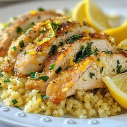 To make Lemon Herb Couscous Chicken, gather these fresh and flavorful ingredients: - 2 boneless, skinless chicken breasts - 1 cup couscous - 1 ½ cups chicken broth (or vegetable broth for a vegetarian option) - Zest of 1 lemon - Juice of 1 lemon - 3 tablespoons olive oil - 2 cloves garlic, minced - 1 teaspoon dried oregano - 1 teaspoon dried thyme - 1 teaspoon cumin - Salt and pepper to taste - ¼ cup fresh parsley, chopped (for garnish) - Lemon wedges (for serving) Each ingredient plays a key role in bringing flavor to this dish. The chicken offers a protein base, while couscous adds a light, fluffy texture. The broth adds depth, and the lemon zest and juice brighten the meal. Olive oil provides richness, while garlic and herbs give it warmth and earthiness. Fresh parsley not only adds color but also enhances flavor. This balance makes the dish both simple and enjoyable. {{ingredient_image_1}} To marinate the chicken, start by mixing the marinade in a bowl. Combine 2 tablespoons of olive oil, minced garlic, lemon zest, lemon juice, oregano, thyme, cumin, salt, and pepper. Add the two chicken breasts to the bowl. Make sure they are fully coated with the marinade. Cover the bowl and let it marinate for at least 30 minutes. For a deeper flavor, marinate for up to 2 hours in the fridge. Next, bring 1 ½ cups of chicken broth to a boil in a medium saucepan. Once the broth is boiling, stir in 1 cup of couscous. Cover the pot and remove it from heat. Let it sit for about 5 minutes. This allows the couscous to absorb the liquid. After that, fluff the couscous with a fork and set it aside. Now, heat a large skillet over medium heat. Add the remaining tablespoon of olive oil. Once the skillet is hot, add the marinated chicken breasts. Cook them for about 5 to 7 minutes on each side. The chicken should turn golden brown. To ensure it is fully cooked, the internal temperature must reach 165°F. After cooking, remove the chicken from the skillet and let it rest for a few minutes before slicing. In a large bowl, mix the fluffed couscous with any remaining marinade from the chicken. This adds extra flavor. Taste the mixture and adjust the seasoning if needed. Toss in ¼ cup of chopped parsley for a fresh touch. To serve, slice the chicken and place it on top of the lemon herb couscous. Garnish the dish with extra parsley. Serve with lemon wedges on the side for a bright, fresh look. Enjoy your flavorful meal! To make your chicken burst with flavor, give it time to marinate. I suggest letting it soak in the marinade for at least 30 minutes. If you can, aim for two hours in the fridge. This extra time helps all those lovely flavors blend together. If you want to switch things up, try different marinades. A mix of yogurt and spices can add creaminess and tang. Or use a simple blend of soy sauce, honey, and ginger for an Asian twist. The options are endless! Couscous should be light and fluffy. Once it cooks, let it rest for a few minutes before fluffing. Use a fork to gently separate the grains. If you stir too hard, you risk making it mushy. To avoid overcooked couscous, watch the cooking time. Remember, let it sit covered for just five minutes after boiling. This small step makes a big difference! To check if your chicken is done, use a meat thermometer. It should read 165°F (75°C). This ensures it's safe to eat and juicy. After cooking, let the chicken rest for a few minutes. This helps keep it moist when you slice it. If you cut right away, the juices run out, and you lose flavor. Pro Tips Marinate for Maximum Flavor: The longer you marinate the chicken, the more flavorful it will be. Aim for at least 2 hours in the fridge if you have the time. Use Fresh Herbs: While dried herbs work well, using fresh herbs like parsley or thyme can elevate the dish with brighter flavors. Fluff the Couscous: After cooking, make sure to fluff the couscous with a fork to prevent it from becoming gummy and to enhance its texture. Check Chicken Temperature: Always use a meat thermometer to ensure the chicken is cooked through to an internal temperature of 165°F (75°C) for safety. {{image_2}} You can swap chicken for tofu or chickpeas. Tofu absorbs flavors well. Use firm tofu for the best texture. Marinate it just like the chicken. For chickpeas, rinse and drain canned ones. Toss them into the marinade, too. Both options make the dish hearty and healthy. Add seasonal vegetables for extra color and taste. Good choices include bell peppers, zucchini, or spinach. These veggies blend well with couscous. You can roast or sauté them before mixing. For fresh options, add raw veggies like cherry tomatoes or cucumber. They add crunch and freshness. Consider herbs like basil or mint for a twist. These herbs can brighten up the dish. You can also add spices like paprika or coriander for warmth. For texture, toss in nuts like almonds or walnuts. Dried fruits, like cranberries or apricots, give a sweet touch. These additions make the dish more exciting and tasty. To store your Lemon Herb Couscous Chicken, place it in the fridge. Use an airtight container to keep it fresh. It is best to keep the couscous and chicken separate. This prevents the couscous from getting soggy. Store leftovers for up to three days for the best taste. When you are ready to enjoy leftovers, use safe reheating methods. You can use the microwave or the stovetop. If using the microwave, heat on medium power in short bursts. Stir in between to ensure even heating. To avoid dry chicken, add a splash of broth or water before reheating. If using the stovetop, heat in a pan over low heat. Cover the pan to retain moisture. You can freeze Lemon Herb Couscous Chicken for later. The chicken and couscous freeze well. Place them in freezer-safe containers or bags. Be sure to label them with the date. For thawing, move to the fridge overnight. Reheat as described above after thawing. This way, you can enjoy a tasty meal anytime! To make this dish gluten-free, simply replace couscous with quinoa or rice. Both options work well. They absorb flavors nicely and offer a great texture. Make sure to use gluten-free broth too. This way, you keep all the tasty flavors intact while being gluten-free. Yes, you can prepare this meal ahead of time. Marinate the chicken the night before and keep it in the fridge. You can also cook the couscous in advance. Just store it in an airtight container. When you're ready to eat, just reheat everything. This makes dinner easy on busy days. If you don't have couscous, you can use quinoa, rice, or even bulgur. These grains all add a nice texture. Quinoa is a great choice for a protein boost. Rice is also a good option for a filling meal. Choose what you like best. To check if the chicken is cooked, use a meat thermometer. The inside should reach 165°F or 75°C. If you don’t have a thermometer, cut the chicken open. It should be white all the way through, with no pink. This ensures safe eating. You can serve this dish with a green salad, roasted veggies, or garlic bread. A fresh cucumber salad pairs well too. These side dishes balance the meal and add more colors. Choose what you enjoy to make the meal even better! This recipe combines juicy chicken and fluffy couscous with bright lemon flavor. You learned how to marinate chicken, cook couscous, and combine everything perfectly. Remember, you can customize this dish with extra veggies or spices. Store leftovers properly, and keep the couscous and chicken separate for best taste. Whether you choose to add nuts or go vegetarian, this dish is easy and satisfying. Enjoy your cooking journey with this vibrant meal!