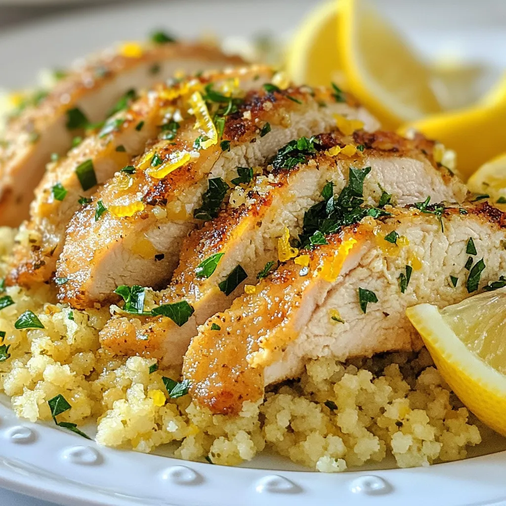 To make Lemon Herb Couscous Chicken, gather these fresh and flavorful ingredients: - 2 boneless, skinless chicken breasts - 1 cup couscous - 1 ½ cups chicken broth (or vegetable broth for a vegetarian option) - Zest of 1 lemon - Juice of 1 lemon - 3 tablespoons olive oil - 2 cloves garlic, minced - 1 teaspoon dried oregano - 1 teaspoon dried thyme - 1 teaspoon cumin - Salt and pepper to taste - ¼ cup fresh parsley, chopped (for garnish) - Lemon wedges (for serving) Each ingredient plays a key role in bringing flavor to this dish. The chicken offers a protein base, while couscous adds a light, fluffy texture. The broth adds depth, and the lemon zest and juice brighten the meal. Olive oil provides richness, while garlic and herbs give it warmth and earthiness. Fresh parsley not only adds color but also enhances flavor. This balance makes the dish both simple and enjoyable. {{ingredient_image_1}} To marinate the chicken, start by mixing the marinade in a bowl. Combine 2 tablespoons of olive oil, minced garlic, lemon zest, lemon juice, oregano, thyme, cumin, salt, and pepper. Add the two chicken breasts to the bowl. Make sure they are fully coated with the marinade. Cover the bowl and let it marinate for at least 30 minutes. For a deeper flavor, marinate for up to 2 hours in the fridge. Next, bring 1 ½ cups of chicken broth to a boil in a medium saucepan. Once the broth is boiling, stir in 1 cup of couscous. Cover the pot and remove it from heat. Let it sit for about 5 minutes. This allows the couscous to absorb the liquid. After that, fluff the couscous with a fork and set it aside. Now, heat a large skillet over medium heat. Add the remaining tablespoon of olive oil. Once the skillet is hot, add the marinated chicken breasts. Cook them for about 5 to 7 minutes on each side. The chicken should turn golden brown. To ensure it is fully cooked, the internal temperature must reach 165°F. After cooking, remove the chicken from the skillet and let it rest for a few minutes before slicing. In a large bowl, mix the fluffed couscous with any remaining marinade from the chicken. This adds extra flavor. Taste the mixture and adjust the seasoning if needed. Toss in ¼ cup of chopped parsley for a fresh touch. To serve, slice the chicken and place it on top of the lemon herb couscous. Garnish the dish with extra parsley. Serve with lemon wedges on the side for a bright, fresh look. Enjoy your flavorful meal! To make your chicken burst with flavor, give it time to marinate. I suggest letting it soak in the marinade for at least 30 minutes. If you can, aim for two hours in the fridge. This extra time helps all those lovely flavors blend together. If you want to switch things up, try different marinades. A mix of yogurt and spices can add creaminess and tang. Or use a simple blend of soy sauce, honey, and ginger for an Asian twist. The options are endless! Couscous should be light and fluffy. Once it cooks, let it rest for a few minutes before fluffing. Use a fork to gently separate the grains. If you stir too hard, you risk making it mushy. To avoid overcooked couscous, watch the cooking time. Remember, let it sit covered for just five minutes after boiling. This small step makes a big difference! To check if your chicken is done, use a meat thermometer. It should read 165°F (75°C). This ensures it's safe to eat and juicy. After cooking, let the chicken rest for a few minutes. This helps keep it moist when you slice it. If you cut right away, the juices run out, and you lose flavor. Pro Tips Marinate for Maximum Flavor: The longer you marinate the chicken, the more flavorful it will be. Aim for at least 2 hours in the fridge if you have the time. Use Fresh Herbs: While dried herbs work well, using fresh herbs like parsley or thyme can elevate the dish with brighter flavors. Fluff the Couscous: After cooking, make sure to fluff the couscous with a fork to prevent it from becoming gummy and to enhance its texture. Check Chicken Temperature: Always use a meat thermometer to ensure the chicken is cooked through to an internal temperature of 165°F (75°C) for safety. {{image_2}} You can swap chicken for tofu or chickpeas. Tofu absorbs flavors well. Use firm tofu for the best texture. Marinate it just like the chicken. For chickpeas, rinse and drain canned ones. Toss them into the marinade, too. Both options make the dish hearty and healthy. Add seasonal vegetables for extra color and taste. Good choices include bell peppers, zucchini, or spinach. These veggies blend well with couscous. You can roast or sauté them before mixing. For fresh options, add raw veggies like cherry tomatoes or cucumber. They add crunch and freshness. Consider herbs like basil or mint for a twist. These herbs can brighten up the dish. You can also add spices like paprika or coriander for warmth. For texture, toss in nuts like almonds or walnuts. Dried fruits, like cranberries or apricots, give a sweet touch. These additions make the dish more exciting and tasty. To store your Lemon Herb Couscous Chicken, place it in the fridge. Use an airtight container to keep it fresh. It is best to keep the couscous and chicken separate. This prevents the couscous from getting soggy. Store leftovers for up to three days for the best taste. When you are ready to enjoy leftovers, use safe reheating methods. You can use the microwave or the stovetop. If using the microwave, heat on medium power in short bursts. Stir in between to ensure even heating. To avoid dry chicken, add a splash of broth or water before reheating. If using the stovetop, heat in a pan over low heat. Cover the pan to retain moisture. You can freeze Lemon Herb Couscous Chicken for later. The chicken and couscous freeze well. Place them in freezer-safe containers or bags. Be sure to label them with the date. For thawing, move to the fridge overnight. Reheat as described above after thawing. This way, you can enjoy a tasty meal anytime! To make this dish gluten-free, simply replace couscous with quinoa or rice. Both options work well. They absorb flavors nicely and offer a great texture. Make sure to use gluten-free broth too. This way, you keep all the tasty flavors intact while being gluten-free. Yes, you can prepare this meal ahead of time. Marinate the chicken the night before and keep it in the fridge. You can also cook the couscous in advance. Just store it in an airtight container. When you're ready to eat, just reheat everything. This makes dinner easy on busy days. If you don't have couscous, you can use quinoa, rice, or even bulgur. These grains all add a nice texture. Quinoa is a great choice for a protein boost. Rice is also a good option for a filling meal. Choose what you like best. To check if the chicken is cooked, use a meat thermometer. The inside should reach 165°F or 75°C. If you don’t have a thermometer, cut the chicken open. It should be white all the way through, with no pink. This ensures safe eating. You can serve this dish with a green salad, roasted veggies, or garlic bread. A fresh cucumber salad pairs well too. These side dishes balance the meal and add more colors. Choose what you enjoy to make the meal even better! This recipe combines juicy chicken and fluffy couscous with bright lemon flavor. You learned how to marinate chicken, cook couscous, and combine everything perfectly. Remember, you can customize this dish with extra veggies or spices. Store leftovers properly, and keep the couscous and chicken separate for best taste. Whether you choose to add nuts or go vegetarian, this dish is easy and satisfying. Enjoy your cooking journey with this vibrant meal!