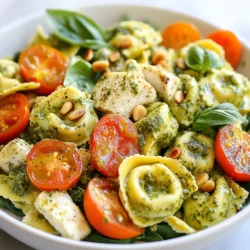 - 12 oz cheese tortellini (fresh or frozen) - 1 cup cherry tomatoes, halved - 1 cup fresh spinach, chopped - ½ cup cooked and chopped grilled chicken (optional) - 1 cup basil pesto (store-bought or homemade) - ½ cup cream cheese, softened - ¼ cup plain Greek yogurt - 2 tablespoons fresh lemon juice - Salt and pepper to taste The key to this dish is the tortellini. I love using cheese tortellini for its rich flavor. You can choose fresh or frozen; both work well. The cherry tomatoes add a nice burst of sweetness. Fresh spinach makes the salad bright and healthy. If you want protein, grilled chicken is a great choice. - ¼ cup pine nuts, toasted (for garnish) - Fresh basil leaves for garnish Adding pine nuts gives a nice crunch. They also bring a lovely nutty taste. Fresh basil leaves can boost the basil flavor in the dish. You can also consider adding roasted red peppers or olives for extra zest. - Toasted pine nuts - Fresh basil leaves These garnishes make your salad look beautiful and add texture. Just sprinkle them on top right before serving. The pine nuts offer a delightful crunch, while the basil leaves add a pop of color and freshness. This simple touch elevates your salad's visual appeal and flavor. {{ingredient_image_1}} Start by boiling water in a large pot. Add a pinch of salt to the water. Once it boils, add 12 oz of cheese tortellini. Cook it according to the package instructions until it is tender but still firm. This should take about 3 to 5 minutes. After cooking, drain the tortellini and rinse it under cold water. This stops the cooking and keeps it from getting mushy. Set the tortellini aside in a bowl. In a medium bowl, mix 1 cup of basil pesto with ½ cup of softened cream cheese. Add ¼ cup of plain Greek yogurt and 2 tablespoons of fresh lemon juice. Whisk these ingredients together until they form a smooth, creamy dressing. This dressing adds rich flavor and a nice texture to your salad. In a large mixing bowl, combine the cooked tortellini, 1 cup of halved cherry tomatoes, and 1 cup of chopped fresh spinach. If you want extra protein, add ½ cup of cooked and chopped grilled chicken. Pour the creamy pesto dressing over the top. Gently toss all the ingredients until the tortellini and veggies are well coated. Taste and add salt and pepper as needed. For the best flavor, let the salad chill in the fridge for at least 30 minutes. Before serving, sprinkle ¼ cup of toasted pine nuts and fresh basil leaves on top for a nice crunch. To get great flavor, use fresh ingredients. Fresh spinach and ripe cherry tomatoes shine in this dish. If you can, try homemade pesto for a richer taste. The lemon juice adds a nice zing. It helps balance the creaminess of the dressing. Always taste your salad before serving. Adjust the salt and pepper to your liking. Cook the tortellini in salted water. This adds flavor right from the start. Follow the package instructions for timing. You want them al dente, which means firm but not hard. After cooking, drain and rinse them under cold water. This stops the cooking and keeps them from getting mushy. Let the salad chill in the fridge for at least 30 minutes. This waiting time allows the flavors to mix well. If you can chill it longer, even better! Chilling enhances the taste and gives you a refreshing dish. Just before serving, add the toasted pine nuts and fresh basil. This keeps them crunchy and bright. Pro Tips Use Fresh Ingredients: For the best flavor, opt for fresh cherry tomatoes and spinach. They will enhance the overall taste of your salad. Customize Your Protein: Feel free to substitute grilled chicken with other proteins such as shrimp or tofu for a different twist. Make Ahead: This salad can be prepared a day in advance. Just keep the toppings separate until serving to maintain their crunch. Experiment with Flavors: Try adding other vegetables like bell peppers or olives for added texture and flavor variations in your salad. {{image_2}} You can easily enhance your creamy pesto tortellini salad by adding proteins. Grilled chicken is a great choice. It adds flavor and makes the dish more filling. You can also use shrimp or diced ham. These options add texture and taste. For a lighter meal, try adding shredded rotisserie chicken. It saves time while boosting flavor. Mix and match proteins to suit your taste. This salad can easily be made vegetarian or vegan. To make it vegetarian, simply skip the chicken. You can add more veggies, like bell peppers or zucchini. For a vegan version, replace the cream cheese and Greek yogurt with tofu or avocado. Use a vegan pesto, too. This keeps the creamy texture while being plant-based. You won't miss the dairy at all! If you're feeling creative, switch up the dressing. Instead of creamy pesto, try a vinaigrette. A lemon or balsamic vinaigrette adds a refreshing twist. You can also experiment with flavored oils. Garlic-infused olive oil adds a nice kick. For a spicy touch, mix in some red pepper flakes. Play with herbs like dill or parsley for new flavors. Each twist keeps the dish exciting and fresh! To keep your creamy pesto tortellini salad fresh, store it in an airtight container. This helps lock in flavors and moisture. Make sure the salad is cool before sealing it. If you have extra pine nuts or basil, store them separately. This keeps them crunchy and bright. Your salad will stay good in the fridge for about 3 days. After that, the freshness may fade. Always check for any off smells or changes in texture before eating. If it looks or smells funny, it’s best to toss it out. You can freeze this salad, but it may change a bit. The tortellini will become softer after thawing. For best results, freeze the salad without the dressing. You can mix in the creamy pesto dressing once you thaw it. Store it in a freezer-safe container for up to 3 months. Yes, you can use frozen tortellini. Just cook it as directed on the package. Frozen tortellini tastes great in this salad. It saves you time too. You can use ricotta cheese or sour cream instead of cream cheese. Both give a nice creamy texture. Greek yogurt is also a good option for a lighter choice. To make homemade pesto, blend fresh basil, garlic, pine nuts, Parmesan cheese, and olive oil. You can adjust the ingredients to taste. A little lemon juice adds a nice zing. This salad is not gluten-free if you use regular tortellini. Look for gluten-free tortellini at the store. Many brands offer tasty gluten-free options. Yes, you can make this salad ahead of time. Just chill it in the fridge for about 30 minutes. This helps the flavors blend well together. To make a creamy pesto tortellini salad, gather your main and optional ingredients. Follow the step-by-step guide for cooking, dressing, and combining. Use tips to enhance flavor and ensure perfect tortellini. Explore variations with proteins and different dressings. Proper storage keeps leftovers fresh. With this simple recipe, you can enjoy a tasty dish anytime. Try it out and enjoy the creamy goodness!
