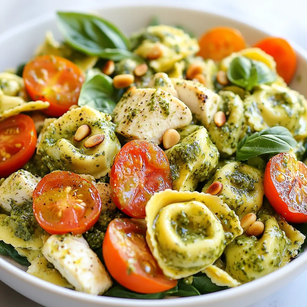 - 12 oz cheese tortellini (fresh or frozen) - 1 cup cherry tomatoes, halved - 1 cup fresh spinach, chopped - ½ cup cooked and chopped grilled chicken (optional) - 1 cup basil pesto (store-bought or homemade) - ½ cup cream cheese, softened - ¼ cup plain Greek yogurt - 2 tablespoons fresh lemon juice - Salt and pepper to taste The key to this dish is the tortellini. I love using cheese tortellini for its rich flavor. You can choose fresh or frozen; both work well. The cherry tomatoes add a nice burst of sweetness. Fresh spinach makes the salad bright and healthy. If you want protein, grilled chicken is a great choice. - ¼ cup pine nuts, toasted (for garnish) - Fresh basil leaves for garnish Adding pine nuts gives a nice crunch. They also bring a lovely nutty taste. Fresh basil leaves can boost the basil flavor in the dish. You can also consider adding roasted red peppers or olives for extra zest. - Toasted pine nuts - Fresh basil leaves These garnishes make your salad look beautiful and add texture. Just sprinkle them on top right before serving. The pine nuts offer a delightful crunch, while the basil leaves add a pop of color and freshness. This simple touch elevates your salad's visual appeal and flavor. {{ingredient_image_1}} Start by boiling water in a large pot. Add a pinch of salt to the water. Once it boils, add 12 oz of cheese tortellini. Cook it according to the package instructions until it is tender but still firm. This should take about 3 to 5 minutes. After cooking, drain the tortellini and rinse it under cold water. This stops the cooking and keeps it from getting mushy. Set the tortellini aside in a bowl. In a medium bowl, mix 1 cup of basil pesto with ½ cup of softened cream cheese. Add ¼ cup of plain Greek yogurt and 2 tablespoons of fresh lemon juice. Whisk these ingredients together until they form a smooth, creamy dressing. This dressing adds rich flavor and a nice texture to your salad. In a large mixing bowl, combine the cooked tortellini, 1 cup of halved cherry tomatoes, and 1 cup of chopped fresh spinach. If you want extra protein, add ½ cup of cooked and chopped grilled chicken. Pour the creamy pesto dressing over the top. Gently toss all the ingredients until the tortellini and veggies are well coated. Taste and add salt and pepper as needed. For the best flavor, let the salad chill in the fridge for at least 30 minutes. Before serving, sprinkle ¼ cup of toasted pine nuts and fresh basil leaves on top for a nice crunch. To get great flavor, use fresh ingredients. Fresh spinach and ripe cherry tomatoes shine in this dish. If you can, try homemade pesto for a richer taste. The lemon juice adds a nice zing. It helps balance the creaminess of the dressing. Always taste your salad before serving. Adjust the salt and pepper to your liking. Cook the tortellini in salted water. This adds flavor right from the start. Follow the package instructions for timing. You want them al dente, which means firm but not hard. After cooking, drain and rinse them under cold water. This stops the cooking and keeps them from getting mushy. Let the salad chill in the fridge for at least 30 minutes. This waiting time allows the flavors to mix well. If you can chill it longer, even better! Chilling enhances the taste and gives you a refreshing dish. Just before serving, add the toasted pine nuts and fresh basil. This keeps them crunchy and bright. Pro Tips Use Fresh Ingredients: For the best flavor, opt for fresh cherry tomatoes and spinach. They will enhance the overall taste of your salad. Customize Your Protein: Feel free to substitute grilled chicken with other proteins such as shrimp or tofu for a different twist. Make Ahead: This salad can be prepared a day in advance. Just keep the toppings separate until serving to maintain their crunch. Experiment with Flavors: Try adding other vegetables like bell peppers or olives for added texture and flavor variations in your salad. {{image_2}} You can easily enhance your creamy pesto tortellini salad by adding proteins. Grilled chicken is a great choice. It adds flavor and makes the dish more filling. You can also use shrimp or diced ham. These options add texture and taste. For a lighter meal, try adding shredded rotisserie chicken. It saves time while boosting flavor. Mix and match proteins to suit your taste. This salad can easily be made vegetarian or vegan. To make it vegetarian, simply skip the chicken. You can add more veggies, like bell peppers or zucchini. For a vegan version, replace the cream cheese and Greek yogurt with tofu or avocado. Use a vegan pesto, too. This keeps the creamy texture while being plant-based. You won't miss the dairy at all! If you're feeling creative, switch up the dressing. Instead of creamy pesto, try a vinaigrette. A lemon or balsamic vinaigrette adds a refreshing twist. You can also experiment with flavored oils. Garlic-infused olive oil adds a nice kick. For a spicy touch, mix in some red pepper flakes. Play with herbs like dill or parsley for new flavors. Each twist keeps the dish exciting and fresh! To keep your creamy pesto tortellini salad fresh, store it in an airtight container. This helps lock in flavors and moisture. Make sure the salad is cool before sealing it. If you have extra pine nuts or basil, store them separately. This keeps them crunchy and bright. Your salad will stay good in the fridge for about 3 days. After that, the freshness may fade. Always check for any off smells or changes in texture before eating. If it looks or smells funny, it’s best to toss it out. You can freeze this salad, but it may change a bit. The tortellini will become softer after thawing. For best results, freeze the salad without the dressing. You can mix in the creamy pesto dressing once you thaw it. Store it in a freezer-safe container for up to 3 months. Yes, you can use frozen tortellini. Just cook it as directed on the package. Frozen tortellini tastes great in this salad. It saves you time too. You can use ricotta cheese or sour cream instead of cream cheese. Both give a nice creamy texture. Greek yogurt is also a good option for a lighter choice. To make homemade pesto, blend fresh basil, garlic, pine nuts, Parmesan cheese, and olive oil. You can adjust the ingredients to taste. A little lemon juice adds a nice zing. This salad is not gluten-free if you use regular tortellini. Look for gluten-free tortellini at the store. Many brands offer tasty gluten-free options. Yes, you can make this salad ahead of time. Just chill it in the fridge for about 30 minutes. This helps the flavors blend well together. To make a creamy pesto tortellini salad, gather your main and optional ingredients. Follow the step-by-step guide for cooking, dressing, and combining. Use tips to enhance flavor and ensure perfect tortellini. Explore variations with proteins and different dressings. Proper storage keeps leftovers fresh. With this simple recipe, you can enjoy a tasty dish anytime. Try it out and enjoy the creamy goodness!
