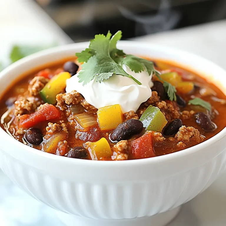 - 1 pound ground turkey - 1 medium onion, diced - 2 cloves garlic, minced - 1 bell pepper (red or green), chopped - 2 cans (15 oz) black beans, drained and rinsed - 1 can (15 oz) kidney beans, drained and rinsed - 1 can (28 oz) crushed tomatoes - 1 cup corn kernels (fresh or frozen) Ground turkey forms the base of this chili. It’s lean and cooks quickly. The vegetables add color and crunch. Diced onion and chopped bell pepper are my favorites. They bring out great flavors. The beans add protein and fiber. Black beans and kidney beans make this chili hearty. Crushed tomatoes give it a rich, saucy texture. Corn adds a sweet note, making the chili even more delicious. - 2 tablespoons chipotle in adobo sauce, chopped - 1 tablespoon chili powder - 1 teaspoon ground cumin - 1 teaspoon smoked paprika - Salt and pepper to taste - 1 tablespoon olive oil Spices bring life to this dish. Chipotle in adobo sauce adds heat and smokiness. I love using chili powder for its warm flavor. Ground cumin gives a nice earthy taste. Smoked paprika enhances the chili's depth. You can adjust salt and pepper to your taste. Olive oil helps cook the vegetables and turkey evenly. - Fresh cilantro - Sour cream or Greek yogurt Garnishes make each bowl special. Fresh cilantro adds a burst of freshness. It brightens the dish while balancing the heat. I often serve it with a dollop of sour cream or Greek yogurt. This adds creaminess and mellows the spice. These garnishes make your chili look great too! {{ingredient_image_1}} Start by heating 1 tablespoon of olive oil in a large pot or Dutch oven over medium heat. Once the oil is hot, add the diced onion and chopped bell pepper. Sauté these for about 5 to 7 minutes, until they soften. This step builds a great flavor base for your chili. Next, add 2 cloves of minced garlic to the pot. Cook it for about 1 minute. You want to smell that nice garlic aroma. It adds a nice kick to the dish. Now, stir in 1 pound of ground turkey. Use a spatula to break it up as it cooks. Brown the turkey for about 5 to 6 minutes. You want it cooked through and no longer pink. Once the turkey is browned, it’s time to spice things up. Add 2 tablespoons of chopped chipotle in adobo sauce, 1 tablespoon of chili powder, 1 teaspoon of ground cumin, and 1 teaspoon of smoked paprika. Don’t forget to sprinkle in salt and pepper to taste. Stir well to coat the turkey with those spices. Now, pour in 1 can of crushed tomatoes and stir in 2 cans of drained and rinsed black beans and 1 can of drained kidney beans. Mix everything well. Bring the mixture to a simmer, then reduce the heat to low. Let it simmer for at least 30 minutes. If you have time, let it simmer for up to 1 hour. This extra time deepens the flavors. Stir occasionally to prevent sticking. In the last 10 minutes of cooking, add 1 cup of corn kernels. Stir until heated through. Taste and adjust the seasoning if needed. Serve hot, and enjoy! To make your chili taste even better, let it simmer longer. A full hour brings out rich flavors. You want to stir it every so often. This helps all the spices blend well. If you find the flavor a bit weak, add more chipotle sauce or chili powder. Start with a small amount, taste, and adjust. Using a Dutch oven is best for this chili. It holds heat well and cooks evenly. However, a regular pot works too. Just watch the heat. You want a gentle simmer, not a fast boil. This helps keep the chili thick and rich. Stir occasionally to avoid sticking. Serving chili can be fun! You can use bowls or even bread bowls for a twist. Top it with fresh cilantro for color. A dollop of sour cream or Greek yogurt adds creaminess and balances heat. Serve with tortilla chips for a crunchy side. Pro Tips Use Fresh Ingredients: Fresh vegetables can enhance the flavor and texture of your chili. Opt for in-season produce whenever possible for the best results. Adjust the Spice Level: If you prefer a milder chili, reduce the amount of chipotle in adobo sauce. Conversely, if you like it extra spicy, add more or include some diced jalapeños. Let it Simmer: For the best flavor, allow your chili to simmer longer than the minimum time suggested. The flavors meld beautifully with extended cooking. Garnish for Flavor: Fresh cilantro and a dollop of sour cream or Greek yogurt not only look great but also add a refreshing contrast to the spiciness of the chili. {{image_2}} You can change the protein in this chili. Try ground beef or chicken. For a meat-free option, use lentils or mushrooms. They add a nice texture and flavor. You can also swap the beans. Use pinto beans or chickpeas if you prefer. Adding more veggies works too! Try zucchini, carrots, or spinach. These swaps can give your chili a new twist. To adjust the heat, change the chipotle amount. Start with one tablespoon and taste. You can add more if you like it spicier. For kids or those who dislike heat, use less chipotle. You can also add a pinch of sugar to balance the heat. Another option is to add more tomatoes to tone it down. Toppings make chili fun! Add shredded cheese, diced onions, or avocado on top. Fresh cilantro adds a nice touch too. You can serve this chili with cornbread or rice. The bread helps soak up the flavors. Rice adds a nice base and makes it filling. Get creative with your toppings and find your favorite combo! To keep your chili fresh, store leftovers in an airtight container. This method helps lock in flavors. Place the container in the fridge as soon as the chili cools down. Properly stored, your chili lasts about 3 to 4 days. Always check for signs of spoilage before eating. If you want to save chili for later, freezing is a great option. Use freezer-safe containers or bags for storage. Leave some space for expansion as the chili freezes. For best quality, eat frozen chili within 3 months. When ready to eat, thaw it in the fridge overnight. Reheat on the stove or in the microwave until hot. Leftover chili can inspire new meals. Try using it as a topping for baked potatoes or nachos. You can also mix it into pasta for a quick meal. Another idea is to make chili-stuffed peppers. These options give your leftovers a new life and keep meals exciting. Yes, you can make this chili ahead of time. It actually tastes better the next day. The flavors blend well if you let it sit. Here are some tips for batch cooking and flavor development: - Cook in bulk: Make a large batch and store leftovers. - Cool before storing: Let the chili cool down. This helps keep it fresh. - Use airtight containers: Store in the fridge for up to three days. - Freeze extras: Chili freezes well for up to three months. Just thaw before reheating. You can pair this chili with a variety of sides. Here are some common choices: - Cornbread: Soft, warm cornbread is a classic. - Rice: White or brown rice complements the chili well. - Tortilla chips: Crunchy chips add a nice texture. - Salad: A fresh salad balances the spiciness. - Sour cream: A dollop on top cools it down. Absolutely! You can adjust the spice to your liking. Here are some suggestions for changing the heat level: - Add more chipotle: Increase the chipotle in adobo for more spice. - Use fresh peppers: Add diced jalapeños or serranos. - Reduce chipotle: Cut back on chipotle for a milder taste. - Add sweet flavors: Mix in a bit of honey or brown sugar to balance heat. Feel free to customize it until it suits your taste! This blog post covered making Spicy Chipotle Turkey Chili. We looked at key ingredients, like ground turkey, beans, and spices. You learned step-by-step instructions for cooking and tips for enhancing flavor. We also explored variations and storage tips to save leftovers. In closing, chili is versatile and easy to adapt to your taste. Whether you prefer it spicy or mild, homemade chili brings comfort and joy. Get creative with garnishes and sides, and enjoy every bite.