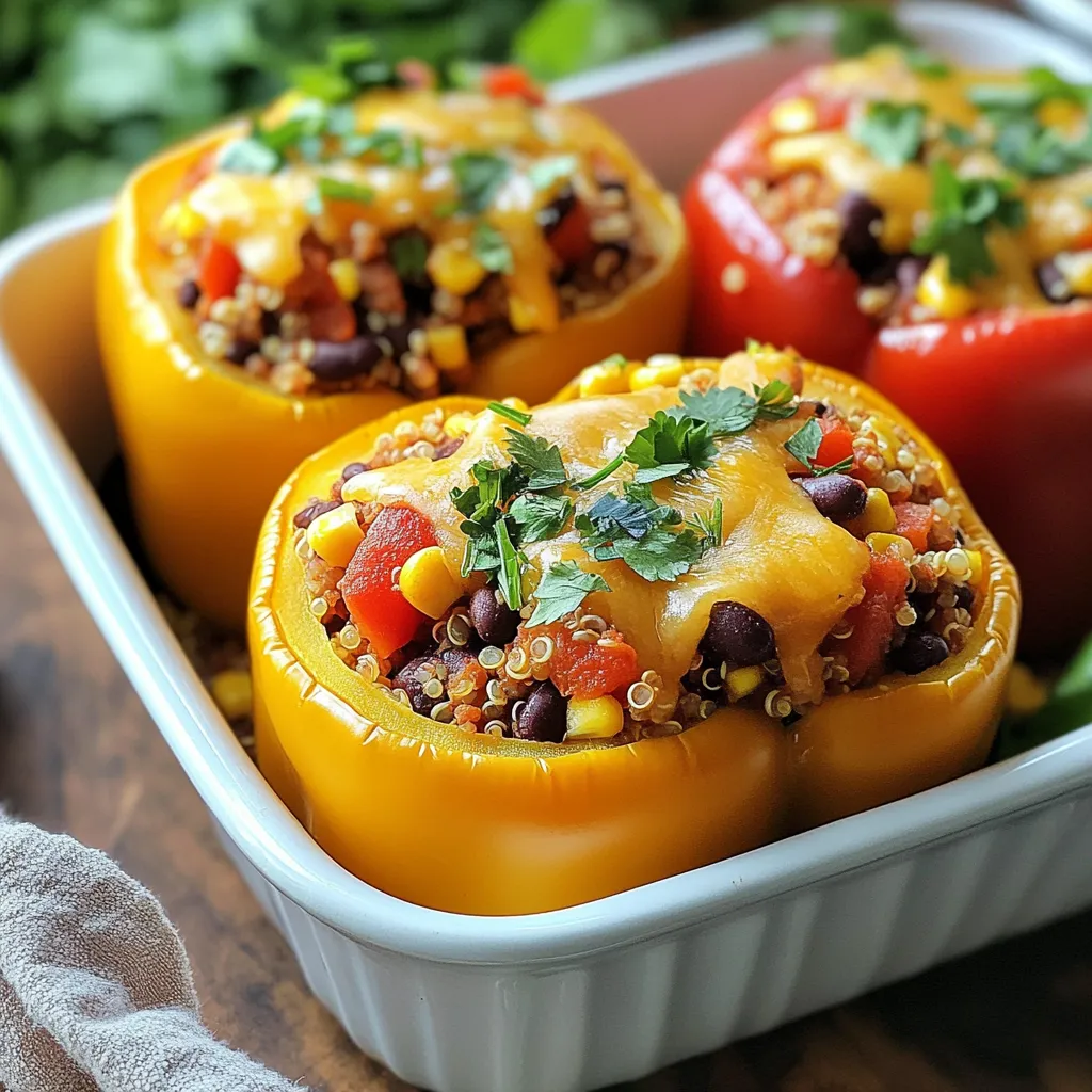 To make Chipotle Black Bean Stuffed Peppers, you will need: - 4 large bell peppers (any color) - 1 can (15 oz) black beans, rinsed and drained - 1 cup cooked quinoa - 1 cup corn (fresh or frozen) - 1 cup diced tomatoes (canned or fresh) - 1/2 cup red onion, finely chopped - 2 cloves garlic, minced - 2 tablespoons chipotle sauce (adjust for heat preference) - 1 teaspoon cumin - 1 teaspoon paprika - Salt and pepper to taste - 1 cup shredded cheese (cheddar or Mexican blend) - Fresh cilantro for garnish You can switch things up with: - Other beans like pinto or kidney beans - Brown rice instead of quinoa - Zucchini or mushrooms for added veggies - Different types of cheese, like Monterey Jack - Salsa for a kick instead of chipotle sauce When choosing fresh peppers, look for: - Bright, shiny skin without blemishes - Firm texture with no soft spots - A deep color, indicating ripeness - A fresh smell, which shows they are not old Select peppers that feel heavy for their size. These will have more flavor and juice. {{ingredient_image_1}} First, gather your bell peppers. Choose four large ones in any color you like. Rinse them under cool water. Next, slice the tops off each pepper. Use a small knife to cut carefully. Remove the seeds and membranes inside. This step is key for a tasty bite. Place the peppers upright in a lightly greased baking dish. This will hold them steady while they bake. In a large bowl, mix together the black beans and cooked quinoa. Add in the corn, diced tomatoes, red onion, and minced garlic. The black beans give a nice protein boost. Now, pour in the chipotle sauce. Adjust the amount if you want less heat. Sprinkle in the cumin and paprika for flavor. Finally, add salt and pepper to taste. Stir everything well until it’s all combined. This filling is where the magic happens. Now it’s time to fill the peppers. Spoon the filling into each pepper. Pack it tightly so it doesn’t spill out. Once filled, sprinkle shredded cheese on top of each pepper. This will melt into a delicious layer. Cover your baking dish with aluminum foil. Place it in the oven, which should be preheated to 375°F (190°C). Bake for 30 minutes. After that, remove the foil and bake for another 10-15 minutes. You want the peppers to be tender and the cheese bubbly. When they’re done, take them out and let them cool for a few minutes. Garnish with fresh cilantro for a pop of color and flavor. Enjoy your tasty Chipotle Black Bean Stuffed Peppers! To change the heat, you can add or reduce chipotle sauce. Start with one tablespoon for mild flavor. If you like more heat, add another tablespoon. You can also mix in diced jalapeños for a spicy kick. Taste the filling before you stuff the peppers. This way, you can find the right heat for you. To cook the peppers evenly, slice the tops off and remove seeds. Make sure they stand upright in the baking dish. This helps them cook well. Cover the dish with foil for the first half of baking. It traps steam, allowing the peppers to soften. Remove the foil later to let the cheese melt perfectly. For a great melt, use cheddar or a Mexican cheese blend. Both cheeses give a rich flavor and gooey texture. You can also try Monterey Jack for a creamier melt. If you want a twist, add some crumbled queso fresco on top after baking. This adds a lovely finish and extra flavor. Pro Tips Choose Colorful Peppers: Using a mix of red, yellow, and green bell peppers not only adds visual appeal but also a slight variation in flavor. Customize Your Heat Level: Adjust the amount of chipotle sauce based on your heat preference, or substitute with a milder salsa for a less spicy option. Make Ahead: You can prepare the stuffed peppers in advance and refrigerate them. Just bake them when you're ready to serve! Experiment with Toppings: Try adding avocado slices or a dollop of guacamole on top before serving for a creamy contrast to the spicy filling. {{image_2}} You can keep this dish fully vegetarian by using plant-based cheese. Look for brands that melt well to get that creamy topping we love. You can also add more veggies like zucchini or spinach to the filling. They add color and nutrition without changing the flavor much. If you want to add protein, try cooked chicken or beef. Chop them into small pieces and mix them in with the other filling ingredients. This will make your stuffed peppers heartier and more filling. Use about one cup of cooked meat to balance the flavors. This recipe is already gluten-free if you use gluten-free sauces. Check your chipotle sauce for any hidden gluten. Quinoa is naturally gluten-free, making it a great base. You can even swap corn for rice if you prefer. Just make sure all your ingredients are labeled gluten-free. To store leftovers, let the cooked peppers cool down. Place them in an airtight container. They will stay fresh for about 3 to 4 days in the fridge. Make sure to keep them covered. This way, they won’t dry out or absorb other smells. When you’re ready to eat, preheat your oven to 350°F (175°C). Place the stuffed peppers in an oven-safe dish. Cover them with foil to keep them moist. Heat for about 15 to 20 minutes. You can also use the microwave. Heat on high for 2 to 3 minutes. Check if they are warm enough, and enjoy! To freeze stuffed peppers, first, let them cool completely. Wrap each pepper in plastic wrap tightly. Then, place them in a freezer-safe bag. They can last up to 3 months in the freezer. When you are ready to eat, thaw them in the fridge overnight. Reheat as directed above, and savor the flavors! Yes, you can prepare these stuffed peppers ahead of time. Make the filling and stuff the peppers. Then, cover and store them in the fridge for up to 24 hours. When you are ready, bake them straight from the fridge. Just add a few extra minutes to the baking time to ensure they heat through. Stuffed peppers pair well with many sides. Here are some ideas: - A simple green salad with vinaigrette. - Cilantro lime rice for extra flavor. - A bowl of tortilla chips with salsa. - Creamy avocado slices on the side. - Sour cream or yogurt for a cool topping. To add more heat, consider these tips: - Increase the amount of chipotle sauce in the filling. - Add diced jalapeños or serrano peppers to the mixture. - Sprinkle crushed red pepper flakes on top before baking. - Serve with a spicy salsa or hot sauce on the side. Stuffed peppers are fun and easy to make. We covered ingredients, steps, and tips for perfect results. You can adjust spice levels and try many variations. Remember to store leftovers well and heat them properly. Stuffed peppers suit many tastes, making them great for any meal. Enjoy your cooking adventure and feel free to explore new ideas!